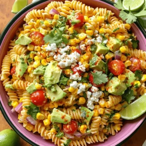 - 8 oz fusilli or bowtie pasta - 1 cup frozen or fresh corn - 1 red bell pepper - 1/2 cup red onion - 1 ripe avocado - 1/2 cup cherry tomatoes - 1/4 cup fresh cilantro - 1/2 cup queso fresco or feta cheese - 2 tablespoons mayonnaise - 2 tablespoons Greek yogurt - 1 tablespoon fresh lime juice - 1 teaspoon chili powder - Salt and pepper to taste When making my Tasty Mexican Street Corn Pasta Salad, I focus on fresh flavors. The main ingredients are simple yet vibrant. The pasta serves as a great base. I like using fusilli or bowtie pasta for fun shapes. Each bite brings joy! Corn adds sweetness. You can use frozen corn or fresh corn. If you go with fresh, grill it first to enhance its flavor. The red bell pepper adds a nice crunch. I always chop it into small pieces. The red onion gives a slight kick and color. Next, I include other fun ingredients. Avocado adds creaminess. I dice it just before serving to keep it fresh. Cherry tomatoes bring a burst of juiciness. I love cutting them in half for easy bites. Fresh cilantro adds a fresh taste. It lifts the whole dish. Finally, I sprinkle in some queso fresco or feta cheese. It brings a salty touch that balances the flavors. The dressing is key. I blend mayonnaise and Greek yogurt for creaminess. Fresh lime juice adds tang, while chili powder gives that classic street corn taste. I finish with salt and pepper to enhance all the flavors. For the full recipe, check out the details above! To start, fill a large pot with water and add salt. Bring the water to a boil. Once boiling, add 8 oz of fusilli or bowtie pasta. Cook it until it's al dente, which means it's firm but not hard. This usually takes about 8-10 minutes. After cooking, drain the pasta in a colander. Rinse it with cold water to stop the cooking. This cools the pasta down and keeps it from getting mushy. Next, take a big mixing bowl. Add the cooled pasta to the bowl. Now, add your veggies: 1 cup of frozen corn (or fresh grilled corn), 1 diced red bell pepper, 1/2 cup of finely chopped red onion, 1 diced avocado, 1/2 cup of halved cherry tomatoes, and 1/4 cup of chopped cilantro. Gently toss everything together. You want a nice mix without squishing the avocado. In a small bowl, measure out your dressing ingredients. Mix together 2 tablespoons of mayonnaise, 2 tablespoons of Greek yogurt, 1 tablespoon of fresh lime juice, and 1 teaspoon of chili powder. Add a pinch of salt and pepper for taste. Whisk until you get a smooth and creamy dressing. This will add a nice flavor to your salad. Now, pour the dressing over the pasta and vegetable mix. Use a spatula to carefully toss everything together. Make sure the pasta and veggies are evenly coated in the dressing. This makes every bite tasty. Next, fold in 1/2 cup of crumbled queso fresco or feta cheese. Be gentle while folding to keep the cheese pieces intact. You want the cheese to be well mixed but not broken down too much. This adds a nice creaminess to the salad. Finally, it’s time to taste your salad. Adjust the seasoning with more salt or pepper if needed. For the best flavor, let the salad chill in the fridge for about 15-30 minutes. This allows the flavors to blend nicely. Once chilled, your Tasty Mexican Street Corn Pasta Salad is ready to enjoy! To avoid overcooking pasta, set a timer. Follow package instructions for cooking time. Check for al dente texture, which means it should be firm to the bite. After cooking, drain the pasta right away. Rinse it under cold water to cool it off. This step stops the cooking process and helps the pasta stay perfect. Using fresh corn gives the best taste. If it's not in season, frozen corn works well too. Just make sure to cook it briefly for a fresh crunch. For cheese, choose queso fresco or feta. Queso fresco offers a milder flavor, while feta adds a tangy touch. Both melt beautifully into the salad. You can serve the salad in a large bowl for a family-style meal. For parties, individual portions look great too. It makes serving easy and fun! To garnish, sprinkle extra cilantro and chili powder on top. This adds color and flavor. Serve with lime wedges on the side for a zesty kick. Enjoy your tasty creation! For the full recipe, check [Full Recipe]. {{image_4}} You can switch up the pasta type in this salad. Try using penne or rotini for a fun twist. These shapes hold the dressing well and add texture. You can also add different vegetables based on what you like. For example, add diced cucumber for crunch or sliced radishes for a peppery bite. Mixing in black beans offers protein and makes the dish heartier. If you love heat, add jalapeños or a splash of hot sauce. These spicy additions can really elevate the dish. You can also swap fresh herbs for a new taste. Try parsley for a mild flavor or use green onions for a pop of color and taste. Each option brings its unique flair to the salad. For gluten-free needs, use gluten-free pasta. Many brands offer options that taste great. If you want a vegan salad, replace the dressing with a mix of olive oil and lime juice. You can also use avocado instead of cheese. These changes keep the salad tasty and friendly for various diets. You can store Tasty Mexican Street Corn Pasta Salad in the refrigerator. Keep it in an airtight container. This helps maintain freshness. I recommend eating it within three days for best taste. For long-term storage, you can freeze the salad. However, I suggest freezing only the pasta and corn. Avoid freezing the fresh veggies or dressing. When ready to eat, thaw it overnight in the fridge. Reheat the pasta and corn gently in a pan. Add fresh veggies and dressing afterward. In the fridge, the salad lasts about three days. Look for signs of spoilage. If the salad smells sour or the veggies appear mushy, it's time to toss it. Always trust your senses when it comes to food safety. Enjoy your salad while it's fresh! Serve this salad cold for the best taste. Pair it with grilled chicken or shrimp. You can also enjoy it with tortilla chips for a crunchy side. A fresh lime wedge adds a nice touch of zest. Yes, you can make this salad the day before. Just store it in the fridge. This allows the flavors to blend well. If you add avocado, wait until serving to keep it fresh. Absolutely! This salad is great for meal prep. Divide it into small containers for easy lunches. It keeps well in the fridge for up to three days. Add diced jalapeños for heat. You can also sprinkle hot sauce on top. If you like more spice, try using chipotle powder in the dressing. Yes, you can use Greek yogurt instead of mayonnaise. Sour cream is another good option. For a lighter choice, try avocado or a vinaigrette. Queso fresco is milder and crumbly. It has a fresh, creamy taste typical of Mexican dishes. Feta is tangier and saltier, commonly used in Mediterranean cuisine. Both add a nice touch to your salad. This post showed you how to make a tasty Mexican street corn pasta salad. You learned about all the key ingredients, including pasta, veggies, and cheese. I shared easy steps for cooking and mixing, plus helpful tips to make it shine. You can even customize it to fit your taste. Now, gather your fresh ingredients, and enjoy making this delightful dish. Trust me, your taste buds will thank you!