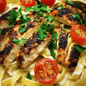 - 2 boneless, skinless chicken breasts - 2 tablespoons Cajun seasoning - 2 tablespoons olive oil - Salt and freshly ground black pepper, to taste - 8 oz (225g) fettuccine pasta - 1 cup (240ml) heavy cream - ½ cup (50g) grated Parmesan cheese - 2 tablespoons unsalted butter - 3 cloves garlic, minced - 1 cup cherry tomatoes, halved - Fresh parsley, chopped, for garnish When I create Blackened Cajun Chicken Alfredo, I love using fresh ingredients. The chicken is the star, and I always choose boneless, skinless breasts for ease. The Cajun seasoning gives it that kick, while the olive oil keeps it moist. Salt and pepper enhance the flavor, so don't hold back. For the pasta, I prefer fettuccine. Its wide shape holds the sauce well. The heavy cream makes the dish rich, and the grated Parmesan adds a nice cheesy touch. Garlic is a must for aroma and taste. Cherry tomatoes add freshness and a pop of color. Finally, I use parsley as a garnish to make the dish lively and inviting. If you want to switch things up, consider these ideas: - Alternative seasonings and proteins: Try blackening shrimp or tofu instead of chicken. - Dairy-free options: Use coconut milk and nutritional yeast for a creamy taste. - Gluten-free pasta choices: Opt for gluten-free fettuccine or spiralized veggies like zucchini. These options let you enjoy this dish no matter your dietary needs. For the full recipe, check back to see how everything comes together! To start, dry the chicken breasts with a paper towel. This helps the spices stick better. Next, season both sides with salt, pepper, and Cajun seasoning. Press the spices into the meat for strong flavor. Now, heat a skillet on medium-high. Add olive oil when hot. Place the seasoned chicken in the skillet carefully. Cook for about 6 to 7 minutes on each side. You want a nice blackened crust. Once cooked, take the chicken out and let it rest on a cutting board. While the chicken rests, bring a large pot of salted water to a boil. Add the fettuccine to the boiling water. Cook the pasta according to the package instructions until it’s al dente. Before draining, reserve about half a cup of the pasta water. This starchy water helps the sauce later. After that, drain the pasta and set it aside. Using the same skillet from the chicken, lower the heat to medium. Melt the butter in the skillet. Then add minced garlic and sauté for one minute. Make sure the garlic does not burn. Next, pour in the heavy cream and let it simmer gently. Stir it for 2 to 3 minutes. This builds a rich base for your sauce. Add the grated Parmesan cheese and mix well until it melts. If the sauce feels too thick, add some reserved pasta water. Stir until you reach the creaminess you want. Toss the cooked fettuccine into the Alfredo sauce. Make sure each piece of pasta is well coated. Then, add the halved cherry tomatoes. Their fresh taste blends perfectly with the creamy sauce. Slice the rested blackened chicken into strips. Place the slices on top of the creamy pasta. For the final touch, sprinkle freshly chopped parsley over the dish. This adds color and freshness to your meal. Enjoy your flavorful creation! - Ensuring chicken remains juicy: Start with dry chicken breasts. Pat them with a paper towel. This helps the seasoning stick better. Cook the chicken over medium-high heat. This gives a nice crust while keeping the inside juicy. Rest the chicken after cooking. This locks in more juice. - Perfecting the Alfredo sauce texture: Use heavy cream for a rich sauce. Heat it slowly with melted butter and garlic. Stir constantly to avoid lumps. If the sauce is too thick, add a bit of reserved pasta water. This keeps it creamy and smooth. - Timing of ingredients for optimized flavor: Cook the pasta while the chicken rests. This saves time and keeps everything hot. Add the cherry tomatoes just before serving. This keeps them fresh and juicy, adding a burst of flavor. - Pairing sides and garnishes: Garlic bread pairs well with this dish. A simple green salad adds a fresh touch. Top your meal with fresh parsley for color and flavor. - Wine pairings for an enhanced meal: A chilled Chardonnay works well with this dish. Its buttery notes match the creamy sauce. If you prefer red, a light Pinot Noir complements the spices. - Bowl and plate presentation tips: Use wide, shallow bowls to show off the pasta. Layer the sliced chicken on top. Drizzle some sauce over the chicken for a nice look. Finish with a sprinkle of parsley for added color. - Overcooking the chicken: Keep an eye on the time. Chicken should take about 6-7 minutes per side. Use a meat thermometer if needed. The internal temperature should reach 165°F (75°C). - Making a lumpy sauce: Stir the sauce while it heats. This helps prevent lumps. If lumps do form, whisk them out while cooking. - Skipping the resting period for chicken: Let the chicken rest for a few minutes after cooking. This allows juices to settle, making it more tender. Cutting too soon makes it dry. Follow these tips for a flavorful and successful Blackened Cajun Chicken Alfredo. For the complete recipe, check out the Full Recipe section. {{image_4}} You can easily adjust this Blackened Cajun Chicken Alfredo to suit your taste. Here are some fun ideas: - Spicy Blackened Cajun Chicken Alfredo: For those who love heat, add more Cajun seasoning. You can also include diced jalapeños or a dash of hot sauce. This will kick up the flavor and make your dish pop. - Vegetarian options with veggies: Swap the chicken for veggies like bell peppers, zucchini, or mushrooms. Sauté them in the skillet to add depth. This makes a tasty dish that everyone can enjoy. - Healthy twists using whole grain pasta: Try using whole grain fettuccine for a healthier choice. This adds fiber while keeping the creamy goodness of the Alfredo sauce. Want to mix things up even more? Here are some ways to bring global flavors into your dish: - Adding global spices and flavors: Consider adding spices like curry powder or smoked paprika. These can give your dish a unique twist while enhancing the Cajun flavor. - Incorporating different types of cheese: Instead of just Parmesan, try mixing in some goat cheese or feta. This will add a creamy texture and a new layer of taste. - Fusion recipes with other cuisines: You can create a fusion dish by incorporating elements from different cuisines. For instance, try adding some Asian-inspired ingredients like soy sauce or sesame oil for a unique take. Feel free to explore these variations and make this dish your own! For the complete cooking experience, check out the full recipe. To store your Blackened Cajun Chicken Alfredo, first let it cool down. I recommend leaving it at room temperature for no more than two hours. Once cooled, place it in an airtight container. This keeps the dish fresh and safe. Always make sure to remove as much air as possible from the container. This helps prevent freezer burn if you choose to freeze it later. For refrigeration, keep the leftovers in the fridge. They will stay fresh for up to three days. Remember to label the container with the date. This way, you know when it’s best to eat them. To reheat your pasta, use a microwave or stovetop. If using a microwave, place the pasta in a microwave-safe bowl. Add a splash of cream or water to keep it moist. Heat it in short bursts, stirring in between until hot. If you prefer the stovetop, heat a skillet over low heat. Add a little cream or butter to the pan. Then, stir in the pasta gently. This will help keep the sauce creamy and smooth. Avoid high heat, as it can make the sauce separate. You can freeze portions of Blackened Cajun Chicken Alfredo for up to three months. Just make sure to let it cool completely first. Use freezer-safe containers or bags. Make sure to label them with the date and contents. For best results, consider freezing in single servings. This way, you can thaw only what you need. If using bags, lay them flat in the freezer. Once frozen, you can stack them to save space. To add heat, use more Cajun seasoning. You can also add crushed red pepper flakes. For an extra kick, try a hot sauce in the Alfredo sauce. Adjust according to your taste! Yes, you can swap fettuccine for other pasta. Penne, rigatoni, or even gluten-free pasta work well. Just cook it according to the package instructions. The sauce will coat any pasta nicely. This dish pairs well with a fresh salad or garlic bread. You might also enjoy it with steamed veggies. Consider serving a light white wine to enhance the meal. From start to finish, this dish takes about 35 minutes. You’ll spend 15 minutes prepping and 20 minutes cooking. It’s quick for a gourmet meal! Absolutely! Use a dairy-free cream like coconut cream or almond milk. For cheese, try nutritional yeast or a dairy-free cheese alternative. Adjust seasonings to balance flavors. Check the Full Recipe for more tips! This recipe for Blackened Cajun Chicken Alfredo is simple and packed with flavor. We covered all the steps, from choosing your ingredients to perfecting the sauce. Remember, golden chicken and creamy sauce make a great meal. You can even switch up ingredients for various tastes or dietary needs. Don't hesitate to try different sides and presentation styles for a special touch. Proper storage helps keep leftovers tasty. Enjoy this dish, and feel confident making it your own!