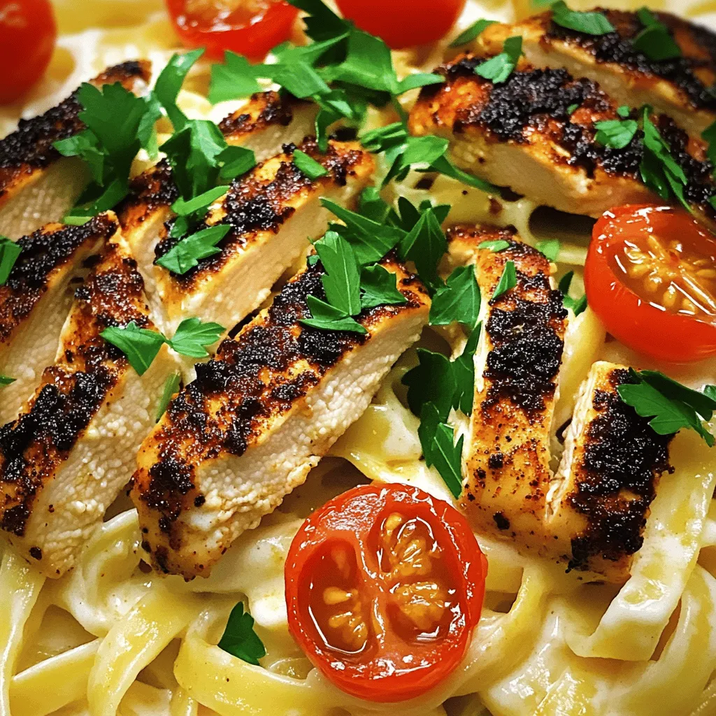 - 2 boneless, skinless chicken breasts - 2 tablespoons Cajun seasoning - 2 tablespoons olive oil - Salt and freshly ground black pepper, to taste - 8 oz (225g) fettuccine pasta - 1 cup (240ml) heavy cream - ½ cup (50g) grated Parmesan cheese - 2 tablespoons unsalted butter - 3 cloves garlic, minced - 1 cup cherry tomatoes, halved - Fresh parsley, chopped, for garnish When I create Blackened Cajun Chicken Alfredo, I love using fresh ingredients. The chicken is the star, and I always choose boneless, skinless breasts for ease. The Cajun seasoning gives it that kick, while the olive oil keeps it moist. Salt and pepper enhance the flavor, so don't hold back. For the pasta, I prefer fettuccine. Its wide shape holds the sauce well. The heavy cream makes the dish rich, and the grated Parmesan adds a nice cheesy touch. Garlic is a must for aroma and taste. Cherry tomatoes add freshness and a pop of color. Finally, I use parsley as a garnish to make the dish lively and inviting. If you want to switch things up, consider these ideas: - Alternative seasonings and proteins: Try blackening shrimp or tofu instead of chicken. - Dairy-free options: Use coconut milk and nutritional yeast for a creamy taste. - Gluten-free pasta choices: Opt for gluten-free fettuccine or spiralized veggies like zucchini. These options let you enjoy this dish no matter your dietary needs. For the full recipe, check back to see how everything comes together! To start, dry the chicken breasts with a paper towel. This helps the spices stick better. Next, season both sides with salt, pepper, and Cajun seasoning. Press the spices into the meat for strong flavor. Now, heat a skillet on medium-high. Add olive oil when hot. Place the seasoned chicken in the skillet carefully. Cook for about 6 to 7 minutes on each side. You want a nice blackened crust. Once cooked, take the chicken out and let it rest on a cutting board. While the chicken rests, bring a large pot of salted water to a boil. Add the fettuccine to the boiling water. Cook the pasta according to the package instructions until it’s al dente. Before draining, reserve about half a cup of the pasta water. This starchy water helps the sauce later. After that, drain the pasta and set it aside. Using the same skillet from the chicken, lower the heat to medium. Melt the butter in the skillet. Then add minced garlic and sauté for one minute. Make sure the garlic does not burn. Next, pour in the heavy cream and let it simmer gently. Stir it for 2 to 3 minutes. This builds a rich base for your sauce. Add the grated Parmesan cheese and mix well until it melts. If the sauce feels too thick, add some reserved pasta water. Stir until you reach the creaminess you want. Toss the cooked fettuccine into the Alfredo sauce. Make sure each piece of pasta is well coated. Then, add the halved cherry tomatoes. Their fresh taste blends perfectly with the creamy sauce. Slice the rested blackened chicken into strips. Place the slices on top of the creamy pasta. For the final touch, sprinkle freshly chopped parsley over the dish. This adds color and freshness to your meal. Enjoy your flavorful creation! - Ensuring chicken remains juicy: Start with dry chicken breasts. Pat them with a paper towel. This helps the seasoning stick better. Cook the chicken over medium-high heat. This gives a nice crust while keeping the inside juicy. Rest the chicken after cooking. This locks in more juice. - Perfecting the Alfredo sauce texture: Use heavy cream for a rich sauce. Heat it slowly with melted butter and garlic. Stir constantly to avoid lumps. If the sauce is too thick, add a bit of reserved pasta water. This keeps it creamy and smooth. - Timing of ingredients for optimized flavor: Cook the pasta while the chicken rests. This saves time and keeps everything hot. Add the cherry tomatoes just before serving. This keeps them fresh and juicy, adding a burst of flavor. - Pairing sides and garnishes: Garlic bread pairs well with this dish. A simple green salad adds a fresh touch. Top your meal with fresh parsley for color and flavor. - Wine pairings for an enhanced meal: A chilled Chardonnay works well with this dish. Its buttery notes match the creamy sauce. If you prefer red, a light Pinot Noir complements the spices. - Bowl and plate presentation tips: Use wide, shallow bowls to show off the pasta. Layer the sliced chicken on top. Drizzle some sauce over the chicken for a nice look. Finish with a sprinkle of parsley for added color. - Overcooking the chicken: Keep an eye on the time. Chicken should take about 6-7 minutes per side. Use a meat thermometer if needed. The internal temperature should reach 165°F (75°C). - Making a lumpy sauce: Stir the sauce while it heats. This helps prevent lumps. If lumps do form, whisk them out while cooking. - Skipping the resting period for chicken: Let the chicken rest for a few minutes after cooking. This allows juices to settle, making it more tender. Cutting too soon makes it dry. Follow these tips for a flavorful and successful Blackened Cajun Chicken Alfredo. For the complete recipe, check out the Full Recipe section. {{image_4}} You can easily adjust this Blackened Cajun Chicken Alfredo to suit your taste. Here are some fun ideas: - Spicy Blackened Cajun Chicken Alfredo: For those who love heat, add more Cajun seasoning. You can also include diced jalapeños or a dash of hot sauce. This will kick up the flavor and make your dish pop. - Vegetarian options with veggies: Swap the chicken for veggies like bell peppers, zucchini, or mushrooms. Sauté them in the skillet to add depth. This makes a tasty dish that everyone can enjoy. - Healthy twists using whole grain pasta: Try using whole grain fettuccine for a healthier choice. This adds fiber while keeping the creamy goodness of the Alfredo sauce. Want to mix things up even more? Here are some ways to bring global flavors into your dish: - Adding global spices and flavors: Consider adding spices like curry powder or smoked paprika. These can give your dish a unique twist while enhancing the Cajun flavor. - Incorporating different types of cheese: Instead of just Parmesan, try mixing in some goat cheese or feta. This will add a creamy texture and a new layer of taste. - Fusion recipes with other cuisines: You can create a fusion dish by incorporating elements from different cuisines. For instance, try adding some Asian-inspired ingredients like soy sauce or sesame oil for a unique take. Feel free to explore these variations and make this dish your own! For the complete cooking experience, check out the full recipe. To store your Blackened Cajun Chicken Alfredo, first let it cool down. I recommend leaving it at room temperature for no more than two hours. Once cooled, place it in an airtight container. This keeps the dish fresh and safe. Always make sure to remove as much air as possible from the container. This helps prevent freezer burn if you choose to freeze it later. For refrigeration, keep the leftovers in the fridge. They will stay fresh for up to three days. Remember to label the container with the date. This way, you know when it’s best to eat them. To reheat your pasta, use a microwave or stovetop. If using a microwave, place the pasta in a microwave-safe bowl. Add a splash of cream or water to keep it moist. Heat it in short bursts, stirring in between until hot. If you prefer the stovetop, heat a skillet over low heat. Add a little cream or butter to the pan. Then, stir in the pasta gently. This will help keep the sauce creamy and smooth. Avoid high heat, as it can make the sauce separate. You can freeze portions of Blackened Cajun Chicken Alfredo for up to three months. Just make sure to let it cool completely first. Use freezer-safe containers or bags. Make sure to label them with the date and contents. For best results, consider freezing in single servings. This way, you can thaw only what you need. If using bags, lay them flat in the freezer. Once frozen, you can stack them to save space. To add heat, use more Cajun seasoning. You can also add crushed red pepper flakes. For an extra kick, try a hot sauce in the Alfredo sauce. Adjust according to your taste! Yes, you can swap fettuccine for other pasta. Penne, rigatoni, or even gluten-free pasta work well. Just cook it according to the package instructions. The sauce will coat any pasta nicely. This dish pairs well with a fresh salad or garlic bread. You might also enjoy it with steamed veggies. Consider serving a light white wine to enhance the meal. From start to finish, this dish takes about 35 minutes. You’ll spend 15 minutes prepping and 20 minutes cooking. It’s quick for a gourmet meal! Absolutely! Use a dairy-free cream like coconut cream or almond milk. For cheese, try nutritional yeast or a dairy-free cheese alternative. Adjust seasonings to balance flavors. Check the Full Recipe for more tips! This recipe for Blackened Cajun Chicken Alfredo is simple and packed with flavor. We covered all the steps, from choosing your ingredients to perfecting the sauce. Remember, golden chicken and creamy sauce make a great meal. You can even switch up ingredients for various tastes or dietary needs. Don't hesitate to try different sides and presentation styles for a special touch. Proper storage helps keep leftovers tasty. Enjoy this dish, and feel confident making it your own!