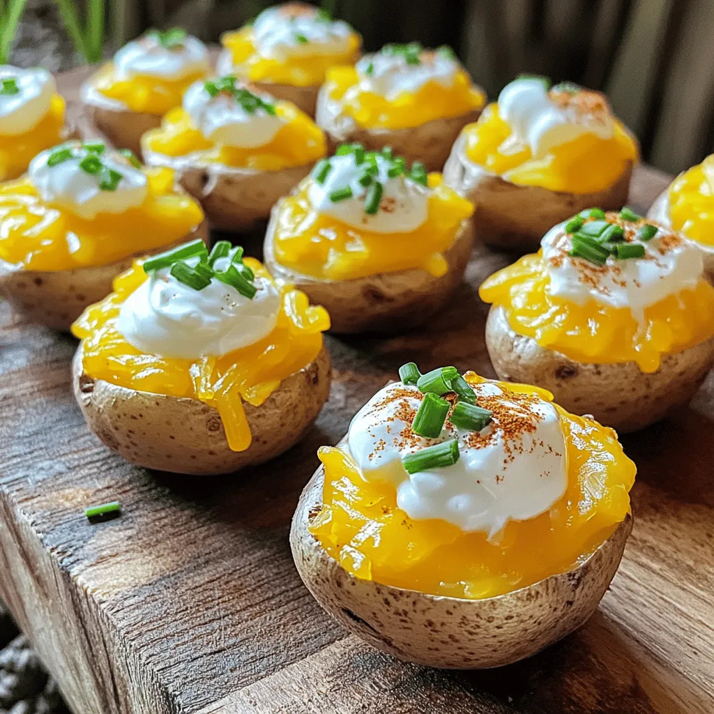 - 12 baby potatoes - 3 tablespoons olive oil - 1 teaspoon garlic powder - 1 teaspoon onion powder - 1 teaspoon smoked paprika - Salt and freshly ground black pepper to taste These main ingredients create the base of your mini baked potatoes. The baby potatoes are key for a perfect bite-sized treat. Olive oil helps make them crispy, while garlic and onion powders add flavor. Smoked paprika gives a nice, warm touch. - 1/2 cup sour cream - 1/4 cup fresh chives, finely chopped - 1/4 cup shredded sharp cheddar cheese These toppings turn your potatoes into a delightful dish. Sour cream adds creaminess, while chives bring a fresh taste. Sharp cheddar cheese melts beautifully and adds richness. - Other seasonings (e.g., herbs, spices) - Additional toppings (e.g., bacon bits, green onions) Feel free to get creative! You can add your favorite herbs or spices to the mix. Bacon bits offer a savory crunch, and green onions add a slight bite. Tailor these mini baked potatoes to your taste. For the full recipe, check out the instructions provided. 1. Preheat your oven to 400°F (200°C). This step is key for even cooking. 2. Wash the baby potatoes under running water. This removes dirt and grit. 3. Dry them well with a clean towel. Moist potatoes can steam instead of bake. 1. In a large bowl, mix the olive oil, garlic powder, onion powder, smoked paprika, salt, and pepper. 2. Add the washed potatoes into the bowl. Toss until they are fully coated. This helps lock in delicious flavors. 1. Spread the seasoned potatoes on a baking sheet. Keep them in a single layer. 2. Bake for 25-30 minutes. Check with a fork; it should pierce easily to show doneness. 1. After baking, let the potatoes cool a bit. Then, slice each potato in half lengthwise. 2. Scoop out some flesh gently, leaving a thin layer for support. Set the flesh aside for the filling. 1. In a bowl, mix the scooped potato flesh with sour cream, chives, and cheddar cheese. Stir until creamy. 2. Fill each potato half with this mixture. Pack it in well for a rich bite. 3. Return the filled potatoes to the baking sheet. Bake for another 5-10 minutes to melt the cheese. These mini baked potatoes are sure to impress your guests. For the full recipe, check out the detailed instructions. To make sure your mini baked potatoes cook evenly, choose potatoes that are similar in size. This way, they will bake at the same rate. When you coat them with olive oil and spices, spread them out on the baking sheet. Leave space between them so air can flow. This helps them get crispy. For temperature, preheat your oven to 400°F (200°C). This hot temperature helps the outside get golden and crisp, while the inside stays soft. If you bake at a lower temperature, they may not turn out as great. Garnishing makes your mini baked potatoes look even better! You can add more chopped chives on top for color and flavor. A sprinkle of paprika adds a nice touch, too. When you serve them, place the potatoes on a decorative platter. This makes a lovely display for guests. You can even pair them with a simple green salad for a balanced meal. If you have leftovers, store them in an airtight container. Keep them in the fridge for up to three days. To keep them fresh, let them cool down before sealing. When you are ready to eat again, you can reheat them in the oven. Set the oven to 350°F (175°C) and bake for about 10-15 minutes. This will help them regain their crispy texture. You can also microwave them, but they may not be as crispy. For the best flavor, enjoy them fresh from the oven. For the full recipe, check out the details above! {{image_4}} Mini baked potatoes are great for customizing. You can add many tasty toppings. For a vegetarian twist, try these: - Avocado - Salsa - Greek yogurt - Black beans If you love meat, go for: - Crispy bacon bits - Pulled pork - Shredded chicken Each topping brings its own flavor. Mix and match to find your favorite! You can spice things up with different flavors. For a kick, add: - Jalapeños - Hot sauce - Sriracha If you want to explore global tastes, try: - Italian herbs like oregano and basil - Curry powder for an exotic twist These flavors can change your mini baked potatoes into a whole new dish! You don’t have to bake these potatoes all the time. An air fryer is a fun option. Just follow these steps: 1. Preheat the air fryer to 400°F (200°C). 2. Season your mini potatoes as usual. 3. Place them in the air fryer basket. 4. Cook for about 15-20 minutes, shaking halfway through. Grilling is another tasty method. Here’s how: 1. Preheat your grill to medium heat. 2. Wrap each potato in foil. 3. Grill for 25-30 minutes, turning occasionally. These methods add a delicious twist to your mini baked potatoes. They stay crispy and full of flavor! For more details on making these treats, check out the Full Recipe. Mini baked potatoes are not just tasty; they are also nutritious. Each serving of these mini baked potatoes has about 250 calories. This makes them a good choice for a snack or side dish. The macronutrient breakdown includes: - Carbohydrates: 30 grams - Protein: 6 grams - Fat: 12 grams You can make mini baked potatoes even healthier! To reduce fat or calories, use less olive oil. You could also try using Greek yogurt instead of sour cream. This swaps out some calories while keeping the taste. For gluten-free options, just check your spices. Most are naturally gluten-free. This means you can enjoy these potatoes without worry. Mini baked potatoes can fit into many diets. They can easily be vegetarian or vegan. For a vegan twist, skip the cheese and sour cream. Use cashew cream or avocado instead. If you have allergies, be cautious. The recipe includes dairy from cheese and sour cream. Always check labels for gluten if you have sensitivities. This way, you can enjoy these mini baked potatoes safely. For the full recipe, check out Mini Baked Potatoes Delight. How do I know when mini baked potatoes are done? You can check if mini baked potatoes are done by piercing one with a fork. If it feels soft inside, they are ready. The outside should also look golden brown. This means they have a nice crispy skin. Can I prepare mini baked potatoes in advance? Yes, you can prepare mini baked potatoes ahead of time. Bake them and fill them with the mixture. Then, store them in the fridge. When you are ready to serve, just heat them in the oven until warm. Can I use larger potatoes? You can use larger potatoes, but they will need more time to cook. Adjust the baking time to around 40-50 minutes. Check them with a fork for doneness. How to adjust cooking time for frozen potatoes? If you use frozen potatoes, extend the baking time by 10-15 minutes. Make sure to check them for tenderness. Frozen potatoes may need a little extra love to cook just right. What can I use instead of sour cream? You can use Greek yogurt as a great substitute for sour cream. It adds a similar tangy flavor and is creamy too. You could also try cream cheese for a richer taste. Is it possible to use a different type of cheese? Yes, you can use different types of cheese. Creamy goat cheese or mozzarella can work well. Each cheese will give a unique taste to your mini baked potatoes. Try what you love! In this article, we explored how to make mini baked potatoes, starting from the right ingredients to the best cooking methods. You learned about seasonings, fillings, and variations to suit your taste. Remember, you can switch ingredients to create many flavors. Creating this dish can be simple and fun. Enjoy trying different toppings and methods for a unique twist. Your mini baked potatoes will impress anyone who tries them. Happy cooking!