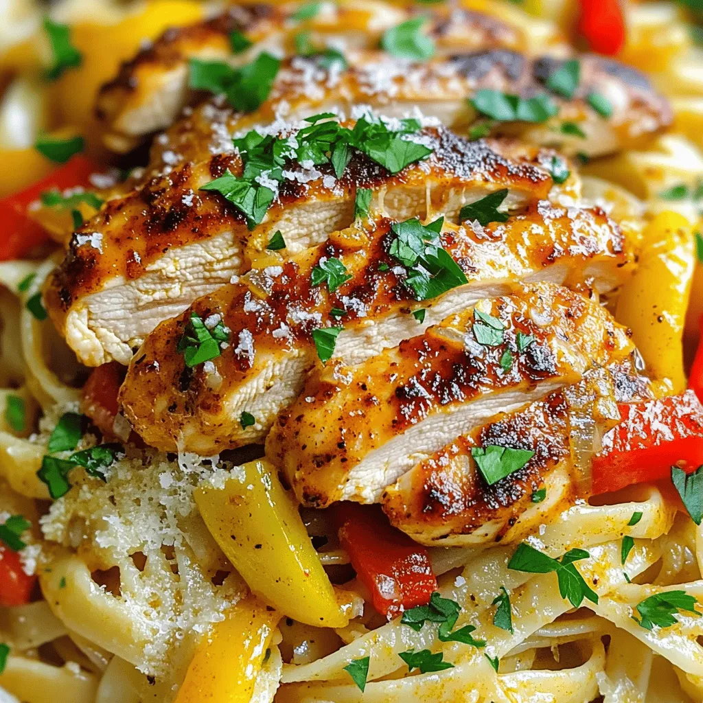 To make this dish, you need the following ingredients: - 2 boneless, skinless chicken breasts - 8 oz fettuccine pasta - 3 tablespoons Cajun seasoning - 2 tablespoons honey - 4 tablespoons unsalted butter - 1 tablespoon olive oil - 1 bell pepper (red or yellow), thinly sliced - 1 small onion, thinly sliced - 3 cloves garlic, minced - 1 cup chicken broth - ½ cup heavy cream - Salt and pepper to taste - Fresh parsley, finely chopped (for garnish) - Grated Parmesan cheese (optional) I love to play with flavors. You can add a pinch of cayenne for heat or smoked paprika for depth. A splash of lemon juice brightens the dish and adds freshness. Try fresh basil for a herb twist. You can also swap fettuccine for penne or spaghetti based on your preference. Gather these tools to make your cooking easier: - Large pot for boiling pasta - Large skillet for cooking chicken and sauce - Cutting board for chopping vegetables - Sharp knife for slicing - Wooden spoon for stirring - Measuring spoons for accurate seasoning Ready to dive into the Full Recipe? Enjoy the cooking journey! To start, grab a large pot and fill it with water. Add a good amount of salt to the water. Bring the water to a rolling boil. Once boiling, add the fettuccine. Cook it for about 8 to 10 minutes or until it is al dente. After cooking, drain the pasta and save half a cup of the pasta water. Set the pasta aside for later. While the pasta cooks, take your chicken breasts and season them. Sprinkle Cajun seasoning, salt, and pepper on both sides. Make sure each piece is covered well. Next, heat a large skillet over medium heat and add olive oil. When the oil is hot, place the seasoned chicken breasts in the skillet. Cook for 6 to 7 minutes on each side. Look for a golden color and ensure the chicken is no longer pink inside. After cooking, remove the chicken and let it rest. Slice it into strips. Now, in the same skillet, melt butter over medium heat. Add sliced onions, bell peppers, and minced garlic. Sauté these for about 4 to 5 minutes until they are soft and smell great. After that, pour in chicken broth and honey. Use a wooden spoon to scrape up any bits left from the chicken. Let this mixture simmer for 5 minutes. Stir in heavy cream and cook for another 2 to 3 minutes until the sauce thickens a bit. Time to bring it all together! Add your cooked fettuccine and sliced chicken into the skillet with the sauce. Toss everything gently, making sure the pasta and chicken are well-coated. If the sauce is too thick, add some reserved pasta water a little at a time until it reaches your desired consistency. Taste the dish and adjust the seasoning with salt and pepper if needed. Serve it hot, garnished with fresh parsley and, if you like, some grated Parmesan cheese. For the full recipe, check the earlier sections. Enjoy your cooking! To cook the best chicken, follow these tips: - Use fresh chicken. Fresh chicken tastes better and cooks well. - Season well. Use Cajun seasoning, salt, and pepper for great flavor. - Let it rest. After cooking, let your chicken sit for a few minutes. This keeps it juicy. For even cooking, use a meat thermometer. The chicken should reach 165°F inside. This way, the chicken stays moist and safe to eat. A creamy sauce makes the dish shine. Here’s how to get it just right: - Start with chicken broth. It adds flavor and helps with thickness. - Use heavy cream. This gives your sauce a rich and smooth texture. - Adjust with pasta water. If the sauce is too thick, add reserved pasta water slowly. This helps you reach your desired consistency. Let the sauce simmer. This allows the flavors to blend nicely. A good sauce coats the pasta well without being too runny. Presentation adds excitement to your meal. Here are some ideas: - Use wide bowls. They allow you to arrange pasta beautifully. - Garnish with parsley. This adds color and a fresh taste. - Sprinkle Parmesan cheese on top. It gives a nice finish and extra flavor. For a pop of color, add a slice of lemon on the side. This not only looks great but also adds a hint of brightness to each bite. {{image_4}} You can switch up the pasta for this dish. Try using penne, rotini, or even whole wheat pasta. Each type brings a unique taste and texture. Gluten-free pasta is also a great choice. It will keep the dish friendly for those with gluten sensitivities. Just remember to cook it according to the package instructions. If you want to change the protein, consider shrimp or sausage. Both options pair well with Cajun flavors. You can use firm tofu for a plant-based option. Simply replace the chicken with an equal amount of your chosen protein. For shrimp, cook it for about 3-4 minutes until pink. For sausage, slice and sauté until cooked through. To make this dish vegetarian, skip the chicken and use mushrooms instead. They add a nice texture and flavor. For a vegan version, use plant-based butter and cream. Coconut cream works well as a substitute. It adds a touch of sweetness that complements the honey. With these swaps, you can enjoy a delicious meal while keeping it plant-based. For the full recipe, check out the link provided. To store leftovers, let the dish cool first. Place the chicken and pasta in an airtight container. Make sure to separate the sauce to keep the pasta from getting soggy. Store it in the fridge for up to three days. This keeps the flavors fresh and tasty. When it's time to enjoy leftovers, reheat them on the stove. Use medium heat to warm the chicken and pasta. Add a splash of chicken broth or water to keep it moist. Stir gently until heated through, about 5-7 minutes. This method helps maintain the dish's creamy texture and spice. If you want to save some for later, freezing works well. First, cool the dish completely. Then, divide it into portions in freezer-safe containers. Make sure to label each container with the date. You can freeze it for up to three months. When you're ready to eat it, thaw it overnight in the fridge. Reheat on the stove for the best taste. Enjoy your Spicy Cajun Honey Butter Chicken & Pasta even after some time! For the full recipe, check out the earlier sections. You can serve this dish with a fresh side salad. A simple green salad with lemon vinaigrette works great. Garlic bread or crusty rolls also pair well. You might like to include some steamed vegetables, like broccoli or green beans, for added nutrition. These sides balance the rich flavors of the chicken and pasta. Yes, you can prepare this meal ahead of time. Cook the chicken and pasta, then store them separately in the fridge. When ready to eat, reheat them in a skillet. Add the sauce and toss everything together. This method keeps the chicken juicy and the pasta fresh. To adjust the spice, use less Cajun seasoning. Start with one tablespoon and add more if you like heat. You can also add a pinch of cayenne pepper for extra kick. For a milder taste, add more honey or cream to balance the flavors. Adjusting spice lets you enjoy this dish at your comfort level. This blog post covered all you need for Spicy Cajun Honey Butter Chicken & Pasta. We discussed the main ingredients and suggested seasonings. I shared cooking steps and essential tips for perfect results. You learned about variations, storage, and answers to common questions. In closing, this dish is fun and easy to make. It’s great for family dinners or gatherings. Try it out and enjoy a tasty meal!