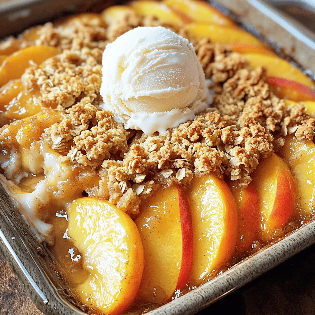 To make Peach Crumble Bliss, you will need the following ingredients: - 4 ripe peaches, peeled and sliced into wedges - 1 tablespoon fresh lemon juice - 1/4 cup granulated sugar - 1 teaspoon pure vanilla extract - 1 cup rolled oats - 1/2 cup all-purpose flour - 1/2 cup packed brown sugar - 1/2 teaspoon ground cinnamon - 1/4 cup unsalted butter, melted - 1/4 teaspoon sea salt If you want to switch things up, here are some ideas: - Peaches: You can use nectarines or plums instead. They give a nice twist to the flavor. - Granulated Sugar: Try honey or maple syrup for a natural sweetener. - Butter: Coconut oil or vegan butter works well for dairy-free options. - Oats: For a gluten-free version, use certified gluten-free oats. Peach Crumble Bliss is a tasty treat, but it also has nutritional value. Here’s a quick breakdown per serving: - Calories: Approximately 250 - Protein: 3g - Fat: 10g - Carbohydrates: 40g - Fiber: 3g - Sugar: 15g This dessert is not just delicious; it also includes some fiber from the oats and peaches. Enjoy this balance of flavors and nutrients in every bite. For the full recipe, refer to the earlier section. Start by washing the peaches well. Then, peel and slice them into wedges. You want about four ripe peaches for this recipe. Place the peach wedges in a large bowl. Add one tablespoon of fresh lemon juice, a quarter cup of granulated sugar, and one teaspoon of pure vanilla extract. Toss the peaches gently. This mix helps the peaches stay sweet and bright. Set the bowl aside for a bit. Letting the peaches rest will let the flavors blend nicely. In another bowl, mix one cup of rolled oats, half a cup of all-purpose flour, and half a cup of packed brown sugar. Add half a teaspoon of ground cinnamon for a warm spice flavor. Next, pour in a quarter cup of melted unsalted butter. Finally, sprinkle a quarter teaspoon of sea salt into the mix. Stir it well until you see small clumps forming. This clumpy texture is what gives the crumble its tasty bite. Now, preheat your oven to 350°F (175°C). While it heats up, grease an 8x8-inch baking dish with butter or cooking spray. Spread the peach mixture evenly on the bottom of the dish. Make sure all the peach wedges are flat and well-distributed. Next, sprinkle the crumble topping over the peaches. Cover them fully to lock in the sweet juice. Place the baking dish in the oven and bake for 35 to 40 minutes. Keep an eye on it! You want the topping to turn golden brown. Check for bubbling peaches around the edges. Once done, take it out and let it cool for about 10 minutes. This cooling time helps the flavors settle before you dive in. For the full recipe, click here! When picking peaches, look for fruit that feels firm but gives slightly when you press it. The skin should be smooth and slightly fuzzy. Color matters, too. Choose peaches that show a rich yellow or golden hue. Avoid green ones; they may not ripen well. Sweet-smelling fruit indicates ripeness. If you find hard peaches, let them sit at room temperature for a few days. This helps them soften and sweeten. One common mistake is using unripe peaches. They lack flavor and sweetness. Another error is overmixing the crumble topping. Mix just until you see clumps. This ensures a perfect texture. Don’t skip the lemon juice; it brightens the flavor of the peaches. Lastly, resist the urge to open the oven door too often. This lets heat escape and can lead to uneven baking. Serve Peach Crumble Bliss warm for the best taste. Top it with a scoop of vanilla ice cream for a creamy contrast. Drizzle with honey for extra sweetness, if desired. You can also add fresh mint leaves for a pop of color and flavor. For a fun twist, try serving it in individual ramekins. This makes for a lovely presentation. You can find the Full Recipe for more details on making this delightful dish. {{image_4}} You can mix things up by adding other fruits. Berries work great in this recipe. Blueberries, raspberries, and blackberries blend well with peaches. Simply add a cup of any berry you like. This adds flavor and color to your dish. You can also try apples or pears. Just slice them thinly, and mix with the peaches. This gives your crumble a fun twist. For a gluten-free version, switch the all-purpose flour. Use almond flour or oat flour instead. These options work well and keep the crumble tasty. Check that your oats are gluten-free, too. Some brands may have traces of gluten. Adjust the baking time if your crumble appears too wet. It should still bake to a golden brown. You can easily make this recipe vegan. Replace the butter with coconut oil or vegan butter. Both options keep the crumble rich without dairy. For the topping, swap granulated sugar for coconut sugar or maple syrup. This gives the dish a unique flavor. Just be mindful of the sweetness, as some may taste sweeter than granulated sugar. Feel free to get creative with your variations. Explore new flavors and enjoy your Peach Crumble Bliss! For the full recipe, check out the earlier section. To store your leftover Peach Crumble Bliss, let it cool completely. Then, cover it tightly with plastic wrap or place it in an airtight container. This will keep it fresh for about 3 days in your fridge. If you want to enjoy it later, freezing is a great choice. When you are ready to enjoy your leftover peach crumble, preheat your oven to 350°F (175°C). Place the crumble in an oven-safe dish. Bake for about 15-20 minutes until it's warm throughout. You can also microwave individual portions for about 30 seconds. Just keep an eye on it to avoid overheating. If you want to freeze Peach Crumble Bliss, follow these steps. First, cool it completely, then cut it into portions. Wrap each piece in plastic wrap and place them in a freezer-safe bag. It can last up to 3 months in the freezer. To enjoy frozen slices, simply thaw them in the fridge overnight before reheating. For the complete recipe, check out the Full Recipe for step-by-step guidance. Peach Crumble Bliss is a warm, sweet dessert made with fresh peaches and a crunchy topping. The peaches create a juicy base while the crumble adds a crispy layer. This dessert is perfect for summer when peaches are ripe and flavorful. It’s easy to make and sure to please everyone at the table. Yes, you can prepare Peach Crumble Bliss ahead of time. You can slice the peaches and mix them with sugar and lemon juice. Store this mixture in the fridge for a few hours. You can also make the crumble topping earlier. Just keep it in an airtight container until you’re ready to bake. To make Peach Crumble Bliss healthier, you can use less sugar. You can also swap some flour for whole wheat flour. Adding nuts to the topping gives extra crunch and healthy fats. You can even use oats or almond flour for the crumble. These small changes keep the taste delicious while boosting nutrition. For the full recipe, check out the steps above. Peach Crumble Bliss involves simple ingredients and steps. You learned how to prep peaches, make the crumble topping, and bake it all together. I shared tips for choosing the best peaches and avoiding mistakes. You can also try different fruits or make it gluten-free or vegan. Lastly, proper storage helps keep leftovers tasty. Remember, cooking is fun! Experiment and enjoy your delicious creations with Peach Crumble Bliss.