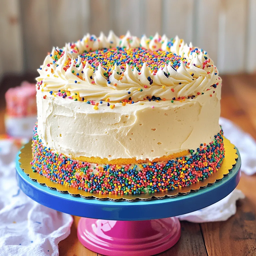 - 2 ½ cups all-purpose flour - 1 ½ cups granulated sugar - 1 cup unsalted butter, softened - 4 large eggs - 1 cup buttermilk To create a funfetti cake, you need a few key ingredients. First, all-purpose flour gives the cake its structure. The sugar adds sweetness and helps it rise. Softened butter creates a rich flavor and tender texture. Eggs bind the ingredients and add moisture. Finally, buttermilk makes the cake light and fluffy. - 1 tablespoon baking powder - ½ teaspoon baking soda - ½ teaspoon salt Baking powder and baking soda are crucial for making the cake rise. They create air pockets while baking. Salt enhances the flavors and balances the sweetness. These simple ingredients are essential for a successful cake. - 1 tablespoon pure vanilla extract - ¾ cup rainbow sprinkles - 1 cup frosting of your choice Vanilla extract adds a lovely flavor that complements the cake. Rainbow sprinkles bring color and joy to each slice. Choose your favorite frosting to finish the cake and make it even more delicious. I recommend a buttercream frosting for that classic taste. For the full recipe, be sure to check the complete guide to making this delightful funfetti cake! - Preheat the oven to 350°F (175°C). - Grease and prepare two 9-inch round cake pans. Use butter and flour or line with parchment paper. - In a large bowl, sift together the flour, baking powder, baking soda, and salt. This makes sure they mix well. - Use an electric mixer to cream the softened butter and granulated sugar. Mix until it looks light and fluffy. This step takes about 3-4 minutes. - Add the eggs one by one. Mix well after each egg. Then add the vanilla extract and combine everything. - Gradually add the dry mix and buttermilk to the butter and sugar mix. Start with about one-third of the dry mix, then add half of the buttermilk. Repeat this until all ingredients are added. - Be gentle while mixing so the batter stays light. - Now, gently fold in ¾ cup of rainbow sprinkles. Use a spatula to avoid breaking the sprinkles. - Divide the batter evenly between the two prepared pans. Smooth the tops with a spatula and sprinkle extra rainbow sprinkles on top. - Place the pans in the oven and bake for 25-30 minutes. Check if it's done by inserting a toothpick in the center. It should come out clean or with a few moist crumbs. - After baking, let the cakes cool in the pans for about 10 minutes. Then move them to a wire rack to cool completely. - Once the cakes are cool, frost the top of one layer with your favorite frosting. You can use buttercream for a classic taste. - Sprinkle more rainbow sprinkles on top of the frosting before placing the second layer on. - Frost the top and sides of the whole cake, making it look festive with extra sprinkles. For the full recipe, check out the Funfetti Cake Extravaganza. For the best funfetti cake, use room temperature ingredients. When butter, eggs, and buttermilk are at room temperature, they mix better. This helps create a fluffy texture. Cold ingredients can make your cake dense and heavy. Also, avoid overmixing your batter. After adding flour and buttermilk, mix just until combined. Overmixing can lead to a tough cake. You want a light and airy feel, not a brick! To make your funfetti cake pop, think about fun decorations. Use festive cake toppers or colorful candles. You can even add fresh fruit or edible flowers for a fresh look. Sprinkles are a must! Use them not just in the batter but also on top. Try different shapes and sizes. You can mix small and large sprinkles for extra fun. When serving your cake, presentation matters. Place it on a bright cake stand to highlight its colors. Scatter extra sprinkles around the base for a playful touch. Pair your cake with a scoop of vanilla ice cream or a glass of milk. It also goes well with fruity drinks or coffee. These combos will make your dessert even more delightful! {{image_4}} You can switch up the funfetti cake in many ways. One way is to make a chocolate funfetti cake. Just add cocoa powder to the dry mix. This gives a rich, sweet flavor that pairs well with sprinkles. Another option is to add lemon zest. This gives a fresh citrus twist. The zest brightens the cake and makes it even more fun. Just mix in a tablespoon of zest with the wet ingredients. Frosting plays a big role in the cake's taste. You can use cream cheese frosting for a tangy flavor. It balances the sweetness of the cake nicely. Just whip together cream cheese, butter, and powdered sugar for a smooth spread. You might also try a ganache topping. Melt chocolate with heavy cream for a shiny finish. This adds a rich layer of chocolatey goodness that everyone will love. If you need gluten-free options, use a gluten-free flour blend. It works just as well in this recipe. You can also add a bit of xanthan gum for better texture. For vegan substitutions, replace eggs with flax eggs. Just mix one tablespoon of ground flaxseed with three tablespoons of water per egg. Use plant-based butter and non-dairy milk for the rest. These swaps help you enjoy funfetti cake without any animal products. For the full recipe, check out the Funfetti Cake Extravaganza 🧁. To keep your funfetti cake fresh, refrigerate any leftovers. Place the cake in an airtight container or cover it tightly with plastic wrap. This helps prevent the cake from drying out. If you want to freeze the cake, wrap each layer in plastic wrap, then aluminum foil. This ensures no freezer burn affects the taste. To thaw, move it to the fridge overnight before serving. Funfetti cake stays fresh for about 3 to 5 days in the fridge. If you freeze it, it can last for up to 3 months. Watch for signs of spoilage, such as a bad smell, dry texture, or mold. If you notice any of these, it's time to toss the cake. To avoid dryness, wrap your cake layers in plastic wrap while storing. This keeps moisture in and helps keep the cake soft. You can also use simple syrups to enhance flavor. Just brush a little syrup on the cake layers before frosting. This adds moisture and makes each bite even better. For the full recipe, check out the Funfetti Cake Extravaganza! What is the origin of Funfetti cake? Funfetti cake began in the 1980s. It became popular thanks to a box mix by a well-known brand. The cake is special because it has colorful sprinkles mixed into the batter. This adds joy and celebration to any occasion. Can I make this cake a day in advance? Yes, you can make this cake a day ahead. Just bake it and cool it completely. Then wrap the layers in plastic wrap to keep them fresh. Frost the cake the next day for best results. Why is my cake dense? A dense cake may come from overmixing the batter. Mixing too much can develop gluten, making the cake heavy. Always mix just until combined. Also, check if your baking powder is fresh. Old baking powder can prevent the cake from rising. Can I substitute buttermilk? Yes, you can. If you don't have buttermilk, mix one cup of milk with one tablespoon of vinegar or lemon juice. Let it sit for five minutes. This creates a similar acidity to buttermilk. How do I keep the cake from falling apart while frosting? To keep the cake sturdy, cool it completely. Make sure the layers are firm before frosting. Use a thin layer of frosting as a crumb coat first. Let it set in the fridge for 15 minutes before adding more frosting. What’s the best way to store decorated cake? Store your decorated cake in an airtight container. If it's not possible, use plastic wrap to cover it. Keep it in the fridge if your frosting has cream or dairy. For cakes with buttercream, it can stay at room temperature for a day. You learned all about making a delicious Funfetti cake. We covered the ingredients, mixing, baking, and storing. Remember, room temperature ingredients are key for the right texture. You can choose fun frostings and creative decorations for your cake. There are many ways to make this treat your own. Have fun with flavor twists and sharing it with friends. With these tips, your Funfetti cake will be a hit at any gathering! Enjoy baking and create sweet memories!