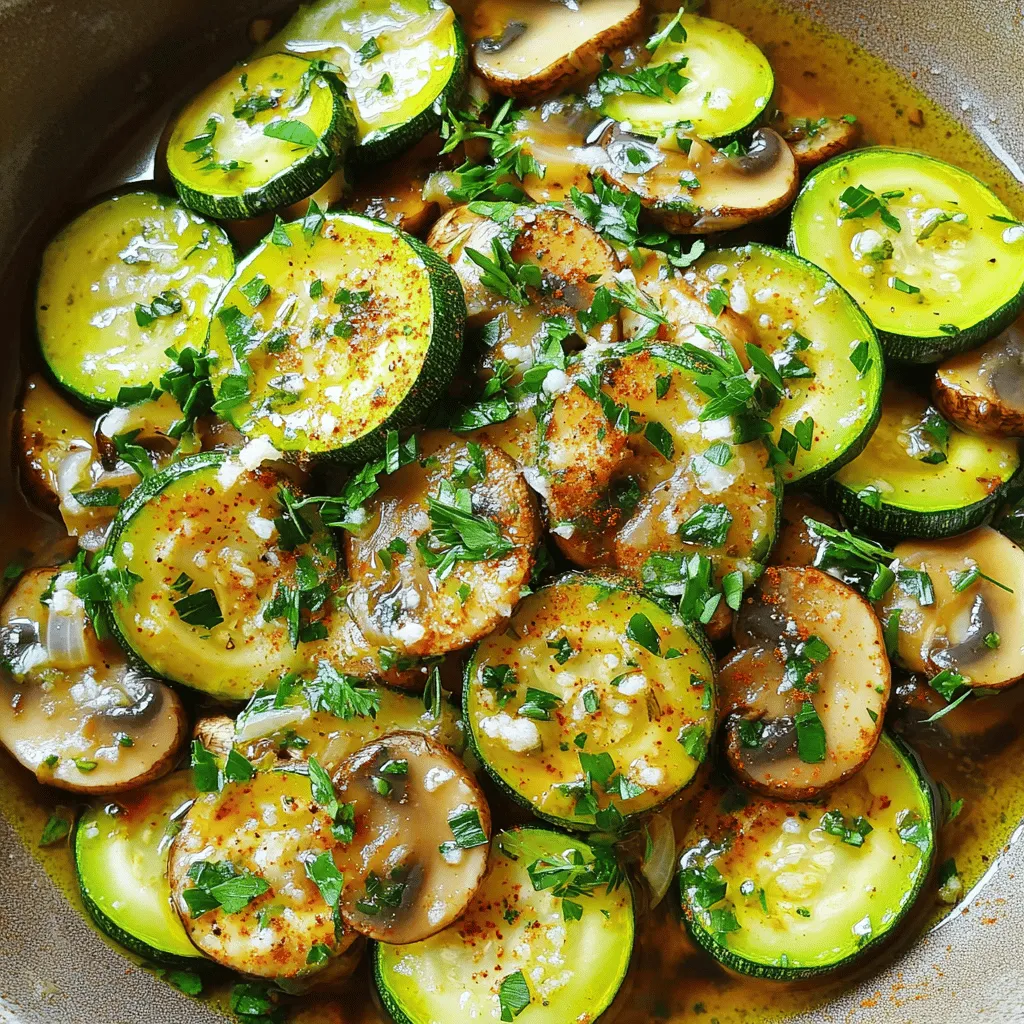 - Zucchini: 2 medium, sliced into half-moons - Mushrooms: 1 cup, sliced (white or cremini) - Onion & Garlic: 1 small onion (finely chopped), 2 cloves garlic (minced) - Olive Oil & Seasonings: 2 tablespoons extra virgin olive oil, 1 teaspoon dried thyme, 1 teaspoon smoked paprika - Salt & Pepper: To taste - Garnishes: Fresh parsley (chopped), 1/4 cup Parmesan cheese (optional) To make the Skillet Zucchini and Mushrooms, you need fresh, vibrant ingredients. Start with two medium zucchinis. Slice them into half-moons for even cooking. Choose one cup of mushrooms. White or cremini works well, adding depth to the dish. Next, finely chop one small onion and mince two garlic cloves. These two will give a strong, warm base for your side dish. Add two tablespoons of extra virgin olive oil to your skillet. This oil not only flavors your veggies but also helps them cook nicely. You will also need one teaspoon each of dried thyme and smoked paprika. These spices add a beautiful aroma and flavor. Don't forget to season with salt and freshly ground black pepper. Adjust to your taste. For a finishing touch, you can use fresh parsley and grated Parmesan cheese. The parsley adds color, while Parmesan gives richness. These ingredients create a delightful mix in your skillet. For the full recipe, refer to the section above. - Step 1: Heat 2 tablespoons of olive oil in a large skillet over medium heat. - Step 2: Add 1 small chopped onion to the skillet. Sauté for about 3-4 minutes until it looks translucent. - Step 3: Add 2 minced cloves of garlic. Cook for 30 seconds while stirring. - Step 4: Add 1 cup of sliced mushrooms to the skillet. Cook for about 5 minutes until soft. - Step 5: Mix in the 2 sliced zucchinis along with 1 teaspoon dried thyme, 1 teaspoon smoked paprika, and salt and pepper to taste. Stir everything well. - Step 6: Cook for another 7-10 minutes. The zucchinis should be tender but still firm. - Step 7: If you want, sprinkle 1/4 cup of grated Parmesan cheese over the dish in the last minute. - Step 8: Remove from heat and garnish with chopped parsley before serving. You can find the full recipe in the article to guide you through these steps. Enjoy your cooking! - Use high heat to achieve a good sauté. This helps the veggies brown nicely. - Stir regularly for even cooking. This keeps everything from burning in spots. - Avoid overcooking the zucchini. You want them tender but still crisp. - This dish is ideal as a side or light main course. It fits well with any meal. - It pairs excellently with grilled chicken or fish. The flavors complement each other. - Serve with crusty bread or a fresh salad. This adds texture and freshness. - Experiment with additional herbs like basil or oregano. They add a nice twist. - Swap Parmesan for feta for a different twist. Feta adds a tangy flavor. - Incorporate additional vegetables like bell peppers or spinach. They boost color and nutrition. For the full recipe, check out the Skillet Zucchini and Mushrooms Delight. {{image_4}} You can easily modify this dish for different diets. To make it gluten-free, check all labels. Ensure your ingredients are certified gluten-free. For a vegetarian or vegan dish, simply leave out the Parmesan cheese. This keeps the flavor without dairy. The seasons can inspire great substitutes! In spring, add fresh asparagus and sweet peas for a burst of color. In fall or winter, try adding butternut squash or hearty kale. These changes keep your dish exciting and fresh throughout the year. You can turn this side into a main dish. For a stir-fry, add cooked protein like chicken, shrimp, or tofu. This adds protein and makes it more filling. To create a casserole, mix the cooked veggies with grains like rice or quinoa, and bake until hot. Both options give a new life to your Skillet Zucchini and Mushrooms. Check out the full recipe for more details! Store leftovers in an airtight container. Keep in refrigerator for up to 3 days. This helps maintain freshness and taste. When you're ready to enjoy them again, just take them out and reheat! You can freeze this dish in portions for up to 2 months. It’s a great way to save some for later. To thaw, simply leave it in the fridge overnight or use a microwave. Before reheating, warm it up in a skillet for the best results. Reheat in a skillet for best texture. This method will keep your zucchini and mushrooms from getting mushy. Add a splash of water to maintain moisture. This simple tip makes a big difference in keeping your dish delicious. If you're in a hurry, the microwave works too, but the skillet is always best! You can add fresh herbs like basil or parsley. Spices such as oregano or cumin can also enhance the taste. A squeeze of lemon juice gives a bright finish. These small changes add depth and make your dish pop. Yes, you can use frozen zucchini and mushrooms. However, the texture might change. Frozen veggies may become soggy when cooked. Fresh veggies maintain a crisp bite, which is ideal for this dish. Skillet Zucchini and Mushrooms pairs well with grains. Try serving it with quinoa or rice. It also complements proteins like grilled chicken or fish. This dish is versatile and fits many meals. To add spice, use red pepper flakes. Just a pinch can bring nice heat. You can also mix in a dash of hot sauce. Adjust the amount to suit your taste. This dish is simple and tasty. You learned about the key ingredients and steps to make skillet zucchini and mushrooms. I shared tips for serving and storage, plus ways to change it up. Remember, cooking is fun! Experiment with herbs or extra veggies to make it your own. Whether you're prepping for a meal or saving leftovers, this dish offers flexibility. Enjoy your cooking journey and share this recipe with others for delicious meals ahead!