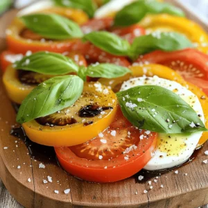 - Fresh heirloom tomatoes - Mozzarella cheese - Fresh basil leaves - Balsamic glaze - Extra virgin olive oil - Salt and pepper For fresh heirloom tomatoes, you can use Roma or beefsteak tomatoes. They also taste great. If you want a different cheese option, try burrata or feta cheese. Both add unique flavors. For a low-sugar option, look for a balsamic glaze made with less sugar. This keeps the taste light and fresh. I love using these ingredients because they combine well and create a simple dish. Each ingredient shines, and together they make a delightful salad. You can find the full recipe for Caprese Salad with Balsamic Glaze in this article. To make a Caprese salad, start by washing your heirloom tomatoes well. This keeps them fresh and safe to eat. After washing, slice them into thick rounds, about half an inch each. Next, slice the fresh mozzarella cheese into thick rounds, similar in size to the tomatoes. This helps the salad look neat and balanced. Now, it’s time to arrange your ingredients. Grab a large serving platter, as this will showcase your beautiful salad. Begin by layering the salad. Place a slice of tomato on the platter. On top of that, add a slice of mozzarella cheese. Next, place a fresh basil leaf on the cheese. This creates a lovely stack. Keep repeating this pattern until all your ingredients are used. Layering not only looks nice but also allows each bite to have all the flavors. For aesthetic presentation, try to alternate colors and sizes. This adds visual interest and makes the salad more appealing. Now for the best part! Drizzle extra virgin olive oil over the arranged salad. This adds flavor and gives your dish a lovely shine. Then, carefully drizzle the balsamic glaze over everything. Use a back-and-forth motion to create beautiful patterns. Don’t forget to sprinkle salt and freshly cracked black pepper on top. This step is key to enhancing the flavors of your salad. If you want an even cooler experience, chill your salad in the fridge for about 10 to 15 minutes. This helps the flavors blend together nicely. For the full recipe, check out Caprese Salad with Balsamic Kiss. When you serve Caprese salad, presentation matters. I love using rustic wooden platters. They add charm and warmth. The natural look of the wood pairs well with the vibrant colors of the salad. To make it pop, you can garnish the salad. Add extra basil leaves on top. A light drizzle of balsamic glaze gives it a final touch. This not only looks great but tempts your guests too! You can boost the flavors of your Caprese salad easily. Try adding sliced avocado for creaminess. Sun-dried tomatoes can add a rich, sweet kick. A sprinkle of crushed red pepper flakes brings heat. For seasoning, use salt and pepper wisely. Start with a pinch of salt and a few cracks of pepper. Taste as you go. You want the flavors to shine without being overpowering. This balance makes the salad even more enjoyable. Serve your Caprese salad at room temperature. This helps the flavors truly shine. If you like, chill it for 10-15 minutes before serving. This keeps it fresh and cool. For drinks, pair it with a light white wine, like Pinot Grigio. It complements the salad’s flavors perfectly. You can also serve it with crusty bread or a light pasta dish for a complete meal. Enjoying this salad with good company makes it even better! {{image_4}} You can change the herbs you use for your Caprese salad. Try fresh oregano or dill for a new twist. Each herb brings its own unique flavor. You can also add seasonal vegetables. Sliced cucumbers or grilled zucchini can add texture and taste. Mixing in colorful vegetables makes the salad even more appealing. If you want a vegan option, use plant-based mozzarella. It melts and tastes great, just like the real thing. For dressing, choose a gluten-free balsamic glaze. Many brands offer gluten-free options. You can also make your own glaze with balsamic vinegar and a touch of maple syrup. Caprese skewers are a fun way to serve this salad. Just thread tomatoes, mozzarella, and basil onto skewers. This makes a great finger food for parties. You can also get creative with your serving style. Use small glasses to layer the ingredients. This adds a stylish touch and makes it easy to serve. Check the Full Recipe for more ideas! To keep your Caprese salad fresh, store it in the fridge. Use an airtight container. This helps prevent any unwanted odors from mixing in. If you have leftovers, separate the tomatoes and mozzarella. This keeps everything crisp and tasty. Your Caprese salad will last about three days in the fridge. Check for any signs of spoilage. If the tomatoes look mushy or the cheese smells off, it’s best to toss it out. Freshness matters for the best flavor. You can get creative with leftover Caprese salad. Chop the salad into smaller pieces for a pasta dish. Add it to a sandwich for a fresh bite. You can also mix it with scrambled eggs for a tasty breakfast. Just reassemble the flavors gently to keep the taste bright. You can make a Caprese salad ahead of time. To do this, slice the tomatoes and mozzarella, but wait to layer them. Store the slices separately in the fridge. You can also wash and dry the basil leaves. When you are ready to serve, layer the salad on a platter. Drizzle with olive oil and balsamic glaze just before serving. This keeps the salad fresh and tasty. Yes, you can use other cheeses! Some great options are burrata or goat cheese. Burrata adds a creamy texture. Goat cheese gives a tangy flavor. Each cheese brings a unique taste to the dish. Feel free to experiment and find your favorite. No, they are not the same. Balsamic glaze is thicker and sweeter than balsamic vinegar. It has been cooked down to create a syrupy texture. Use balsamic glaze for drizzling on salads or meats. Balsamic vinegar works well in dressings or marinades. They both add flavor, but the glaze offers a richer sweetness. Simple seasonings work best for Caprese salad. I recommend using fresh basil, salt, and black pepper. You can also add a pinch of garlic powder for extra flavor. Some people enjoy a dash of red pepper flakes for heat. Keep it simple to let the fresh ingredients shine. In this article, we explored how to create a delightful Caprese salad. We discussed fresh ingredients like heirloom tomatoes, mozzarella, and basil. I shared techniques to layer your salad beautifully and offered tips to enhance flavor and presentation. You can adapt the recipe with ingredient substitutes and variations to fit your needs. Remember, good storage makes a big difference in freshness. Enjoy your Caprese salad as a tasty appetizer or side dish, and get creative with it!