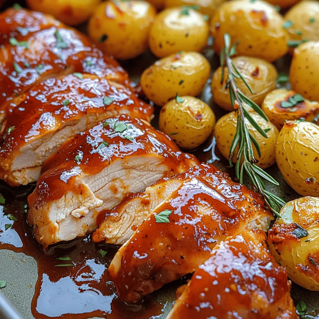 - 4 boneless, skinless chicken breasts - 1/2 cup honey - 1/4 cup BBQ sauce - 2 tablespoons soy sauce - 1 tablespoon apple cider vinegar - 1 teaspoon garlic powder - Salt and pepper, to taste - 2 tablespoons olive oil - 1.5 pounds baby potatoes, halved - 4 cloves garlic, minced - 2 tablespoons olive oil - 1 teaspoon dried rosemary - 1 teaspoon paprika - Salt and pepper, to taste When I cook Honey BBQ Chicken and garlic potatoes, I rely on these ingredients. The chicken shines with a sweet and tangy glaze. The honey and BBQ sauce create a rich flavor that you can't resist. The soy sauce adds depth, while apple cider vinegar gives a nice kick. Garlic powder ties it all together, and a touch of salt and pepper enhances the taste. For the garlic roasted potatoes, I choose baby potatoes for their creamy texture. Halving them allows for even cooking and crispiness. Freshly minced garlic fills the kitchen with an amazing aroma. I use olive oil to bring it all together, and dried rosemary adds a fragrant touch. Paprika gives a lovely color and a hint of smokiness to the dish. These ingredients help you create a meal that's not only tasty but also visually appealing. The full recipe guides you through each step to make this dish a success. To start, combine honey, BBQ sauce, soy sauce, apple cider vinegar, garlic powder, salt, and pepper in a bowl. This mix will give your chicken a sweet and tangy taste. Next, take your chicken breasts and place them in a zip-top bag or a shallow dish. Pour half of the marinade over the chicken. Make sure each piece gets coated well. Seal the bag or cover the dish, then let the chicken marinate for at least 30 minutes. This step is key for flavor. While the chicken marinates, prepare the garlic roasted potatoes. Take your halved baby potatoes and put them in a mixing bowl. Add the minced garlic, olive oil, dried rosemary, paprika, and a good pinch of salt and pepper. Toss everything together until the potatoes are well coated with the seasonings. Now, spread the seasoned potatoes on a baking sheet in a single layer. This will help them roast evenly and get that nice golden brown color. It's time to cook your chicken! Heat 2 tablespoons of olive oil in a large skillet over medium heat. Once the oil is hot, take the chicken out of the marinade. Discard any leftover marinade. Place the chicken breasts in the skillet, cooking them for about 6-7 minutes on each side. You want them to be golden brown and reach an internal temperature of 165°F (75°C). For extra flavor, brush the remaining marinade on the chicken during the last minute of cooking. This will give it a nice glaze and enhance the taste. For the full recipe, check out the detailed instructions above. - Let the chicken marinate longer for more taste. - Use a meat thermometer to check the chicken’s doneness. This ensures it is safe to eat. Marinating the chicken allows the flavors to soak in deeply. I suggest letting it sit for at least 1 hour, but overnight is even better. This time lets the honey and BBQ sauce work their magic. When cooking, a meat thermometer helps you avoid undercooked or dry chicken. Aim for 165°F (75°C) for perfect results. - Cut potatoes evenly for uniform cooking. - Flip them halfway through roasting for even browning. Cutting the potatoes into similar sizes allows them to cook evenly. This means no raw or burnt pieces. Flipping them halfway through helps achieve that nice golden color. It also keeps them from sticking to the pan. - Pair with fresh vegetables or a side salad. - Drizzle more BBQ sauce on the chicken for extra flavor. To make your meal even better, serve it with fresh veggies or a crisp salad. This adds color and crunch. A drizzle of extra BBQ sauce on the chicken brings out the sweet and savory notes. You can find the full recipe above to guide you through. {{image_4}} You can change the flavor of your dish by switching sauces. Instead of honey BBQ sauce, use teriyaki or sweet chili sauce. Both options add a nice twist to the chicken. If you want a unique flavor, try making your own BBQ sauce. This way, you can control the sweetness and spice levels to suit your taste. If you want to switch up the potatoes, consider using sweet potatoes. They add a hint of sweetness and a vibrant color. You can also use other root vegetables like carrots or parsnips. These add different flavors and textures to your meal. For a smoky taste, grill the chicken instead of frying it. This method gives the chicken a charred flavor that pairs well with the sweetness of the sauce. If you want a softer texture for the potatoes, try steaming them. This keeps the potatoes tender while retaining their natural flavor. Feel free to get creative with these variations! You can explore the [Full Recipe] for more ideas and tips. Store any leftovers in an airtight container in the fridge. This keeps the chicken and garlic potatoes fresh. Consume them within 3-4 days for the best quality. After a few days, the taste may fade, and the texture might change. You can freeze the chicken and potatoes separately if needed. This works well for meal prep. Just make sure they cool down first. When you are ready to eat, reheat them thoroughly before serving. This ensures you enjoy every bite. To get the best texture, use your oven or skillet for reheating. The oven helps keep the chicken juicy and the potatoes crispy. Avoid the microwave if possible, as it can make everything soggy. Take your time to heat them up right for a delicious meal. Yes, you can prepare this meal ahead of time. Marinate the chicken and get the potatoes ready a day before. This will save you time on the day you want to serve it. Just keep everything in the fridge until you're ready to cook. Yes, you can cook honey BBQ chicken in the oven. Preheat your oven to 375°F (190°C). Bake the chicken for about 25-30 minutes. Make sure it reaches an internal temperature of 165°F (75°C) for safe eating. For a complete meal, consider serving a side of coleslaw or corn on the cob. These sides balance the sweet and savory flavors of the chicken and potatoes. They also add color and freshness to your plate. You can find the Full Recipe for more ideas and tips! This blog post covered how to make Honey BBQ Chicken and Garlic Roasted Potatoes. You learned the key ingredients, step-by-step instructions, and tips for achieving the best results. Remember, marinating the chicken boosts flavor, and cutting potatoes evenly helps them cook well. You can swap sauces or even change the type of potatoes for variety. With these ideas, you can create a meal everyone will enjoy. Don’t forget to store leftovers properly for later. Happy cooking!