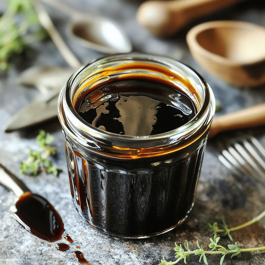 - 1 cup balsamic vinegar - 1/4 cup packed brown sugar - 1 tablespoon Dijon mustard - 1 teaspoon garlic powder - 1/2 teaspoon freshly ground black pepper - Pinch of sea salt - 1 tablespoon extra virgin olive oil (optional) To create a great balsamic glaze, I love using simple ingredients. Balsamic vinegar is the star here. This thick, dark vinegar gives the glaze its sweet and tangy flavor. Brown sugar adds a nice sweetness that balances the vinegar's bite. Dijon mustard gives the glaze a subtle kick. Garlic powder brings depth, while black pepper adds warmth. A pinch of sea salt enhances all these flavors. If you want a richer taste, you can add olive oil. This glaze is easy to make and uses items you likely have in your kitchen. You can find the full recipe above. Enjoy the simple and delicious flavors of this glaze! Pour balsamic vinegar and brown sugar into a saucepan. Stir gently until the brown sugar mostly dissolves. This creates a sweet and tangy base for the glaze. Add Dijon mustard, garlic powder, black pepper, and a pinch of sea salt. Whisk these ingredients together until the mixture is smooth. This step helps to enhance the flavor of your glaze. Place the saucepan over medium heat. Bring the mixture to a gentle boil, stirring occasionally. This keeps it from sticking to the pan and burning. Once it starts boiling, reduce the heat to low. Allow the mixture to simmer for 15-20 minutes. It will thicken to a syrupy consistency. Remember to stir it occasionally. If you want a richer flavor, stir in olive oil once the glaze thickens. This step adds depth and enhances the overall taste. Remove the saucepan from heat. Let the glaze cool slightly. Carefully transfer it to a clean jar or an airtight container for storage. You can find the full recipe here: [Full Recipe]. To check if your glaze is thick enough, use a spoon. Dip the spoon into the glaze, lift it out, and let it drip. If the glaze coats the back of the spoon and holds its shape, it’s ready. Remember, it will thicken more as it cools, so don’t overcook it. Aim for a syrupy texture that adds a rich touch to your dishes. You can easily boost the taste of your balsamic glaze. Try adding a pinch of red pepper flakes for heat or a tablespoon of honey for extra sweetness. Fresh herbs, like rosemary or thyme, can also add depth. Experiment with these additions to make the glaze your own. Just a small tweak can transform it into a unique flavor experience. When making balsamic glaze, avoid cooking it over high heat. This can cause it to burn or become too thick too fast. Also, don't skip the stirring. Stirring helps prevent sticking and burning. Lastly, don’t rush the simmering time. Allow it to reduce slowly to develop those rich flavors. Following these tips will help you create a perfect glaze every time. {{image_4}} You can make your balsamic glaze even better by adding fruits or herbs. Try mixing in fresh strawberries or raspberries during cooking. These fruits add a lovely sweetness and a pop of color. You can also use herbs like rosemary or thyme. Just toss in a few sprigs while the glaze simmers. They give a nice earthy flavor that pairs well with the balsamic. While balsamic vinegar is great, you can switch it up. Apple cider vinegar adds a fruity twist. Red wine vinegar gives a sharp taste. Each type of vinegar will change the glaze’s flavor. Feel free to experiment. Just keep the same amount of vinegar in the recipe for best results. If you like spice, try adding some heat to your glaze. A pinch of red pepper flakes can elevate the flavor. For a bolder kick, mix in a bit of sriracha or hot sauce. Start with a small amount and taste as you go. This way, you can control how spicy it gets. To keep your balsamic glaze fresh, use an airtight container. A glass jar works best. Make sure it is clean and dry before pouring in the glaze. Store it in the fridge. This keeps the flavors intact and prevents spoilage. Your homemade balsamic glaze can last up to two weeks in the refrigerator. After that, the flavor may fade. Always check for any off smells or changes in color. If it looks or smells strange, it's best to toss it. You can freeze balsamic glaze if you want to keep it longer. Pour it into ice cube trays for easy portions. Once frozen, transfer the cubes to a freezer bag. When ready to use, thaw cubes in the fridge overnight or warm them gently on the stove. This way, you can enjoy the rich flavors for months! To balance the sweetness, add more acidity. You can mix in a splash of lemon juice or a bit of apple cider vinegar. This will help cut through the sweetness. You might also try using less brown sugar in your recipe. Start with half the amount and taste as you go. Adjust until you find the right balance for your taste buds. Yes, balsamic glaze makes a great marinade! It adds flavor to meats and veggies. Try marinating chicken, beef, or even tofu for about an hour. The sweet and tangy notes work well with grilled or roasted dishes. Just remember to coat the food evenly for the best taste. Balsamic glaze pairs well with many dishes. Here are some ideas: - Drizzle over grilled chicken or steak for a tasty kick. - Use it on roasted vegetables like Brussels sprouts or carrots. - Add it to salads for a fresh burst of flavor. - It also works well on pizza or bruschetta, adding a gourmet touch. Explore these options to enhance your meals! For the full recipe, check out the section above. In this post, I guided you through making an easy balsamic glaze. We covered key ingredients, step-by-step instructions, and tips for perfecting the glaze. I shared variations and storage tips to help you customize and keep it fresh. Remember, creating your own glaze opens up endless flavor possibilities. With your new skills, you can enhance any dish. Enjoy the process and get creative in the kitchen!