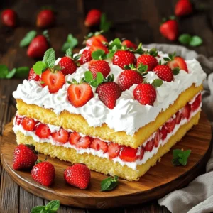 - 2 cups all-purpose flour - 1 ½ cups granulated sugar - ½ cup unsalted butter, softened - 3 ½ teaspoons baking powder - 1 teaspoon pure vanilla extract - ½ teaspoon salt - 3 large eggs - 1 cup whole milk - 4 cups fresh strawberries, hulled and sliced - 1 cup heavy whipping cream - 2 tablespoons powdered sugar - Additional strawberries for garnish You need simple yet tasty ingredients for the Easy Strawberry Shortcake Sheet Cake. The main ingredients are flour, sugar, and butter. These form the base of your cake. Baking powder helps the cake rise and gives it a light texture. Vanilla adds a warm flavor. A touch of salt balances the sweetness. Fresh strawberries are key to this recipe. They provide a burst of flavor and sweetness. Whipping cream, mixed with powdered sugar, creates a light topping. It makes the cake even more delightful. For garnish, use more strawberries. They not only look pretty but also add freshness. For the complete recipe, check out the Full Recipe. This cake is a fun treat for any occasion! - Preheat the oven to 350°F (175°C). - Grease and flour a 12x17-inch baking sheet or line it with parchment paper. - In a large bowl, cream together softened butter and sugar until fluffy. - Add in the eggs one at a time, mixing well after each. - Stir in the vanilla and milk until the mixture is smooth. - In another bowl, whisk together flour, baking powder, and salt. - Gradually mix the dry ingredients into the wet mixture without overmixing. - Pour the batter into the prepared baking sheet. - Bake for 25-30 minutes until a toothpick comes out clean. - Allow the cake to cool completely in the pan before serving. This step-by-step guide helps you make the perfect strawberry shortcake sheet cake. For the full recipe, check out the details above. Enjoy baking! To make your cake just right, avoid overmixing. Overmixing can lead to a tough texture. Mix until the ingredients are just combined. This keeps the cake soft and light. After baking, let your cake cool completely. If you add toppings too soon, they might slide off. A cool cake gives you a stable base for your toppings. For great whipped cream, you want light peaks. Start by chilling your mixing bowl. A cold bowl helps the cream whip better. When you whip the cream, add the powdered sugar. This sweetens and stabilizes your cream. Whip until you see soft peaks form. Don’t overwhip, or it will become grainy. Serving the cake on a large platter is a good idea. Add fresh mint leaves around the cake for a pop of color. When serving, think about garnishing each slice. A whole strawberry on top adds charm. You can even drizzle some of the strawberry syrup for extra flair. For the full recipe, visit the [Full Recipe]. {{image_4}} Want to add a fun twist? You can add lemon or orange zest to the batter. This gives the cake a fresh, bright flavor. You can also swap in other berries. Try using blueberries or raspberries for a new taste. Each berry brings a unique flavor to your cake. Looking for a healthier treat? Use whole wheat flour instead of all-purpose flour. This will give your cake more fiber and nutrients. You can also replace sugar with a natural sweetener. Honey or maple syrup works well and adds a nice flavor. Make this cake special by serving it in new ways. You can layer the cake with yogurt to make a parfait. This adds a creamy texture and is great for breakfast. For a fun twist, serve mini cakes in individual portions. These are perfect for parties and easy to share. For the full recipe, be sure to check out the Delicious Strawberry Shortcake Sheet Cake! To keep your cake fresh, cover it tightly with plastic wrap. Place it in the fridge. This helps keep the cake soft and moist. For the whipped cream, store it in a separate bowl. Cover it with plastic wrap, too. This keeps it from absorbing any odors from the fridge. If you want to save the cake for later, freezing works great. First, let the cake cool completely. Then, wrap it well in plastic wrap. Place it in a freezer-safe bag. It can stay frozen for up to three months. When you are ready to eat it, thaw it in the fridge overnight. This gives you the best taste and texture. Your cake will last about three to four days in the fridge. If you see any mold or an off smell, do not eat it. Always check for signs of spoilage. Keeping an eye on the cake helps you enjoy it at its best. For the whipped cream, use it within two days for the best taste. Yes, you can make this cake ahead of time. Bake the cake and let it cool. Then, wrap it in plastic wrap. Store it in the fridge for up to three days. You can also freeze the cake for longer storage. Just make sure to seal it well. When ready to serve, simply thaw it in the fridge overnight. Add the toppings right before serving for the best taste. If fresh strawberries are not available, you can use frozen berries. Thaw them first and drain excess liquid. Other options include blueberries, raspberries, or blackberries. You can also use jarred fruit in syrup. Just remember to rinse and drain them before use. Each option will add a new flavor twist to the cake. Yes, you can substitute the whipping cream. Use coconut cream for a dairy-free option. You can also use whipped topping for a lighter choice. Greek yogurt is another great alternative. It gives a nice tang and is healthier. Just whip it lightly for a smooth texture. To check if the cake is done, look for a golden color on top. You can gently press the center with your finger. If it springs back, it's done. Another way is to use a knife. Insert it into the center; it should come out clean. If you don’t have a toothpick, these tips will help you check for doneness. In this post, we explored the ingredients, steps, and tips for making a delicious strawberry cake. You learned about the main and additional ingredients to create a lovely base, plus the steps to bake it perfectly. Remember, perfecting texture and presentation makes a big difference. Experiment with flavors to truly make it your own. Whether serving it fresh or storing it for later, follow the tips for the best taste. Enjoy your baking adventure and let this strawberry cake bring joy to your table!