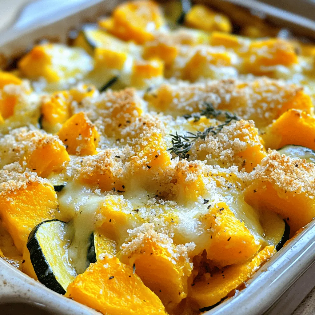 To make a tasty squash casserole, gather these main ingredients: - 2 cups butternut squash, peeled and cubed - 2 cups zucchini, sliced - 1 cup yellow squash, sliced - 1 cup heavy cream - 1 cup shredded sharp cheddar cheese - 1/2 cup grated Parmesan cheese - 1 medium onion, finely chopped - 2 cloves garlic, minced - 1 teaspoon dried thyme - 1 teaspoon paprika - Salt and pepper to taste - 1 cup breadcrumbs (preferably whole wheat) - 2 tablespoons butter, melted These ingredients create a rich and creamy texture, perfect for a cozy family meal. You can enhance your squash casserole with these optional ingredients: - Fresh herbs like basil or parsley - Crumbled bacon for a smoky touch - Sliced mushrooms for added earthiness - Chopped bell peppers for extra crunch - A pinch of cayenne for a bit of heat Adding these can elevate your dish, making it even more delightful. This squash casserole is not only delicious but also packed with nutrients. It offers: - Rich vitamins from squash and vegetables - Healthy fats from cream and cheese - A good source of protein from cheese - Fiber from squash and breadcrumbs Each serving provides a well-rounded meal. Enjoy this dish guilt-free as a comforting family dinner! You can find the Full Recipe to make this savory dish. To start, gather all your ingredients for the squash casserole. You will need: - 2 cups butternut squash, peeled and cubed - 2 cups zucchini, sliced - 1 cup yellow squash, sliced - 1 cup heavy cream - 1 cup shredded sharp cheddar cheese - 1/2 cup grated Parmesan cheese - 1 medium onion, finely chopped - 2 cloves garlic, minced - 1 teaspoon dried thyme - 1 teaspoon paprika - Salt and pepper to taste - 1 cup breadcrumbs (preferably whole wheat) - 2 tablespoons butter, melted Begin by preheating your oven to 375°F (190°C). Lightly grease your 9x13 inch casserole dish with non-stick spray or butter. Next, fill a large pot with water and add a generous pinch of salt. Bring the water to a boil. Carefully add the cubed butternut squash. Cook for about 5 minutes until it’s just tender. Drain the squash and place it in a large bowl. Using the same pot, add the sliced zucchini and yellow squash. Blanch these for about 2 minutes, then drain and add them to the bowl with the butternut squash. In a large skillet over medium heat, melt 1 tablespoon of butter. Add the chopped onion and sauté for about 5 minutes. Stir occasionally until the onion is soft and translucent. Add the minced garlic and sauté for an extra minute until it smells great. In the bowl with the cooked squash, mix in the sautéed onion and garlic. Add in the heavy cream, shredded cheddar cheese, grated Parmesan cheese, dried thyme, paprika, salt, and pepper. Use a spoon to mix everything well. Pour the creamy squash mixture into your prepared casserole dish, spreading it evenly. In a small bowl, mix the breadcrumbs with the remaining melted butter. Stir until all breadcrumbs are coated. Sprinkle this mixture over the top of the casserole. Cover the casserole dish tightly with aluminum foil. Place it in the preheated oven and bake for 25 minutes. This allows the flavors to meld together. After 25 minutes, carefully remove the foil. This lets steam escape. Bake for an additional 15 to 20 minutes. This step helps the top become golden brown and bubbly. When finished, take the casserole out of the oven. Allow it to cool for a few minutes. This makes serving easier and helps the flavors settle. Enjoy your savory squash casserole! You can find the Full Recipe for more detailed guidance. To cook squash well, start by choosing fresh ones. Look for firm skins with no soft spots. Always wash your squash to remove dirt. When cutting squash, use a sharp knife for safety and ease. For butternut squash, peel it with a vegetable peeler. Cut it into even cubes for uniform cooking. Blanching the squash briefly helps keep its bright color and softens it for the casserole. One common mistake is overcooking the squash. If you cook it too long, it can turn mushy. Avoid using too much salt in the mixture. You can always add more later, if needed. Not draining the squash properly can lead to a watery casserole. Make sure to drain well after boiling or blanching. Lastly, don’t forget to preheat the oven. A hot oven helps create a nice, golden crust on top. To get a great texture, use a mix of squash types. Butternut, zucchini, and yellow squash all add unique flavors. Make sure to sauté your onions and garlic until soft. This step enhances the overall taste. Adding heavy cream and cheese gives a rich, creamy base. For a crispy top, mix breadcrumbs with melted butter. This simple step adds a perfect crunch. For more detailed steps, check the Full Recipe. {{image_4}} You can easily swap out ingredients in this squash casserole. Instead of butternut squash, try acorn or pumpkin. If you want a lighter version, use half-and-half instead of heavy cream. You can also replace the breadcrumbs with crushed crackers or nuts for a different texture. This keeps the dish fresh and exciting. Cheese is key in this dish. While sharp cheddar works great, feel free to experiment. Try gouda for a smoky flavor or mozzarella for a creamy texture. Feta can add a nice tang, while goat cheese brings a unique twist. Each cheese gives the casserole a new life. Change your ingredients with the seasons. In summer, use fresh corn and bell peppers. In fall, add roasted garlic or sage for warmth. Winter calls for hearty root veggies like parsnips or carrots. Spring can welcome asparagus or peas. These seasonal changes keep the dish vibrant and full of life. For the complete recipe, refer to the [Full Recipe]. After enjoying your savory squash casserole, let it cool completely. Then, transfer leftovers to an airtight container. This helps keep the flavors fresh and prevents drying out. Store it in the fridge for up to three days. When ready to eat, you'll find it just as tasty! To freeze the casserole, first let it cool down. Use a freezer-safe container or a heavy-duty freezer bag. Make sure to remove as much air as possible. You can freeze it for up to three months. When you're ready to enjoy it, thaw it overnight in the fridge before reheating. To reheat your squash casserole, preheat your oven to 350°F (175°C). Place the casserole in an oven-safe dish and cover it with foil. Heat for about 20-30 minutes, or until it is warm throughout. If you like a crispy top, remove the foil for the last 5-10 minutes. You can also reheat it in the microwave on medium power for 3-5 minutes. Just be sure to check it often so it heats evenly. The best types of squash for casserole are butternut and yellow squash. They bring a sweet flavor and nice texture. Butternut squash is creamy and smooth when cooked. Yellow squash adds a light, fresh taste. Together, they create a delicious mix. You can also use zucchini for added color and flavor. It holds its shape well and cooks nicely. Yes, you can prepare the casserole ahead of time. Make it a day before you want to bake it. After mixing the squash and other ingredients, cover it well and store it in the fridge. This allows the flavors to blend and deepen. When you are ready to bake, just pop it in the oven. You may need to add a few extra minutes to the cooking time. To make a gluten-free version, simply swap out the breadcrumbs. You can use gluten-free breadcrumbs or crushed gluten-free crackers instead. This change keeps the crunch without gluten. Always check labels to ensure all ingredients are gluten-free. Enjoy the same great flavor and texture without worry! For the full recipe, see below. [Full Recipe] This blog post covered how to make a delicious squash casserole. We explored the main and optional ingredients, along with their nutrition. I provided step-by-step instructions, tips for better cooking, and variations for your taste. We also discussed how to store leftovers and reheating tips. Remember, cooking is fun, and you can be creative. Whether you stick to the recipe or try something new, enjoy each bite of your flavorful squash casserole. Happy cooking!
