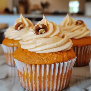 - 1 cup all-purpose flour - 1 teaspoon baking powder - 1 teaspoon baking soda - 1 teaspoon ground cinnamon - ½ teaspoon ground nutmeg - ½ teaspoon ground ginger - ¼ teaspoon salt - ½ cup granulated sugar - ½ cup packed brown sugar - ½ cup vegetable oil - 2 large eggs - 1 cup pumpkin puree - 1 teaspoon vanilla extract - 1 cup unsalted butter, softened - 4 cups powdered sugar - 2 teaspoons ground cinnamon - 2 tablespoons milk - 1 teaspoon vanilla extract I love how each ingredient plays a role in making these pumpkin cupcakes special. The dry ingredients, like flour and spices, bring warmth and flavor. The wet ingredients, especially pumpkin puree, add moisture and richness. Pumpkin puree is not just tasty; it also makes the cupcakes soft and fluffy. The sugars in the wet mix give a perfect balance of sweetness. They work together to create a delightful base for our cupcakes. Now, let’s not forget the cinnamon frosting. This is where it gets exciting! The butter adds creaminess, while powdered sugar gives it the right sweetness. Ground cinnamon brings out that cozy autumn vibe. You can find the full recipe above to guide you through these steps. Each part of this recipe is designed to create a perfect treat. Whether you share them or keep them all for yourself, these cupcakes bring joy to any occasion. - Preheat oven to 350°F (175°C) - Line muffin tin with colorful cupcake liners Start by preheating your oven to 350°F (175°C). This step is key to making sure your cupcakes bake evenly and rise well. Next, grab your muffin tin. Line it with colorful cupcake liners; this adds fun and charm to your treats. - Whisk together flour, baking powder, baking soda, cinnamon, nutmeg, ginger, and salt In a bowl, whisk together all-purpose flour, baking powder, baking soda, ground cinnamon, nutmeg, ginger, and salt. This mix helps create the perfect flavor and texture. Make sure these dry ingredients are well combined. - Mix sugars and oil until smooth - Add eggs, pumpkin puree, and vanilla In a separate, larger bowl, mix granulated sugar, brown sugar, and vegetable oil. Stir until smooth. Then, add your eggs one at a time. Next, stir in the pumpkin puree and vanilla extract. This combination makes your batter rich and tasty. - Gradually stir in dry ingredients until combined - Fold in optional walnuts or pecans Now, slowly add the dry ingredients to the wet mixture. Stir gently until just combined. If you want a bit of crunch, fold in chopped walnuts or pecans. This step adds a nice texture to your cupcakes. - Fill liners with batter two-thirds full - Bake for 18-20 minutes, toothpick test Time to fill those liners! Spoon the batter into each liner, filling them about two-thirds full. This leaves space for the cupcakes to rise. Bake them in your preheated oven for 18-20 minutes. Use a toothpick to check if they are done; it should come out clean. - Beat softened butter until creamy - Gradually add powdered sugar and cinnamon - Mix in milk and vanilla until fluffy While the cupcakes cool, let’s make the frosting. Beat softened butter in a mixing bowl until creamy. Gradually add powdered sugar and ground cinnamon, mixing until smooth. Finally, stir in milk and vanilla extract. Keep mixing until your frosting is fluffy and spreadable. For the full recipe, including exact measurements, check out the Full Recipe. Use freshly grated nutmeg for a bolder flavor. This adds a nice kick to your cupcakes. You can also play around with other spices like clove or allspice. Just a pinch can change the taste and bring warmth to each bite. A piping bag is your best friend for frosting. It helps you create beautiful designs on each cupcake. If the frosting feels too soft, chill it briefly. This makes it easier to work with and gives you a nice finish. To keep your cupcakes moist, avoid overmixing the batter. Mix just until the dry and wet ingredients blend. After baking, store the cupcakes in an airtight container. This keeps them fresh and soft for days. For the full recipe, check out the details above. {{image_4}} To make these pumpkin cupcakes gluten-free, swap the all-purpose flour for a gluten-free blend. Many mixes work well without changing the taste. Look for blends that include xanthan gum for better texture. This way, everyone can enjoy a moist and tasty treat. If you need a dairy-free frosting, simply use plant-based butter and milk. Brands like Earth Balance or coconut oil can replace regular butter. For milk, almond, soy, or oat milk are great options. This adjustment keeps the flavors bold while meeting dietary needs. For mini cupcakes, adjust the baking time. Bake them for about 12 to 15 minutes instead of 18 to 20 minutes. Keep an eye on them and do the toothpick test. Mini versions make perfect bite-sized treats for parties or gatherings. For the full recipe, check the Full Recipe section. Store frosted cupcakes at room temperature for up to 2 days. Keep them in a cool, dry place. Use an airtight container to maintain freshness. This way, you can enjoy that sweet cinnamon goodness each day. You can refrigerate cupcakes for up to 5 days. If you want to keep them longer, freeze un-frosted cupcakes for up to 3 months. Wrap each cupcake well in plastic wrap. This helps prevent freezer burn and keeps them moist. To enjoy a warm treat, microwave the cupcakes for a few seconds. This works well if you want to soften the frosting too. Just be careful not to overheat them. A quick zap makes the flavors pop again! For the full recipe, check out the Pumpkin Spice Delight Cupcakes. Yes, cream cheese frosting pairs well with pumpkin cupcakes. The tangy flavor complements the sweet spice of the cupcakes. You can also try whipped cream for a lighter touch. Substitute eggs with flaxseed meal and use non-dairy milk. To replace one egg, mix 1 tablespoon of flaxseed meal with 2.5 tablespoons of water. Let it sit for five minutes to thicken. Yes, prepare the batter and refrigerate overnight before baking. This saves time and allows flavors to meld. Just give it a good stir before you bake. Pair with a cup of coffee or hot cocoa for a cozy treat. The warmth of the drinks enhances the spices in the cupcakes. You can also serve them with vanilla ice cream for a dessert twist. They are done when a toothpick inserted comes out clean. Keep an eye on them after 18 minutes. Baking times can vary, so check often to avoid overbaking. Now you have all the steps and tips to bake perfect pumpkin cupcakes. Start by gathering your dry and wet ingredients, and don’t forget the tasty cinnamon frosting. Remember to mix carefully to keep them moist. You can also try different twists, like gluten-free or dairy-free options. Storing and reheating cupcakes is simple, too. With this guide, you can impress your friends and family with your baking skills. Enjoy your baking and the delicious results!