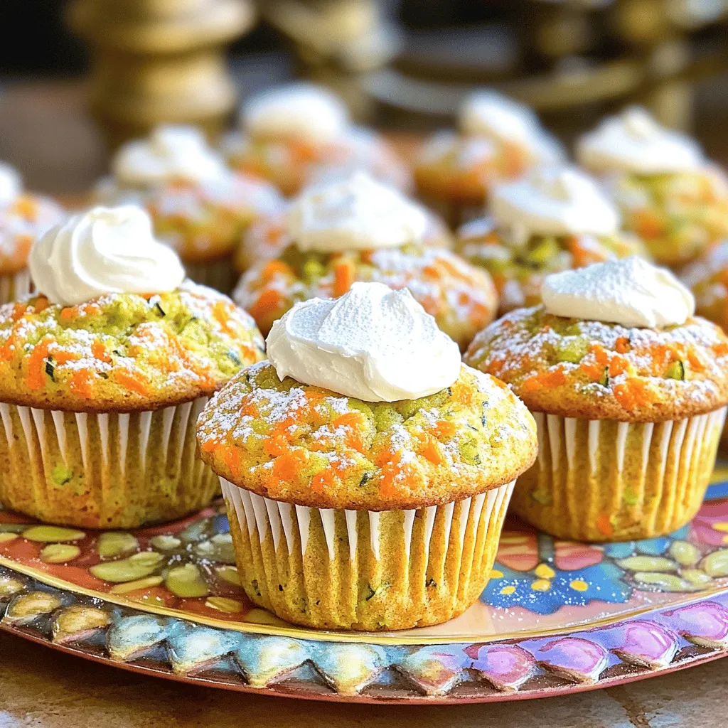 - 1 cup grated zucchini - 1 cup grated carrots - 1 cup all-purpose flour - 1/2 cup whole wheat flour - 1/2 cup brown sugar, packed - 1/2 cup granulated sugar - 1/3 cup vegetable oil - 1 teaspoon baking powder - 1/2 teaspoon baking soda - 1 teaspoon ground cinnamon - 1/4 teaspoon ground nutmeg - 1/2 teaspoon salt - 1/2 cup chopped walnuts or pecans - 1/2 cup raisins or dried cranberries You need fresh and ripe zucchini and carrots for this recipe. Grating them makes them blend well into the batter and keeps the muffins moist. Remove extra moisture from the zucchini before mixing. The flour gives structure to our muffins. Using both all-purpose and whole wheat flour adds great taste and nutrition. The sugars provide sweetness and help with browning. Baking powder and baking soda make our muffins rise. Cinnamon and nutmeg bring warmth and flavor. Salt balances the sweetness and enhances taste. Feel free to add nuts or dried fruits for extra crunch or sweetness. This will make your muffins even more delightful. For the full recipe, check the details provided. - Preheat your oven to 350°F (175°C). - Prepare a muffin tin by lining it with paper liners or greasing each cup. - In a large bowl, combine 1 cup of grated zucchini and 1 cup of grated carrots. Stir to mix and set aside. - In another bowl, whisk together 1 cup of all-purpose flour, 1/2 cup of whole wheat flour, 1/2 cup of brown sugar, and 1/2 cup of granulated sugar. - Add 1 teaspoon of baking powder, 1/2 teaspoon of baking soda, 1 teaspoon of ground cinnamon, 1/4 teaspoon of ground nutmeg, and 1/2 teaspoon of salt. Mix well. - In a separate small bowl, mix 1/3 cup of vegetable oil, 2 large eggs, and 1 teaspoon of vanilla extract until smooth. - Pour the wet ingredients into the bowl with the zucchini and carrots. Mix gently with a spatula until just combined. - Gradually add the dry ingredient mixture to the wet mixture. Stir lightly until no dry spots remain. Avoid overmixing. - If using, fold in 1/2 cup of chopped walnuts or pecans and 1/2 cup of raisins or dried cranberries. - Use a spoon or ice cream scoop to fill each muffin cup about two-thirds full with batter. - Bake in the preheated oven for 18-22 minutes. Check for doneness by inserting a toothpick into a muffin; it should come out clean. - Once baked, let the muffins cool in the tin for about 5 minutes. Then, transfer them to a wire rack to cool completely. For the full recipe, refer to the detailed instructions above. To get the best texture in your muffins, don't overmix the batter. Overmixing can make them tough and dense. Mix just until the dry ingredients blend with the wet ones. This keeps your muffins light and fluffy. Squeezing excess moisture from the zucchini is key. After grating, place the zucchini in a clean kitchen towel. Twist the towel to remove the water. This step is vital, as too much moisture can lead to soggy muffins. I love adding nuts or dried fruits to enhance the flavor. Try mixing in 1/2 cup of chopped walnuts or pecans. You can also toss in 1/2 cup of raisins or dried cranberries for a sweet touch. These add-ins give a nice crunch and burst of flavor. If you want your muffins sweeter, adjust the sugar. You can reduce the brown sugar or granulated sugar slightly. Taste the batter before baking to find your preferred sweetness level. Serve your muffins warm for the best experience. They taste amazing fresh from the oven. If you prefer, you can serve them at room temperature on a bright plate. For a beautiful finish, dust the tops with powdered sugar. This adds a nice touch and makes them look fancy. You can also spread cream cheese frosting on top for a rich treat. It’s a fun way to make your muffins feel special! {{image_4}} To make these muffins gluten-free, you can use a gluten-free flour blend. Look for one that has xanthan gum included. This helps replace the structure that gluten provides. Just swap the all-purpose flour in the recipe with the gluten-free blend in a 1:1 ratio. This way, you keep the texture light and fluffy. If you want a dairy-free recipe, it's simple! You can replace the eggs with flaxseed or chia seeds. To do this, mix 1 tablespoon of either seed with 2.5 tablespoons of water. Let it sit for about 5 minutes until it thickens. For milk, use your favorite nut milk instead of dairy milk. Almond or coconut milk work great here. You can add spices to boost the flavor of your muffins. Ginger and nutmeg add warmth and depth. Just sprinkle in about 1/2 teaspoon of each. For added freshness, consider incorporating citrus zest. The zest of an orange or lemon will brighten the taste and make every bite more exciting. To keep your zucchini carrot muffins fresh, store them at room temperature. Place them in an airtight container. This method helps keep them soft and moist. You can also use a zip-top bag for easy storage. If your kitchen is warm, consider placing them in the fridge. Just remember to let them come to room temperature before serving. If you want to save muffins for later, freezing works well. Wrap each muffin in plastic wrap. Then, place them in a freezer-safe bag. This keeps air out and preserves texture. For best quality, eat them within three months. When you want to enjoy them, take a muffin out and thaw it in the fridge overnight. If you’re in a hurry, you can thaw it on the counter for a few hours. To enjoy your muffins warm, reheating is key. The best way is to use an oven. Preheat it to 350°F (175°C). Place the muffins on a baking tray and heat for about 10 minutes. This method keeps them soft. You can also microwave a muffin for about 15-20 seconds. This is quick but may make the muffin a bit chewy. Enjoy them plain or with a spread of butter or cream cheese for a tasty treat! For the full recipe, check the earlier section. Yes, you can make these muffins ahead of time. To do this, bake the muffins and let them cool completely. Store them in an airtight container at room temperature for up to three days. If you want to keep them longer, freeze them. Wrap each muffin in plastic wrap and place them in a freezer bag. They will stay good for up to three months. To enjoy frozen muffins, simply thaw them at room temperature or warm them in the microwave for a few seconds. To reduce the sweetness, cut back on the sugar. You can use half the amount of brown and granulated sugar. This will still keep the muffins moist. You can also use unsweetened applesauce or mashed bananas to add natural sweetness. This keeps the muffins soft and tasty without added sugar. You can swap out some ingredients for healthier options. For sugar, use maple syrup or honey in moderation. For oil, try unsweetened applesauce or yogurt. These swaps will help reduce calories and add nutrition. You can also replace some flour with almond flour or oat flour for added fiber. Adding more grated zucchini or carrot can boost vitamins too. This blog post covered a simple, delicious way to make zucchini carrot muffins. I shared the main ingredients, tips for great texture, and yummy variations. You learned how to store and freeze these muffins, plus answers to common questions. Don’t hesitate to experiment with add-ins or alternatives to make it your own. Baking should be fun and rewarding. Enjoy your baking journey!