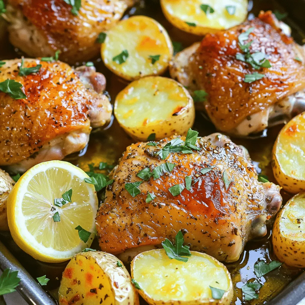 For this dish, you will need: - 4 boneless, skinless chicken thighs - 2 cups baby potatoes, halved - 3 tablespoons olive oil (plus extra for potatoes) These chicken thighs give great flavor and stay juicy. Baby potatoes add a nice bite and are easy to prepare. The spice mix is key in this recipe. You will use: - 2 teaspoons garlic powder - 1 teaspoon onion powder - 1 teaspoon smoked paprika - 1 teaspoon dried oregano - 1 teaspoon dried thyme - Salt and freshly ground pepper to taste These spices bring warmth and depth. Smoked paprika gives a nice smoky touch that pairs well with the chicken. After cooking, you can add some fresh flavor with: - Fresh parsley, chopped, for garnish - Lemon wedges, for serving The parsley adds a pop of color. Squeezing lemon on the chicken and potatoes brightens the meal and enhances the flavors. For the full recipe, check out Keto One-Pan Zesty Chicken & Herb Potatoes. Start by turning your oven to 400°F (200°C). This ensures it is hot enough to cook the chicken and potatoes evenly. In a big bowl, add 3 tablespoons of olive oil. Then, mix in the garlic powder, onion powder, smoked paprika, dried oregano, dried thyme, and a pinch of salt and pepper. Whisk these until smooth and well combined. Next, take the chicken thighs and place them in the bowl with the marinade. Use your hands or a spatula to coat the chicken well. Make sure every bit of chicken is covered in the spices. In another bowl, add the halved baby potatoes. Drizzle with a little olive oil and sprinkle with salt and pepper. Toss them to coat evenly. Now, prepare a large oven-safe skillet. Lightly grease it with olive oil. Place the marinated chicken thighs in the center of the skillet. Scatter the baby potatoes around the chicken with the cut side facing up. Put the skillet in the preheated oven and bake for 25-30 minutes. Check the chicken's internal temperature; it should reach 165°F (75°C). The potatoes should be fork-tender. Once done, take the skillet out and let it sit for 5 minutes. Garnish with chopped parsley and serve with lemon wedges. For the full recipe, check out the details above. To get juicy chicken, start with thighs. They stay moist and tender. Marinate them well. This adds flavor and helps with cooking. Bake them at 400°F (200°C) for 25-30 minutes. Use a meat thermometer. Check for 165°F (75°C) to ensure they are done. Let the chicken rest for five minutes before serving. This helps keep the juices inside. A good marinade can make a big difference. Use simple ingredients like olive oil, garlic, and spices. Mix these well before adding the chicken. Let it soak for at least 15 minutes. If you have more time, marinate for a few hours. This allows the flavors to soak in. You can also try different herbs or citrus juice for a twist. For the best potatoes, use small baby potatoes. Their size helps them cook evenly. Halve them to help with roasting. Toss them in olive oil, salt, and pepper before baking. This gives them a nice crispy edge. Place them cut-side up in the pan for better roasting. They will absorb the chicken's juices, enhancing their flavor. For a fun twist, add some garlic cloves or herbs to the potatoes. For the full recipe, check the main article. {{image_4}} You can make this dish fun by adding different vegetables. Try bell peppers for crunch and color. Carrots give a sweet taste and a nice look. Broccoli adds a healthy green touch. Zucchini cooks fast and stays soft. Just chop them up and toss them with the potatoes. Keep in mind their cooking time to ensure they are tender. While chicken thighs are great, you can switch it up! Try chicken breasts for a leaner option. Pork chops also work well and add a different flavor. If you prefer beef, use small steaks cut into pieces. For a meatless meal, chickpeas or tofu are good choices. Each protein brings its own taste, so experiment to find your favorite! Seasoning is key to a tasty meal. You can change the spices to fit your taste. If you love heat, add cayenne pepper or chili flakes. Want a fresh twist? Use lemon zest or fresh herbs like basil or cilantro. For earthy flavors, consider cumin or coriander. Adjust the salt and pepper to your liking. Remember, each change can make your dish unique. Explore the full recipe to see how these variations fit into the dish! After you enjoy your meal, store any leftovers in an airtight container. Make sure to let the chicken and potatoes cool to room temperature first. This helps keep them fresh. Leftovers stay good in the fridge for about three to four days. Label the container with the date. This way, you won’t forget how long they’ve been there. To reheat, you can use the oven or the microwave. If using the oven, preheat it to 350°F (175°C). Place the leftovers in a baking dish. Cover it with foil to keep moisture in. Heat for about 15-20 minutes, or until hot. If you use the microwave, put the food in a microwave-safe bowl. Heat in short bursts of one minute, stirring in between. This ensures even warming. You can freeze leftovers for up to three months. Use freezer-safe containers or bags. Make sure to remove as much air as possible to prevent freezer burn. When you are ready to eat, thaw the chicken and potatoes in the fridge overnight. Reheat them as mentioned before. This keeps the taste and texture nice. For the best flavor, avoid refreezing once thawed. For the complete recipe, check out the [Full Recipe]. Yes, this recipe is keto-friendly. It uses chicken and baby potatoes, which are low in carbs. Each serving fits well into the keto diet. The olive oil adds healthy fats that support your keto goals. Yes, you can use different types of potatoes. Options like red potatoes or Yukon Gold work well. Keep in mind that the carb count may change. If you want to stay strict on keto, use fewer potatoes or try cauliflower for a low-carb swap. To add spice, increase the smoked paprika or add cayenne pepper. You can also mix in fresh chili peppers or a dash of hot sauce. Spicy seasonings will enhance the flavor and make it more exciting. Just remember to adjust to your taste. Great sides include steamed broccoli, sautéed spinach, or a fresh salad. These options add vitamins and fibers without many carbs. You could also serve it with a creamy dip or a low-carb sauce for extra flavor. This blog post covered the key ingredients and step-by-step instructions for Keto One-Pan Chicken & Potatoes. I shared tips for cooking chicken perfectly and adding flavor with marinades. We also discussed variations, storage, and common questions about the recipe. Keto meals can be simple and tasty. With a few options, you can make it your own. Enjoy cooking and make it fun!
