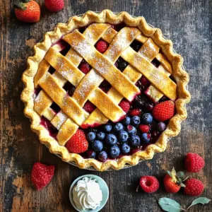 For a tasty triple berry pie, you need the best ingredients. Here’s what to gather: - 1 cup strawberries, hulled and sliced - 1 cup blueberries - 1 cup raspberries - ¾ cup granulated sugar - 2 tablespoons cornstarch - 1 tablespoon freshly squeezed lemon juice - 1 teaspoon vanilla extract - 1 pre-made pie crust (or homemade, if you prefer) - 1 tablespoon cold butter, cut into small pieces (optional for richness) - 1 tablespoon milk (for brushing the crust) - 1 tablespoon coarse sugar (for sprinkling on the crust) In this pie, the berries play a big role. Strawberries add sweetness, while blueberries bring a juicy burst. Raspberries add a nice tartness. Together, they create a balanced flavor that dances on your taste buds. When picking berries, look for bright colors and firm textures. Avoid any that are mushy or have dark spots. Fresh berries give the best taste. If you can’t find fresh ones, frozen berries work too. Just let them thaw and drain extra liquid before using. Want to elevate your pie? Try adding a pinch of cinnamon or nutmeg. These spices add warmth and depth. You can also mix in a tablespoon of orange zest for a bright twist. To make a great triple berry pie, you need to measure your ingredients right. Accurate measurements help balance the sweet and tart flavors. Too much sugar can overpower the berries, while too little can make the pie sour. Next, prepare your pie crust. If using a pre-made crust, just roll it out to fit your pie pan. If you want to make it from scratch, roll your dough to about ¼ inch thick. Press it into the pan and trim any extra dough hanging over the edge. Now, let’s combine the berries. In a large bowl, mix 1 cup of sliced strawberries, 1 cup of blueberries, and 1 cup of raspberries. Make sure you do this gently so the berries do not crush. Sprinkle ¾ cup of sugar, 2 tablespoons of cornstarch, 1 tablespoon of lemon juice, and 1 teaspoon of vanilla extract on top of the berries. Toss everything together slowly. This helps the berries soak in the flavors. Let the mixture sit for a few minutes. First, preheat your oven to 425°F (220°C). This step is key to getting a nice, golden crust. Once your oven is hot, pour the berry mixture into the pie crust. Spread it out evenly. If you want, dot the top with small pieces of cold butter for extra taste. If you have a second crust, roll it out too. Cut it into strips for a lattice design or place it whole on top. If you choose the whole crust, cut slits in it to let steam escape. Brush the top crust with milk. This gives it a nice shine. Then, sprinkle coarse sugar on top for a sweet crunch. Bake the pie for 45-50 minutes. Keep an eye on it. You want the crust to turn golden brown and see the berry filling bubbling through the slits. After baking, take the pie out of the oven. Let it cool at room temperature for at least 2 hours. This time helps the filling set well. When you are ready to serve, slice the pie into equal pieces. A warm slice pairs well with whipped cream or vanilla ice cream. You can even add fresh berries on top for a pretty touch. For more details, check out the Full Recipe. - Avoiding Soggy Bottom Crust To stop a soggy crust, pre-bake it for a few minutes. This helps set the dough. Use pie weights to keep it flat. You can also brush the bottom with melted chocolate or egg wash. - Tips for Ensuring Even Baking Place your pie on the middle rack. This gives it the best heat flow. If your oven has hot spots, rotate the pie halfway through. This helps it bake evenly. - How to Thicken Berry Fillings Use cornstarch or flour to thicken your filling. Mix it well with the sugar before adding it to the berries. This keeps your pie from being too runny. - Using Fresh vs. Frozen Berries Fresh berries taste bright and sweet. Frozen berries are easy to find year-round. If using frozen, don’t thaw them first. This helps keep your pie from being watery. - Adding Spices for Extra Depth Try adding a pinch of cinnamon or nutmeg. These spices enhance the berry flavor. You can also add a splash of almond extract for a twist. - Techniques for a Flaky Pie Crust Keep your butter cold when making the crust. Use a pastry cutter or your fingers to mix it in. This creates small bits of butter for a flaky texture. - Creative Serving Ideas Serve slices warm with a scoop of vanilla ice cream. You can also make mini pies for fun individual servings. - Garnishing with Whipped Cream or Ice Cream Top each slice with a dollop of whipped cream. A scoop of ice cream adds a rich touch. - Enhancing Visual Appeal with Fresh Berries Add a few fresh berries on top before serving. This makes the pie look fresh and inviting. You can also sprinkle powdered sugar for an elegant finish. For the complete recipe, check out the Full Recipe above. {{image_4}} You can change the berries in your pie for a fresh taste. Try using blackberries or cherries for a twist. Seasonal berries like peaches or nectarines work well too. If you want less sugar, use tart berries like cranberries. This can give your pie a new flavor. If you have special diets, consider using just one type of berry. Blueberries alone can make a tasty pie. You can also mix berries with apples for a fun combo. Some people need gluten-free options. You can find gluten-free pie crusts at stores. Or, you can make one with almond flour or oat flour. These work well and taste great. Want a healthier crust? Try using whole wheat flour. It gives a nice nutty taste. You can also use less sugar in the crust for a lighter option. For something unique, use crushed cookies or graham crackers. This gives your pie a sweet and crunchy base. You can mix the crumbs with butter and press it into the pan. Serving your triple berry pie can be fun! Consider adding a scoop of ice cream. Vanilla pairs perfectly with the berry flavors. You can also put whipped cream on top for a creamy touch. For a special treat, make mini triple berry pies. Use small tart pans for individual servings. Kids love these and they are easy to share. Do you want to mix up flavors? Try making twin flavor pies. Add chocolate, or lemon flavored filling with the berries. This can create a unique dessert experience. For the full recipe, check the detailed instructions above. Enjoy creating your own variations of this delicious triple berry pie! To keep your triple berry pie fresh, store it in the fridge. First, let the pie cool completely before placing it in the fridge. This cooling period is key. If you put a warm pie in the fridge, it can make the crust soggy. Use a pie cover or wrap it loosely with plastic wrap. This helps prevent it from drying out. You can also freeze triple berry pie for later enjoyment. To freeze it properly, wrap the whole pie in plastic wrap. Then, place it in a freezer bag. This keeps out air and helps avoid freezer burn. When you're ready to eat it, thaw the pie in the fridge overnight. For best results, bake it after thawing for a warm, fresh taste. Triple berry pie lasts about 3-4 days in the fridge. You can keep it for 2-3 months in the freezer. Check for signs of spoilage, like a sour smell or mold on the crust. If you notice any of these signs, it’s best to throw it away. Enjoy your pie while it's fresh for the best flavor and texture. For a tasty triple berry pie, I love using fresh berries. You can use strawberries, blueberries, and raspberries. Each berry adds a unique taste. Mixing fresh and frozen berries works too. If you use frozen berries, let them thaw first. This helps avoid too much liquid in your pie. A good mix is one cup of each berry. This ratio gives a nice balance. You can adjust it based on what you like. More strawberries will add sweetness. More blueberries will give a rich flavor. Yes, you can make your pie in advance. It’s a great time-saver! To prepare ahead, make your pie and let it cool. Then, cover it well and place it in the fridge. This keeps it fresh for a few days. If you want to store it longer, freeze it. Wrap it tightly in plastic wrap. Then place it in a freezer bag. This way, it can last for up to three months. Reheating leftover pie is easy. Preheat your oven to 350°F (175°C). Place the pie on a baking sheet to catch drips. Heat it for about 15-20 minutes. This keeps the crust nice and crisp. To boost the flavor, add a scoop of ice cream or whipped cream on top. This makes each slice extra special! For the best triple berry pie, check local bakeries. Many have delicious homemade versions. Ask friends for their favorite spots too. If you want to bake at home, look online for recipes. Many websites feature my full recipe. You can find helpful tips and tricks there too! In this post, we covered everything about making a delicious Triple Berry Pie. You learned about picking the best berries, prepping your crust, and baking the pie just right. Plus, I shared helpful tips to avoid common mistakes and ideas for fun variations. Remember, using seasonal fruits can elevate your pie, while proper storage helps preserve its taste. Enjoy your baking journey, and don’t hesitate to experiment with flavors. A perfect pie awaits you!