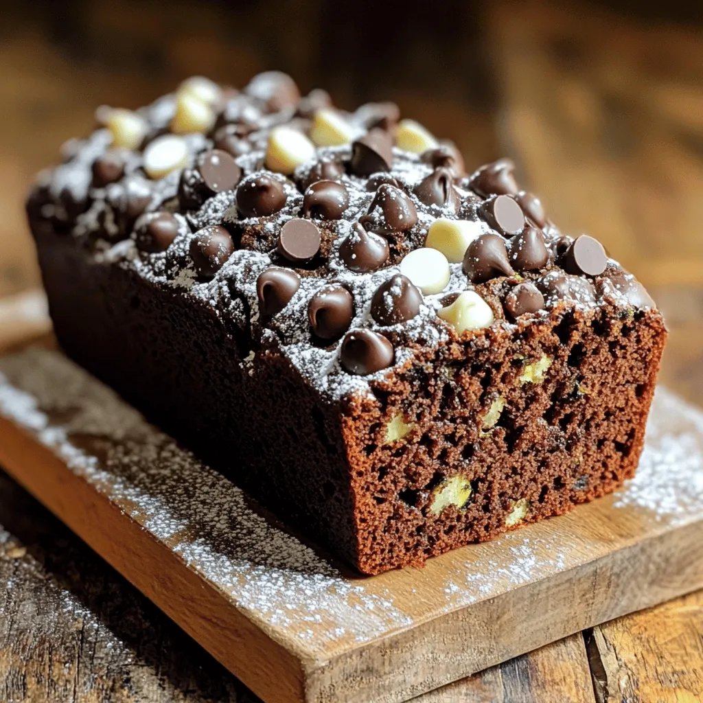 To make this yummy bread, you need the following main ingredients: - 1 medium zucchini, grated (about 1 cup) - 1 cup all-purpose flour - 1/2 cup whole wheat flour - 1/2 cup unsweetened cocoa powder - 1 teaspoon baking soda - 1/2 teaspoon baking powder - 1/4 teaspoon salt - 1/2 cup granulated sugar - 1/2 cup packed brown sugar - 1/2 cup vegetable oil - 2 large eggs - 1 teaspoon vanilla extract - 1/2 cup semi-sweet chocolate chips - 1/2 cup milk chocolate chips - 1/2 cup white chocolate chips These ingredients give your bread its rich chocolate flavor and moisture. The essential baking ingredients are key to the right texture. The flours provide structure. The cocoa powder adds deep chocolate taste. Baking soda and baking powder help the bread rise, making it soft. Salt balances the sweetness and enhances flavor. You can add some optional flavor enhancements. Try adding chopped nuts for crunch. Walnuts or pecans work great. You can also sprinkle in cinnamon for warmth. A touch of espresso powder can boost the chocolate flavor. These options let you personalize your bread and make it even more special. For the full recipe, check this link: [Full Recipe]. Start by preheating your oven to 350°F (175°C). This step is key for even baking. While the oven heats, grab your 9x5 inch loaf pan. Lightly grease it with butter or baking spray. This helps the bread come out easily. Next, dust the pan with flour to prevent sticking. This simple prep makes a big difference. In a medium bowl, combine the grated zucchini, granulated sugar, brown sugar, vegetable oil, eggs, and vanilla extract. Use a whisk or spatula to mix everything until smooth. The zucchini adds moisture and a nice texture. In a separate large bowl, whisk together the all-purpose flour, whole wheat flour, unsweetened cocoa powder, baking soda, baking powder, and salt. This ensures the dry ingredients blend well. Mixing well helps the flavor spread evenly. Pour the wet mixture into the bowl with dry ingredients. Using a spatula or wooden spoon, stir gently until combined. You want the mixture to be just mixed, with a few lumps. This keeps the bread soft. Now it's time for the fun part! Fold in the semi-sweet, milk chocolate, and white chocolate chips. Make sure they spread evenly throughout the batter. This adds rich chocolate flavor to each slice. Spoon the batter into the prepared loaf pan. Smooth the top for an even layer. Now, it's ready to bake! For the full recipe, check above. To make your Triple Chocolate Chip Zucchini Bread rich and moist, the key is in the zucchini. Grate it finely and squeeze out any excess water. This helps keep your bread from being too wet. Use a mix of all-purpose and whole wheat flour. This blend gives a nice texture and flavor. Also, don't overmix the batter. Stir just until combined. A few lumps are okay. Overmixing can make the bread dense. Lastly, baking time matters. Keep an eye on it. Every oven is different. Use a toothpick to test for doneness. If it comes out clean or with a few crumbs, it's ready. Many bakers make some common mistakes. One is not measuring ingredients correctly. Always use dry measuring cups for flour and cocoa powder. A kitchen scale can help too. Another mistake is skipping the greasing of the pan. This can lead to sticking. Use butter or baking spray, then dust with flour. Don't forget to check your oven temperature. An oven thermometer can help you avoid baking issues. Add-ins can elevate your zucchini bread. Consider mixing in chopped nuts like walnuts or pecans for crunch. Spices like cinnamon or nutmeg can add warmth and depth. You can also use flavored extracts, like almond or orange, for a twist. For a fun touch, try adding a swirl of peanut butter or Nutella. Just drop it in before baking, and use a knife to create a swirl. These little changes can make each slice unique. Enjoy the process of making this delightful treat! For the full recipe, check out the [Full Recipe]. {{image_4}} You can make your Triple Chocolate Chip Zucchini Bread lighter. One great option is to swap some oil for applesauce. It keeps the bread moist while cutting down on fat. You can try using half applesauce and half oil. This change keeps the taste rich but makes the bread a bit healthier for you. Add your personal touch by mixing in nuts, spices, or seeds. Chopped walnuts or pecans bring a nice crunch. You can also add a teaspoon of cinnamon or nutmeg for warmth. Want to try something different? Add a pinch of cayenne pepper for a spicy twist! Each choice adds new flavors and textures to your loaf. If you need a gluten-free version, it’s easy to adapt! Use gluten-free flour blends instead of regular flour. Check the label to ensure it has a good balance of starches and proteins. You can also add a teaspoon of xanthan gum to help with the structure. This way, everyone can enjoy this chocolatey treat without worry! For the full recipe, check out the detailed steps to create this delightful dish. Store your triple chocolate chip zucchini bread in an airtight container. This keeps it fresh and moist. You can also wrap it tightly in plastic wrap. Place it in a cool, dry spot. Avoid direct sunlight or heat. For the best taste, eat it within four days. If you want it to last longer, consider freezing it. To freeze your zucchini bread, let it cool completely first. Once cool, wrap it in plastic wrap. Then, place it in a freezer-safe bag or container. Be sure to label it with the date. Zucchini bread can last up to three months in the freezer. When you’re ready to enjoy it, just thaw it in the fridge overnight. To reheat, slice the bread as needed. Place the slices on a plate and cover them with a damp paper towel. Microwave for about 10-15 seconds. This keeps the bread moist. You can also warm it in the oven at 350°F (175°C) for about 10 minutes. Enjoy it warm for a fresh taste. For extra delight, add a pat of butter or a drizzle of chocolate sauce on top. Yes, you can use frozen zucchini. Just thaw it first and drain any extra water. This helps keep your bread moist and rich. Frozen zucchini works well, but fresh will give a better texture. To help your zucchini bread rise, make sure your baking soda and baking powder are fresh. Mix the wet and dry ingredients gently. Overmixing can make the bread dense. Also, let the batter rest for a few minutes before baking. This allows the leavening agents to activate fully. If you don't have all the chocolate types, don't worry! You can mix and match. Use any combination of dark, milk, or even extra cocoa powder. The key is to keep the total amount of chocolate chips about 1.5 cups. This keeps your bread rich and chocolatey. You can also try adding nuts or dried fruit for a fun twist. Check out the Full Recipe for more details on making this delicious treat! You learned how to make delicious triple chocolate chip zucchini bread. We covered the main ingredients, essential baking tips, and fun variations. Remember to prep your oven and pan carefully for the best results. Keep texture and moisture in check to avoid common mistakes. Consider healthier options or gluten-free variations for added enjoyment. Store your bread well, and you can even freeze it for later. With these tips, baking this treat is easy and fun. Enjoy your baking time and share your tasty creations!
