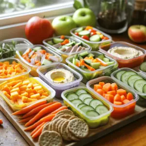 - Whole grain crackers - Sliced turkey or chicken breast - Cheddar cheese cubes - Baby carrots - Cucumber slices - Grape tomatoes - Hummus and ranch dressing - Sliced apples - Grapes For my Make-Ahead Lunchables, I focus on simple yet tasty ingredients. Whole grain crackers are a must. They add crunch and are healthy too. Next, I like sliced turkey or chicken breast for protein. It keeps you full and satisfied. Cheddar cheese cubes are another key ingredient. They pair well with the crackers and meat. A balanced meal needs fresh veggies. Baby carrots, cucumber slices, and grape tomatoes give color and crunch. They also add nutrients. For dips, I use hummus and ranch dressing. These add flavor and make veggies fun to eat. If you want a sweet touch, add sliced apples or grapes. They bring a burst of freshness. Gather these ingredients for a quick meal prep. With these options, you can mix and match. Enjoy building your own tasty Lunchables! You can find the full recipe [here]. To start, pick the right lunchboxes. Choose ones with compartments. This makes it easy to keep foods separate. Using these boxes helps keep everything neat and tidy. Next, gather your tools and ingredients. You will need: - A cutting board - A knife - Measuring cups - Small, compartmentalized containers Make sure you have all your ingredients ready. This will save time as you assemble. Now it’s time to build your Lunchables! First, layer the crackers. Place 1/4 cup of whole grain crackers in each compartment. This forms a crunchy base. Next, add your protein. Place 1/4 cup of sliced turkey or chicken breast next to the crackers. This adds a filling option. Now, it’s time for cheese. Add about 1/4 cup of cubed cheddar cheese next to the meat. This pairing is tasty and satisfying. Fill the rest of the spaces with veggies. Use baby carrots, cucumber slices, and halved grape tomatoes. This adds color and crunch to your meal. For dips, include a small cup for each container. Fill one with hummus and another with ranch dressing. This makes dipping easy and fun. Finally, add some fruit if you like. Sliced apples or grapes make a sweet addition. They balance the savory flavors well. Once everything is in place, seal the containers tightly. This keeps your food fresh. Store them in the fridge. They will stay good for up to five days. Enjoy your easy lunches anytime! For the full recipe, check out the details above. To make your Make-Ahead Lunchables quick, follow these methods: - Efficient Assembly Line Method: Set up all your ingredients in a line. Start by adding crackers, then meat, cheese, and veggies. This keeps you organized. You can quickly fill each container without wasting time. - Best Practices for Portion Control: Use measuring cups. This helps you keep the same amount of food in each container. It prevents waste and keeps your meals balanced. Keeping your Lunchables fresh is key to enjoying them later: - Storage Tips to Keep Ingredients Crisp: Use airtight containers. They help keep air out and freshness in. Store your Lunchables in the fridge right after you prepare them. - How to Prevent Spoilage: Avoid mixing wet and dry foods. Keep dips in separate containers. This stops crackers from getting soggy and keeps veggies crisp. Make your Lunchables fun and appealing: - Creative Arrangements for Visual Appeal: Arrange colorful veggies and fruits in fun patterns. Try creating a rainbow effect or a smiley face. This makes lunch exciting for kids. - Using Fun Containers for Kids: Choose lunchboxes with bright colors or fun shapes. Kids love unique designs. It makes lunchtime a little more special and encourages them to eat healthy. {{image_4}} You can mix up the proteins in your Make-Ahead Lunchables. Try using ham or salami instead of turkey or chicken. These meats add a nice salty taste. For a vegetarian option, consider using hummus or roasted chickpeas. They pack protein and flavor too. Customizing for dietary needs is easy. If you have dietary restrictions, choose what fits your lifestyle. Cheese is a great way to add flavor to your Lunchables. You can use different types of cheese like mozzarella, gouda, or pepper jack. Each cheese brings a unique taste. Non-dairy cheese options are also available. Brands today offer good alternatives made from nuts or soy. These can work well for those avoiding dairy. Adding spices or seasonings can boost flavor. Try sprinkling garlic powder or paprika on your meats. A dash of black pepper can also make a big difference. Don’t forget about dips! Incorporating different dips can change the game. You can use ranch, guacamole, or salsa for variety. Each dip adds its own fun twist. Keep your Make-Ahead Lunchables in the fridge at 40°F or lower. This helps keep food fresh. They can last up to five days. After that, the taste and texture may change. Always check for off smells or colors before eating. For longer storage, you can freeze your Lunchables. First, assemble them in airtight containers. Leave some space for expansion. When ready to eat, take them out and thaw in the fridge overnight. This keeps the food safe and tasty. Use compartmentalized containers for best results. They keep each food item separate. Glass or BPA-free plastic are great choices. If you want to be eco-friendly, look for reusable silicone bags or containers. They are safe and help reduce waste. Yes, you can make Make-Ahead Lunchables up to five days in advance. This allows you to save time during busy weeks. Just seal them tightly in containers. Store them in the fridge to keep them fresh. I always prep mine on Sunday for the week ahead. It’s a great way to stay organized. Transport your Lunchables in insulated lunch bags. This helps keep the food fresh and cool. Use containers with tight lids to prevent spills. If you add ice packs, they can stay cold longer. I find that small, divided containers work best for easy packing. Yes! You can make nut-free Make-Ahead Lunchables easily. Use seeds like sunflower or pumpkin instead of nuts. You can also stick with fruits and veggies. Just be sure to check all labels. This keeps everyone safe from allergens. You can enjoy delicious lunches without worry. Mix up your proteins, cheeses, and spreads each week. Try different dips like guacamole or salsa. Swap out veggies for seasonal options like bell peppers or snap peas. You can also switch between crackers and pita bread. This keeps your Make-Ahead Lunchables exciting and fun to eat. Yes, using pre-packaged ingredients can save time. Just check the labels for freshness and expiration dates. Look for options without added sugars or preservatives. I like to choose items made from whole foods. This way, I know I’m serving healthy meals. Always rinse pre-packaged veggies to remove any surface dirt. Make-ahead Lunchables are fun and easy to prepare. You can tailor them to your taste and dietary needs. Remember to use whole grain crackers, proteins, cheese, veggies, and tasty dips. Store them properly to keep ingredients fresh. With a few meal prep tricks, you can create appealing and nutritious lunches that your kids will love. Try different flavors and presentations to keep things exciting. Enjoy the convenience and delight these meals bring to your day!