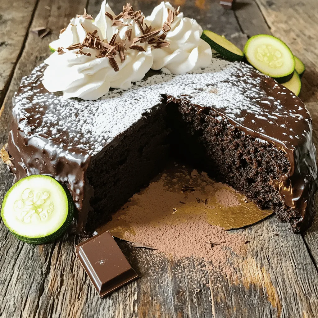 - 1 ½ cups grated zucchini (ensure it is squeezed dry) - 1 cup all-purpose flour - ½ cup unsweetened cocoa powder - ¾ cup granulated sugar - ½ cup tightly packed brown sugar - 2 large eggs - ½ cup vegetable oil - ½ cup semi-sweet chocolate chips To make this delightful Zucchini Chocolate Cake, you will start with the main ingredients. Grated zucchini adds moisture and nutrition. I always squeeze it dry to avoid a soggy cake. All-purpose flour gives the cake structure. Unsweetened cocoa powder provides that rich, chocolate flavor we all love. Next, we have the sweeteners. Granulated sugar gives a clean sweetness, while brown sugar adds a hint of caramel flavor. This blend makes the cake taste amazing. Finally, additional components like eggs bind everything together. Vegetable oil keeps the cake moist and soft. Semi-sweet chocolate chips add little bursts of chocolate in every bite. For the full recipe, check the details above. First, preheat your oven to 350°F (175°C). This step makes sure the cake cooks evenly. Next, prepare an 8-inch round cake pan. You can grease and flour it, or line it with parchment paper. This helps the cake come out easily after baking. In a medium bowl, combine the dry ingredients. You will need all-purpose flour, unsweetened cocoa powder, baking soda, baking powder, and salt. Whisk them together well. Once mixed, set this bowl aside for later use. In a large bowl, blend the sugars and oil. Use a hand mixer or a whisk to beat them until creamy. This step gives the cake a nice texture. Now, add the eggs one at a time. Beat well after each addition. Finally, mix in the vanilla extract for extra flavor. Gradually add the dry mixture into the wet mixture. Stir gently until just combined. Be careful not to overmix, as this can make the cake dense. Next, fold in the grated zucchini and semi-sweet chocolate chips. If you like, add chopped walnuts too. This adds a lovely crunch. Pour the batter into your prepared cake pan. Use a spatula to smooth the top. Place the pan in the preheated oven. Bake for 30-35 minutes. To check if it’s done, insert a toothpick into the center. If it comes out clean, the cake is ready. Once the cake is baked, remove it from the oven. Let it cool in the pan for about 10 minutes. After that, carefully transfer it to a wire rack. Allow it to cool completely before serving. This cooling step helps the flavors develop. Enjoy the process of baking this delightful zucchini chocolate cake! For the complete recipe, check out the [Full Recipe]. To get a light cake, avoid overmixing. Mix just until the ingredients blend. Overmixing makes the cake dense and tough. When you grate zucchini, use a box grater or food processor. Grate it fine for even mixing. After grating, squeeze out excess water. This step keeps the cake from being soggy. To check if your cake is done, use a toothpick. Insert it in the center. If it comes out clean, the cake is ready. If wet batter sticks, bake for a few more minutes. Each oven is different. You may need to adjust the baking time. Keep an eye on the cake as it bakes. For serving, slice the cake into wedges. A dusting of powdered sugar adds charm. You can also serve it with whipped cream. A sprinkle of cocoa powder gives a nice touch. For a creative finish, add chocolate shavings or a slice of fresh zucchini. This makes your cake look fancy and inviting. {{image_4}} You can easily change some ingredients in this cake. If you need gluten-free options, use almond flour or a gluten-free blend. This makes the recipe friendly for those with gluten sensitivities. For dairy-free adjustments, swap regular milk with almond or oat milk. You can also try coconut oil instead of vegetable oil for a rich taste. To boost the flavor, add spices like cinnamon or nutmeg. A teaspoon of cinnamon gives warmth and aroma. Nutmeg adds a hint of spice that pairs well with chocolate. For toppings, think outside the box. Try adding whipped cream or a simple chocolate glaze. Fresh fruit or nuts also make great toppings for a fun twist. You can adapt this recipe for smaller portions. To make mini cakes or muffins, use a muffin tin. Fill each cup about two-thirds full with batter. Bake for 18-20 minutes. This shorter time allows for a perfect bake. Plus, you get cute little treats that are easy to share! To keep your Zucchini Chocolate Cake fresh, follow these tips: - Room Temperature Storage: If you plan to eat the cake within two days, you can store it at room temperature. Just place it in an airtight container. This keeps the cake moist and tasty. - Refrigeration Tips: If you want to keep it longer, refrigerate the cake. Wrap it tightly in plastic wrap or foil. This prevents it from drying out. Make sure to consume it within a week for the best flavor. You can freeze your cake if you want to enjoy it later. Here is how: - How to Properly Freeze: First, let the cake cool completely. Then, slice it into pieces or keep it whole. Wrap each piece tightly in plastic wrap and then in aluminum foil. This helps avoid freezer burn. - Thawing Methods: To thaw, simply take the cake out of the freezer. Leave it wrapped and put it in the fridge overnight. For quicker results, you can let it sit at room temperature for about an hour. Keeping your cake fresh is easy with these steps: - Keeping the Cake Moist: Always store your cake in an airtight container. This keeps moisture locked in. You can also add a slice of bread inside the container. The bread helps keep the cake soft. - Signs the Cake Has Gone Bad: Check for any mold or an off smell. If the cake feels dry or hard, it’s best to toss it. Eating spoiled cake can upset your stomach, so always check before indulging! For the complete recipe, see [Full Recipe]. No, you can't taste the zucchini in this cake. The chocolate flavor is strong and rich. The zucchini adds moisture and helps keep the cake soft. You will only notice a light texture. You can make this cake healthier in a few ways. Use whole wheat flour instead of all-purpose flour. Replace some sugar with applesauce or mashed bananas. You can also add nuts or seeds for extra fiber and nutrients. To grate zucchini, use a box grater or a food processor. Cut off the ends first. Grate it on the largest holes for a nice texture. After grating, squeeze out excess water using a clean dish towel. This step is key for a perfect cake. Yes, you can use frozen zucchini. First, thaw it and squeeze out the water. This helps prevent a soggy cake. Frozen zucchini works well in baked goods like this cake. The cake will last about three days at room temperature. Store it in an airtight container to keep it fresh. If you want to enjoy it longer, consider refrigerating it. Absolutely! This recipe is simple and forgiving. It does not require special skills, and the steps are easy to follow. You can impress your family and friends with this delightful treat. Check the Full Recipe for detailed instructions. This blog post showed you how to make a tasty zucchini chocolate cake. We covered the key ingredients, step-by-step instructions, and helpful tips for perfecting your baking. I shared variations to fit your needs and ways to store leftovers. Zucchini in cake may seem odd, but it adds moisture and nutrition. Try this recipe and get creative with your own twists. Baking should be fun and easy. Enjoy every bite!