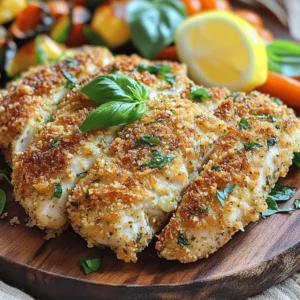 - 4 boneless, skinless chicken breasts - 1 cup panko breadcrumbs - 1/2 cup finely grated Parmesan cheese - 2 tablespoons fresh parsley, minced - 2 tablespoons fresh basil, minced - 1 teaspoon garlic powder - 1 teaspoon onion powder - 1/2 teaspoon sea salt - 1/2 teaspoon freshly ground black pepper - 2 large eggs - 1 tablespoon Dijon mustard - 1/4 cup all-purpose flour - Olive oil spray Each ingredient plays a key role. The panko breadcrumbs give a great crunch. Parmesan adds a rich flavor. The eggs help the coating stick. Flour provides a base for the breading. Herbs like parsley and basil boost freshness. The spices bring depth. Use precise amounts for the best taste. If you need to make changes, here are some ideas: - For gluten-free, swap panko with gluten-free breadcrumbs. - Use nutritional yeast instead of Parmesan for a dairy-free option. - Replace eggs with a flaxseed meal mix for a vegan option. - Use chicken thighs if you prefer darker meat. For the full recipe, check out the detailed instructions on how to make these crispy treats! Start by preheating your oven to 400°F (200°C). Grab a baking sheet and line it with parchment paper. A light spray of olive oil on the paper helps the chicken cutlets get crispy. This step is key for great texture. Next, let’s prepare the coating. In a shallow dish, mix together the panko breadcrumbs, Parmesan cheese, parsley, basil, garlic powder, onion powder, sea salt, and black pepper. Stir well until everything is blended. This mixture will add flavor and crunch to your chicken. Now, set up your breading stations. Place all-purpose flour in one shallow dish. In another, whisk the eggs and Dijon mustard until smooth. Take a chicken breast, coat it lightly with flour. Shake off any excess flour. Then, dip it in the egg wash, ensuring it’s fully covered. Finally, press the chicken into the breadcrumb mix, making sure it sticks well. Repeat this with all chicken breasts. Arrange the coated chicken cutlets on your prepared baking sheet. Give them a light misting of olive oil spray. This helps them turn golden while baking. Place the sheet in your preheated oven and bake for 20-25 minutes. Flip the cutlets halfway through to cook evenly. Make sure the chicken reaches an internal temperature of 165°F (75°C) for safe eating. Once golden, let them rest a few minutes before serving to keep them juicy. Enjoy these crispy delights! To make your chicken cutlets perfectly crispy, use panko breadcrumbs. They provide a light, crunchy texture. Spray the cutlets lightly with olive oil before baking. This oil helps them brown nicely. Bake them at 400°F (200°C) for the best results. Flip the cutlets halfway through the baking time for an even crisp. You want to see a golden brown color on both sides. To keep the chicken juicy, don’t overcook it. Cook until it reaches an internal temp of 165°F (75°C). Let the cutlets rest for a few minutes after baking. This allows the juices to settle back in. Using fresh herbs in the coating adds flavor and moisture too. The egg wash helps the breadcrumbs stick, creating a tasty seal for your chicken. You will need a few simple tools to make this recipe easy. A meat mallet helps flatten the chicken. This ensures even cooking. Use shallow dishes for the flour, egg wash, and breadcrumbs. A good baking sheet lined with parchment paper makes for easy cleanup. Lastly, a reliable oven thermometer checks your oven's accuracy. This way, your chicken cutlets come out perfect every time. For the full recipe, check the link provided. {{image_4}} You can easily boost the flavor of your chicken cutlets. Try adding spices like paprika or cayenne for some heat. A dash of Italian seasoning can add a nice herbal touch. You can also mix in different cheeses. Instead of Parmesan, try mozzarella or cheddar for a different taste. Cheese melts beautifully and adds a rich flavor. While panko gives a great crunch, other breadcrumbs work well too. You can use regular breadcrumbs for a softer texture. For a gluten-free option, crushed cornflakes or almond flour can do the trick. Both provide unique textures and flavors. Experimenting with different breadcrumbs can surprise your taste buds. You can cook these chicken cutlets in more ways than just baking. An air fryer gives you a crispy finish without much oil. Set the air fryer at 375°F (190°C) for 12-15 minutes. If you prefer skillet cooking, heat some oil in a pan. Cook the cutlets for about 5-7 minutes on each side. Each method offers a special twist on the classic recipe. For the full recipe, check the detailed steps above. Store your leftover chicken cutlets in an airtight container. Make sure they cool down first. This keeps them fresh for about three days. Place a paper towel under the lid to absorb moisture. This step helps maintain their crispy texture. To freeze chicken cutlets, wrap each one in plastic wrap. Then, place them in a freezer bag. Squeeze out as much air as you can. They will stay good for up to three months. Label the bag with the date you froze them. This way, you’ll know when to use them. For the best results, reheat chicken cutlets in the oven. Preheat your oven to 375°F (190°C). Place the cutlets on a baking sheet and heat for about 10-15 minutes. This will help them regain their crispiness. You can also use an air fryer for a quick reheat. Cook them at 350°F (175°C) for about 5-7 minutes. Enjoy your crispy and tasty chicken cutlets! Bake chicken cutlets for 20-25 minutes at 400°F (200°C). Check the internal temperature. It should reach 165°F (75°C) for safe eating. To ensure even cooking, flip the cutlets halfway through baking. Yes, you can prepare chicken cutlets in advance. Coat them and place them on a baking sheet. Cover with plastic wrap and store in the fridge for up to 24 hours. This makes dinner easier on a busy day. Oven-baked chicken cutlets go well with many sides. Here are some tasty options: - A crisp green salad - Roasted vegetables - Mashed potatoes - Garlic bread - Steamed rice These sides complement the cutlets well and add a nice touch to your meal. You can find the full recipe for crispy herb-infused oven-baked chicken cutlets in this article. It includes all the details you need to make them perfectly every time. You've learned about the key ingredients for chicken cutlets and how to prepare them. We covered each step, from preparing the oven to getting crispy results. Remember the tips for juiciness and the fun variations you can try. Store your cutlets right for the best taste later. This dish is easy and delicious. Try it out and enjoy sharing it with family and friends. Happy cooking!