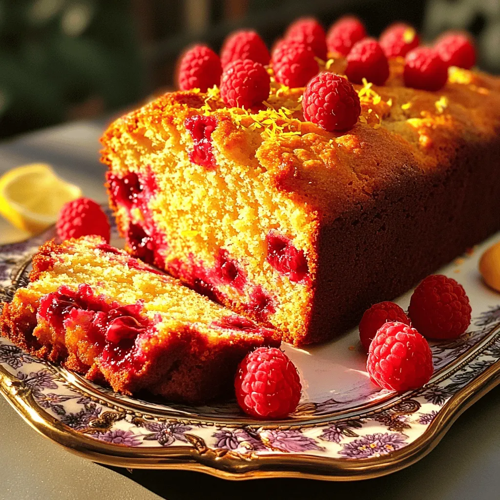 - 1 ½ cups all-purpose flour - 1 teaspoon baking powder - ½ teaspoon baking soda - ¼ teaspoon salt - ½ cup unsalted butter, softened to room temperature - 1 cup granulated sugar - 2 large eggs, at room temperature - 1 teaspoon vanilla extract - Zest of 1 lemon (about 1 tablespoon) - ¼ cup fresh lemon juice (about 1-2 lemons) - ½ cup buttermilk, at room temperature - 1 cup fresh raspberries - 2 tablespoons all-purpose flour (for coating the berries) When I make this Raspberry Lemon Loaf, I always gather my ingredients first. This helps me stay organized. Each item plays a key role in the flavor and texture. I use all-purpose flour for the base. Baking powder and baking soda help the loaf rise. A pinch of salt balances the sweetness. Next, I cream unsalted butter and granulated sugar. This mix adds richness. Eggs provide moisture and structure. Vanilla extract enhances flavor. I love using fresh lemon juice and zest. They give a bright, zesty taste. Buttermilk keeps the loaf moist and fluffy. Fresh raspberries add a burst of flavor. Coating them in flour prevents them from sinking. This step is vital for a beautiful loaf. This complete list makes it easy to follow the Full Recipe. You can enjoy this fresh and flavorful treat any time! First, preheat your oven to 350°F (175°C). This is key for even baking. Next, grab a 9x5 inch loaf pan. Grease it well, and line the bottom with parchment paper. This makes removing the loaf easy later. In a medium bowl, combine 1 ½ cups of all-purpose flour, 1 teaspoon baking powder, ½ teaspoon baking soda, and ¼ teaspoon salt. Whisk these together until they blend well. Set this bowl aside. Now, in a larger bowl, cream ½ cup of softened unsalted butter and 1 cup of granulated sugar using an electric mixer. Beat on medium-high speed for about 3-4 minutes. It should look light and fluffy. Then, add 2 large eggs one at a time. Mix well after each addition. Next, stir in 1 teaspoon of vanilla extract, the zest of 1 lemon, and ¼ cup of fresh lemon juice. Mix just until everything is smooth. Now, slowly add your dry mix to the wet mix. Alternate this with ½ cup of buttermilk. Start and end with the dry mix. Mix until just combined; don’t overdo it! Now, take 1 cup of fresh raspberries and coat them with 2 tablespoons of flour in a small bowl. This helps them stay suspended in the batter. Gently fold these raspberries into the mixture. Be careful not to break them. Pour the batter into your prepared loaf pan. Use a spatula to smooth the top. Place it in the oven and bake for 50-60 minutes. To check if it’s done, insert a toothpick into the center. If it comes out clean, your loaf is ready. Once baked, let it cool in the pan for about 10 minutes. Then, gently lift it out using the parchment paper and set it on a wire rack to cool completely. Enjoy your fresh and flavorful Raspberry Lemon Loaf! For more details, check out the Full Recipe. To get that soft, moist loaf, you need the right balance of wet and dry ingredients. Start with room-temperature butter and eggs. They mix better and help create a fluffy batter. Mix the batter just until you see no dry flour. If you overmix, your loaf may turn tough. Lemon zest is key. It packs a punch of bright flavor. You can also try using fresh vanilla beans for a richer taste. If you want more tartness, add an extra splash of lemon juice. The raspberries add sweetness, so pick ripe ones for the best taste. For a beautiful finish, slice the loaf into even pieces. Use a sharp knife for clean cuts. Place slices on a nice platter, and add fresh raspberries on top. A sprinkle of lemon zest adds color and highlights the flavors. You can even drizzle a light glaze for a sweet touch. {{image_4}} You can easily make this loaf gluten-free. Use a gluten-free flour blend instead of all-purpose flour. Make sure the blend has xanthan gum for better texture. For a dairy-free version, replace buttermilk with almond milk mixed with a bit of vinegar. This swap keeps the loaf moist and tasty. Feel free to add nuts or other fruits! Chopped walnuts or pecans give a nice crunch. If you prefer, swap raspberries for blueberries or even diced strawberries. Just remember to coat these fruits with flour to avoid sinking. Mixing different fruits adds a fun twist to your loaf. Herbs and spices can add depth to the loaf. Try adding a pinch of cinnamon for warmth. For a fresh twist, mix in a bit of chopped mint or basil. These flavors create a unique taste that surprises your guests. Don't be afraid to experiment and find your favorite blend! After enjoying your delicious raspberry lemon loaf, store leftovers in an airtight container. This helps keep the loaf moist and fresh. You can also wrap it tightly in plastic wrap. Place it in a cool, dry place for up to three days. If you want to keep it longer, consider freezing it. To freeze the loaf, first let it cool completely. Once cooled, wrap it in plastic wrap, then in aluminum foil. This double wrapping protects it from freezer burn. You can freeze the loaf for up to three months. When you’re ready to enjoy it, simply thaw it in the fridge overnight. To reheat your raspberry lemon loaf, preheat your oven to 350°F (175°C). Unwrap the loaf and place it on a baking sheet. Heat it for about 10-15 minutes. This warms it up while keeping it moist. You can also slice it and heat individual pieces in the microwave for about 15-20 seconds. Enjoy it warm for a fresh taste! The Raspberry Lemon Loaf lasts about 3 to 4 days at room temperature. It’s best to store it in an airtight container. In the fridge, it can last up to a week. Keep it covered to prevent it from drying out. Yes, you can make this recipe in advance. I suggest baking the loaf a day ahead of when you plan to serve it. This allows the flavors to meld together nicely. Just remember to wrap it well before storing. You can serve this loaf with a dollop of whipped cream or a scoop of vanilla ice cream. A sprinkle of powdered sugar on top also adds a nice touch. Fresh berries or a lemon glaze can make it even more delightful. For the full details on how to create this delicious treat, check out the Full Recipe. It includes all the ingredients and steps to make your baking experience easy and fun. This article covered everything you need to know about making a delicious raspberry lemon loaf. I shared the key ingredients, step-by-step instructions, and tips for the best texture and flavor. You learned how to customize your loaf and store leftovers properly. Remember, small changes can greatly enhance your baking. Now you’re ready to create a tasty loaf that you and others will love. Enjoy baking and sharing this delightful treat!