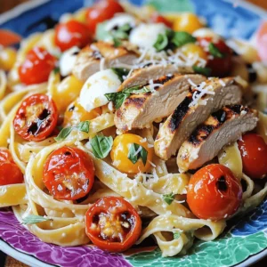 To make bruschetta chicken pasta, you need a few key ingredients. Here’s what you will need: - 2 boneless, skinless chicken breasts - Salt and freshly ground black pepper, to taste - 2 tablespoons extra virgin olive oil - 3 cloves garlic, finely minced - 1 cup cherry tomatoes, halved - 1/4 cup fresh basil leaves, coarsely chopped - 2 tablespoons balsamic vinegar - 12 ounces fettuccine pasta - 1/2 cup mozzarella cheese, shredded - Grated Parmesan cheese, for serving - Fresh basil leaves for garnish These ingredients build layers of flavor and make your dish fresh and vibrant. I love using extra virgin olive oil in this recipe. It adds a rich taste. It also helps cook the chicken to perfection. Salt and pepper are essential. They boost the chicken's flavor. Using fresh garlic makes a big difference. It gives a nice aroma that fills your kitchen. Balsamic vinegar adds a tangy twist. It balances the sweetness of the tomatoes. Together, these oils and seasonings create a delightful base for the pasta. Garnishes can make your dish shine even more. You can use fresh basil leaves on top. They add color and a burst of flavor. Grated Parmesan cheese is another great choice. It adds creaminess and a salty taste that compliments the dish. For an extra touch, drizzle some balsamic glaze over the top. This step makes the meal look fancy while enhancing its flavor. Start with two boneless, skinless chicken breasts. Season both sides with salt and freshly ground black pepper. Heat 2 tablespoons of extra virgin olive oil in a large skillet over medium heat. When the oil shimmers, add the chicken breasts. Cook for 6-7 minutes on each side until golden and cooked through. The internal temperature should reach 165°F. Once done, take the chicken out and let it rest for a few minutes. Then slice it into strips. In the same skillet, add 3 finely minced cloves of garlic. Sauté for about one minute until fragrant. Watch closely to avoid burning the garlic. Next, add 1 cup of halved cherry tomatoes and 1/4 cup of coarsely chopped fresh basil leaves. Cook for another 3-4 minutes. This allows the tomatoes to soften and release their juices. Finally, drizzle 2 tablespoons of balsamic vinegar over the mix and stir gently. While the tomato and basil mixture cooks, bring a large pot of salted water to a boil. Add 12 ounces of fettuccine pasta and cook according to the package instructions, usually about 8-10 minutes. When the pasta is ready, drain it but save about 1/2 cup of the pasta water. Add the cooked fettuccine to the skillet with the tomato-basil mix. Toss everything gently to coat the pasta. If it seems dry, add a splash of the reserved pasta water. Next, fold in the sliced chicken and sprinkle 1/2 cup of shredded mozzarella cheese on top. Mix gently to let the cheese melt. Serve your bruschetta chicken pasta on plates, topped with grated Parmesan cheese and fresh basil leaves. For a final touch, consider drizzling a bit more balsamic vinegar. For the full recipe, refer to the beginning of the article. To get juicy chicken, start with fresh, good-quality breasts. Season both sides with salt and pepper. Heat olive oil in a skillet over medium heat. Once hot, add the chicken. Cook it for about 6-7 minutes per side. Use a meat thermometer to check the internal temperature of 165°F. Let the chicken rest before slicing it. This keeps the juices inside. Use a large pot of salted water for boiling fettuccine. Bring the water to a rolling boil before adding pasta. Cook it according to package instructions, usually 8-10 minutes, until al dente. This means the pasta should have a slight bite. When draining, reserve some pasta water. This water helps bind the sauce and pasta together. Add more flavor by using fresh herbs. Consider thyme or oregano along with basil. A squeeze of lemon juice brightens the dish. For a spicy kick, add red pepper flakes. You can also throw in more veggies like spinach or bell peppers. These add color and nutrition. Lastly, a drizzle of high-quality balsamic vinegar elevates the taste. For the full experience, check out the Full Recipe. {{image_4}} If you want a meat-free dish, try using grilled eggplant or zucchini instead of chicken. You can also add more vegetables like bell peppers or spinach. These options keep the dish fresh and full of flavor. For a gluten-free version, use gluten-free pasta. There are many great options made from rice or quinoa. This swap will not change the taste much, so you can enjoy your meal without worry. Get creative with toppings! Consider adding olives or artichokes for a Mediterranean twist. You can also sprinkle some crushed red pepper for heat. A handful of arugula or spinach adds a nice peppery flavor and boosts nutrition. If you want the full recipe, check out the detailed steps to make this dish. Each variation allows you to enjoy bruschetta chicken pasta in your own way! To store leftover bruschetta chicken pasta, first let it cool to room temperature. Use an airtight container to keep it fresh. Store it in the fridge for up to three days. If you want to enjoy it later, ensure you label the container with the date. This way, you know how long it’s been stored. When it's time to heat your pasta, use the stove or microwave. For the stove, place the pasta in a skillet. Add a splash of water or broth to keep it moist. Heat over medium until warm, stirring often. If you use the microwave, cover the dish with a damp paper towel. Heat in short bursts, stirring in between, until it’s hot. Freezing bruschetta chicken pasta is a great way to save it. To freeze, let it cool completely. Then, place it in a freezer-safe bag or container. Remove as much air as possible before sealing. It will stay good for about three months. When ready to eat, thaw it overnight in the fridge before reheating. For the best taste, consume within a month of freezing. I love using fettuccine for Bruschetta Chicken Pasta. Its wide shape holds the sauce well. You can also try penne or rotini if you prefer. These shapes grab the sauce and flavor nicely. Yes, you can make Bruschetta Chicken Pasta ahead. Cook the chicken and pasta, then mix them with the sauce. Store it in the fridge for up to two days. Just reheat it gently on the stove or in the microwave. I suggest a simple green salad with a light vinaigrette. Garlic bread is another great choice. You could also serve steamed vegetables for a healthy balance. These sides complement the pasta's flavors well. In this post, we explored how to make Bruschetta Chicken Pasta. We covered the key ingredients, step-by-step cooking instructions, and helpful tips. We also discussed variations to fit your needs, along with storage and reheating methods. This dish is easy to adapt and delicious. Remember, cooking should be fun. Try new flavors and enjoy every bite!
