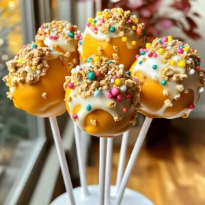 To make delicious pumpkin pie cake pops, you need a few key ingredients: - 1 box yellow cake mix - 1 cup canned pumpkin puree - 3 large eggs - 1/3 cup vegetable oil - 1 tablespoon pumpkin pie spice - 1 teaspoon vanilla extract - 1 cup cream cheese frosting - 1 cup white chocolate chips - 1 tablespoon coconut oil - Sprinkles or crushed graham crackers, for decoration Using high-quality ingredients is important. Choose pure pumpkin puree for the best flavor. Fresh eggs and good vanilla extract can also enhance the taste. You can change things up with fun variations. Here are some ideas: - Instead of yellow cake mix, try spice cake mix for extra flavor. - Use dark chocolate or milk chocolate chips instead of white chocolate. - Add nuts or mini chocolate chips to the cake mix for crunch. If you have dietary needs, consider these swaps: - For gluten-free options, use a gluten-free cake mix. - Replace cream cheese frosting with a dairy-free or vegan frosting. - You can use applesauce instead of eggs for a vegan version. Feel free to mix and match these ideas to create your perfect pumpkin pie cake pops! For more details, check the Full Recipe. First, preheat your oven to 350°F (175°C). Take a 9x13-inch baking pan and grease it. You can use non-stick spray or line it with parchment paper. This helps with easy removal after baking. Next, grab a large mixing bowl. In this bowl, combine the yellow cake mix, canned pumpkin puree, eggs, vegetable oil, pumpkin pie spice, and vanilla extract. Mix everything until it's smooth. Make sure there are no lumps left in the batter. Now, pour the cake batter into the prepared baking pan. Spread it evenly, so it bakes uniformly. Bake for about 25-30 minutes. To check if it’s done, insert a toothpick into the center. It should come out clean when the cake is ready. Once baked, let the cake cool in the pan. After a few minutes, transfer it to a wire rack. Allow it to cool completely before crumbling. After the cake has cooled, crumble it into fine pieces in a large mixing bowl. Gradually mix in the cream cheese frosting. You can use your hands or a spatula for this. The mixture should be moist and hold its shape when pressed. Now, take small portions of this mixture and roll them into balls. Aim for about 1 inch in diameter. Place the formed cake pops on a lined baking sheet. Once all the balls are rolled, refrigerate them for about 30 minutes. This makes them firm and easier to dip. While the cake pops chill, melt the white chocolate chips and coconut oil in a microwave-safe bowl. Heat in 30-second intervals and stir well after each. Be careful not to overheat it. After chilling, take the cake pops from the fridge. To help the sticks stick better, dip the tip of each stick into the melted white chocolate. Then, carefully insert it into the center of each cake pop. Next, dip each cake pop into the melted white chocolate. Allow excess chocolate to drip back into the bowl. While the chocolate is still wet, roll the cake pops in sprinkles or crushed graham crackers. This adds a fun touch! To keep the cake pops upright while the chocolate sets, use a styrofoam block or a container filled with rice. Allow the chocolate to harden at room temperature for about 10-15 minutes. If you want to speed it up, place them in the fridge. For the complete recipe, check the Full Recipe section! To make moist cake pops, keep these tips in mind: - Use a box of yellow cake mix. - Add one cup of canned pumpkin puree. - Mix in eggs, oil, and spices well. - Avoid overbaking; check for doneness at 25 minutes. Fully cooling the cake is vital. If you skip this step, the cake may crumble too much. Wait until it’s room temperature before mixing it with frosting. Get creative with your cake pop toppings! Here are some fun ideas: - Roll in crushed graham crackers for a pie crust flavor. - Use festive sprinkles for a pop of color. - Drizzle extra melted chocolate on top for flair. For decoration, consider these tools: - A small cookie scoop for even shapes. - Parchment paper for easy cleanup. - A styrofoam block to hold cake pops upright as they set. Watch out for these issues: - Chocolate can crack if overheated. Melt slowly, stirring often. - Cake pops may fall apart if too warm or not chilled. Always chill before dipping. If you face these problems, here are some solutions: - If chocolate cracks, try adding a bit of coconut oil while melting. - If cake pops fall apart, chill them longer before dipping. With these tips, you’re set for success with your pumpkin pie cake pops! Check out the Full Recipe for all the details. {{image_4}} You can change the flavor of your cake pops to suit your taste. Here are some ideas: - Chocolate Cake: Swap out the yellow cake mix for chocolate cake mix. This gives a rich and sweet twist. - Spice Cake: Use a spice cake mix to add warmth and depth. The spices will blend nicely with the pumpkin flavor. - Frosting Choices: Instead of cream cheese frosting, try vanilla or chocolate frosting. Each type brings a new layer of taste. You can also modify this recipe for different diets. Here are some suggestions: - Gluten-Free: Use a gluten-free cake mix. It works well and keeps the cake pops soft. - Vegan Options: Substitute eggs with flax eggs. Mix one tablespoon of flaxseed meal with three tablespoons of water for each egg. - Low-Sugar: Use a sugar alternative like erythritol or stevia. These options help reduce sugar without losing sweetness. For the full recipe, check out the detailed steps and enjoy making these delightful treats! To store your cake pops, keep them at room temperature for short periods. Place them in a cool, dry space. Use a cake pop stand or a box to avoid touching. If you want to store them longer, refrigerate them. Wrap each pop in plastic wrap or place them in an airtight container. This keeps them fresh and moist. If you have leftover cake pops, freezing is a great option. Simply arrange them in a single layer on a baking sheet. Once frozen, transfer them to a sealed bag or container. This way, they stay fresh for up to three months. Pumpkin pie cake pops can last up to one week at room temperature. If stored in the fridge, they can last longer, up to two weeks. Always check for signs of spoilage. If you see any mold or if they smell off, it’s best to throw them away. These simple checks will help keep your treats safe and tasty. Cake pops can last about 1 week at room temperature. If you store them in the fridge, they can stay fresh for 2 weeks. Make sure to keep them in an airtight container. This helps prevent them from drying out or absorbing strong smells from the fridge. Yes, you can! Prepare the cake pops and chill them. Store them in the fridge for up to 2 days before serving. If you want to make them even earlier, freeze the uncoated cake balls. Just remember to let them thaw before dipping in chocolate. If you don't have cake pop sticks, you can use pretzel sticks or even forks! You can also serve them in mini cups or on a plate. This makes them easy to grab and eat. Get creative with how you display them! To avoid seizing, melt your white chocolate slowly. Use a microwave on low power, heating in 30-second bursts. Stir well between each burst. If it looks thick, add a teaspoon of coconut oil to thin it out. This keeps the chocolate smooth and easy to dip. In this article, we explored how to make delicious pumpkin pie cake pops. We covered key ingredients, essential steps for baking, and creative decorating tips. Customization options allow you to cater to various tastes and dietary needs. Remember to store your cake pops properly for the best flavor and freshness. With these tips, you can enjoy tasty treats that impress friends and family. Dive in and enjoy making these fun and festive desserts!