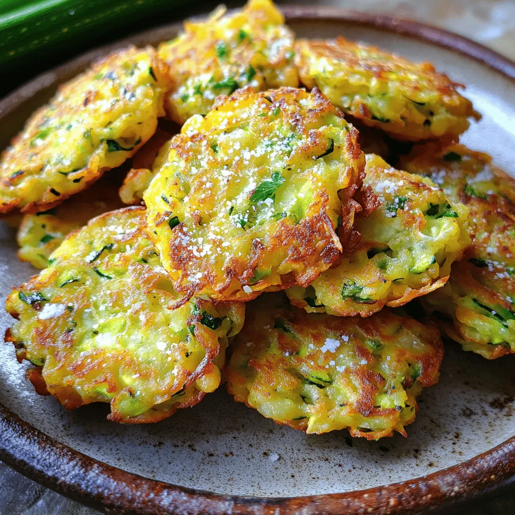 To make crispy zucchini fritters, you need a few simple ingredients. Here’s what you will need: - 2 medium zucchinis, grated - 1 teaspoon salt - 1/2 cup all-purpose flour - 1/4 cup cornmeal - 1/4 cup freshly grated Parmesan cheese - 1 large egg - 2 green onions, finely chopped - 2 cloves garlic, minced - 1/2 teaspoon freshly ground black pepper - 1/2 teaspoon smoked paprika - Olive oil for frying - Optional: Fresh herbs (such as parsley or basil) for garnish Using fresh ingredients ensures the best taste. Grating the zucchini helps it cook well. The cornmeal gives the fritters a nice crunch. Parmesan cheese adds a savory touch. You can adjust the herbs to your liking. For a richer flavor, try different cheese options. Check out the Full Recipe for detailed instructions on turning these ingredients into a delightful dish. To start, grate the zucchinis into a large bowl. Use a box grater or food processor. Next, sprinkle one teaspoon of salt over the grated zucchini. Mix it well and let it sit for 10 minutes. This step is key because it helps to drain out excess moisture. After 10 minutes, take a clean kitchen towel. Place the salted zucchini inside and wring it tightly. This will remove a lot of liquid and leave you with dry, grated zucchini. Now, move on to mixing the batter. In a large mixing bowl, combine the drained zucchini with the remaining ingredients. Add ½ cup of all-purpose flour, ¼ cup of cornmeal, ¼ cup of freshly grated Parmesan cheese, one large egg, two finely chopped green onions, two minced garlic cloves, ½ teaspoon of black pepper, and ½ teaspoon of smoked paprika. Stir everything together until you create a cohesive mixture. It should look like a thick batter. Next, heat a non-stick skillet over medium heat. Drizzle enough olive oil to coat the bottom of the skillet. When the oil shimmers, it’s time to cook. Use a spoon or ice cream scoop to take about 2 tablespoons of the zucchini mixture. Drop it into the pan. Flatten each fritter gently with the back of a spatula. Fry the fritters for about 3-4 minutes on each side. They should turn golden brown and crispy. If you need to, add more olive oil between batches to keep the frying surface well-coated. Once cooked, transfer the fritters to a plate lined with paper towels. This will absorb any extra oil and keep them crispy. Enjoy the full recipe for more details on these delicious fritters! To get crispy zucchini fritters, you must drain the zucchini well. When you grate the zucchini, it holds a lot of water. If you skip this step, your fritters will end up soggy. After salting the grated zucchini, let it sit for about 10 minutes. This process pulls out excess moisture. Then, use a clean kitchen towel to wring out the liquid. The drier the zucchini, the better your fritters will be. The frying temperature is also key. Heat your skillet over medium heat. Once the oil shimmers, you know it's hot enough. If your oil is too cool, the batter absorbs too much oil. This will make your fritters greasy instead of crispy. A perfect temperature helps them become golden brown. Pair your fritters with tasty sauces. Tzatziki sauce and spicy mayo are both great choices. These add flavor and creaminess to your dish. You can also try a simple yogurt dip mixed with herbs. For presentation, serve the fritters on a decorative platter. Arrange them in a circle and sprinkle fresh herbs on top. This makes them look colorful and inviting. Don't forget to add a small bowl of your chosen dipping sauce on the side. This makes eating more fun and adds extra taste! {{image_4}} You can change a few ingredients to make these fritters your own. If you do not have Parmesan cheese, try using feta or cheddar. Both add a salty kick. You can also skip the cheese entirely for a lighter version. Adding spices can elevate your fritters. Try mixing in a teaspoon of cumin or chili powder. These spices give an exciting twist. You can also use fresh herbs like dill or cilantro for fresh flavor. For those who need gluten-free options, almond or oat flour works great. These flours add a nice texture and keep your fritters crispy. Just swap the all-purpose flour with your chosen alternative in the recipe. If you want a vegan version, replace the egg with a flaxseed mixture. To do this, mix one tablespoon of ground flaxseed with three tablespoons of water. Let it sit for five minutes until it thickens. This simple swap will bind your fritters just like an egg would. Feel free to explore these variations while making your crispy zucchini fritters! To store leftover fritters, let them cool down first. Place them in an airtight container. They will stay fresh in the fridge for about 3 days. When you are ready to eat, reheat them in a skillet. Heat them over medium heat for about 2-3 minutes. This will help them regain their crispiness. You can also freeze cooked fritters. First, let them cool completely. Then, place them in a single layer on a baking sheet. Freeze them for about 1-2 hours until firm. After that, transfer them to a freezer-safe bag. They can last for up to 3 months in the freezer. When you want to eat them, take out the fritters and thaw them overnight in the fridge. To reheat, just pop them back in the skillet for a few minutes until warm and crispy again. To make zucchini fritters crispy, moisture is key. First, grate the zucchinis and sprinkle them with salt. Let them sit for at least 10 minutes. This helps draw out excess water. After ten minutes, use a clean kitchen towel. Place the salted zucchini inside and wring it out. You want them as dry as possible. Next, fry them in hot oil. Use enough oil to coat your skillet. Make sure the oil is hot before adding the fritters. Fry them until nice and golden brown on both sides. This method keeps your fritters crispy and delicious. Yes, you can make these fritters ahead of time. Store them in an airtight container in the fridge for up to three days. To reheat, place them in a hot skillet with a bit of oil. Heat them on medium until they are crispy again. You can also bake them in the oven at 350°F for about 10-15 minutes. This way, they stay crispy and tasty. You can serve these fritters with many tasty dips. A cool tzatziki sauce works great. It's fresh and creamy. You could also try a spicy mayo for a kick. If you want something simple, serve them with ketchup or ranch dressing. They are also great with a side salad or as a snack. For the complete recipe for Crispy Zucchini Fritters, follow this [link](#). 🥒 This blog post shows how to make crispy zucchini fritters from fresh ingredients. We covered key steps like preparing zucchini, mixing the batter, and frying to golden perfection. Remember to drain the zucchini well for the best texture. You can also explore fun variations and dietary swaps to fit your needs. If you have leftovers, follow our tips for storage and reheating. Enjoy these tasty fritters as a snack or meal. Try them out and impress your friends and family!