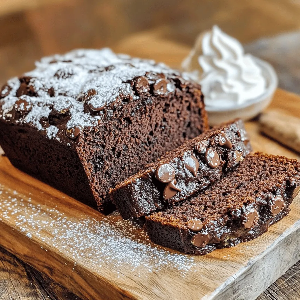 - 1 medium zucchini, finely grated - 2 ripe bananas, thoroughly mashed - 1 cup all-purpose flour - 1/2 cup unsweetened cocoa powder - 1/2 teaspoon baking soda - 1/2 teaspoon baking powder - 1/4 teaspoon salt - 1/2 cup granulated sugar - 1/4 cup packed brown sugar - 1/4 cup vegetable oil - 2 large eggs - 1 teaspoon pure vanilla extract In this recipe, zucchini adds moisture and nutrition. It makes the bread soft and fluffy. The ripe bananas bring a sweet flavor and natural sugars. They also help bind the mixture together. The dry ingredients include flour, cocoa powder, baking soda, baking powder, and salt. These create the bread's structure and rich chocolate taste. The sugars add sweetness and depth. I use granulated sugar for sweetness and brown sugar for a hint of caramel flavor. Eggs and oil help with moisture and richness. They also aid in binding the ingredients. The vanilla extract gives a lovely aroma and enhances the chocolate taste. - 1/2 cup chocolate chips (optional) - Nuts (optional) Adding chocolate chips makes the bread even more decadent. You can choose dark, milk, or semi-sweet chips. Nuts bring a crunchy texture and nutty flavor. Walnuts or pecans work well, but feel free to use your favorite type. For the full recipe, check out the details above. You’ll love how simple and tasty this Chocolate Zucchini Banana Bread is! 1. Prepping the Oven and Pan Start by preheating your oven to 350°F (175°C). This step is key to getting even heat. While the oven warms, prepare a 9x5 inch loaf pan. Grease it lightly or line it with parchment paper. This helps the bread come out easily. 2. Mixing Wet Ingredients In a medium bowl, combine the finely grated zucchini and mashed bananas. Add the vegetable oil, eggs, and pure vanilla extract. Use a fork or whisk to blend these ingredients until smooth. This creates a moist base for your bread. 3. Combining Dry Ingredients In a large bowl, sift together the all-purpose flour, cocoa powder, baking soda, baking powder, and salt. This helps to mix the dry ingredients well. Next, add both granulated and brown sugar. Whisk until fully combined. This mixture gives your bread a nice sweetness and structure. 1. Mixing Wet and Dry Ingredients Make a well in the center of the dry mix. Pour in the wet mixture. Gently stir with a spatula until just combined. Avoid overmixing, as this can make the bread tough. If you choose to add chocolate chips, fold them in now. 2. Pouring Batter into the Pan Carefully pour the batter into the prepared loaf pan. Smooth the top with the back of a spatula. This helps to create an even surface for baking. 3. Baking Time and Testing for Doneness Place the loaf pan in the preheated oven. Bake for 50-60 minutes. To test for doneness, insert a toothpick into the center. It should come out clean or with just a few moist crumbs. Once baked, let it cool in the pan for about 10 minutes. Then, transfer to a wire rack to cool completely. For the full recipe, check out the ingredients and steps provided. - Overmixing the Batter: This is a big one. If you mix too much, your bread gets tough. You want to mix just until the flour disappears. - Not Measuring Ingredients Accurately: A small mistake in measuring can ruin your bread. Use measuring cups and spoons for best results. - Ensuring Proper Oven Temperature: Always preheat your oven. If it’s too hot or too cold, your bread won’t bake right. Use an oven thermometer for accuracy. - Using Fresh Ingredients: Fresh zucchini and ripe bananas make a big difference. They add moisture and flavor. - Presentation Tips for Serving: Slice the bread and place it on a nice plate. A sprinkle of powdered sugar looks great. You can also serve it with whipped cream for a treat. - Pairing Ideas: Enjoy the bread with a cup of coffee or tea. It also pairs well with fresh fruit or yogurt for a balanced snack. For the full recipe, check out the link above. {{image_4}} You can change the flavor of your Chocolate Zucchini Banana Bread easily. Adding spices like cinnamon and nutmeg can give it a warm, cozy taste. Just a teaspoon of cinnamon or nutmeg in the dry mix can brighten up the flavors. It adds depth without being overpowering. Swapping ingredients can also make the bread healthier. Use whole wheat flour instead of all-purpose flour for more fiber. You can even mix in almond flour for a nutty twist. These swaps keep the bread moist while making it more nutritious. If you need gluten-free options, try using gluten-free all-purpose flour. This keeps the bread soft while making it safe for those with gluten issues. Just ensure that all other ingredients, especially baking powder, are gluten-free. For vegan modifications, replace the eggs with flaxseed meal. Mix one tablespoon of ground flaxseed with three tablespoons of water. Let it sit for five minutes to thicken. This acts as a great egg substitute. You can also swap the vegetable oil for applesauce to cut down on fat. These variations help you enjoy a tasty treat while meeting your dietary needs. Want to try the full experience? Check out the Full Recipe for all the details! Short-Term Storage (Room Temperature) To keep your chocolate zucchini banana bread fresh, store it at room temperature. Wrap it in plastic wrap or foil. This keeps moisture in and prevents it from drying out. Place it in a bread box or a cool, dry place. It will stay good for about 3 to 4 days. Long-Term Storage (Freezing) For longer storage, freezing is your best option. Slice the bread first for easy serving later. Wrap each slice tightly in plastic wrap, then place them in a freezer-safe bag. This helps protect against freezer burn. You can freeze it for up to 3 months. Best Methods to Reheat When you want to enjoy your chocolate zucchini banana bread again, reheating is simple. You can use an oven or a microwave. - Oven Method: Preheat your oven to 350°F (175°C). Place the slices on a baking sheet. Heat for about 10 minutes or until warm. - Microwave Method: Place a slice on a microwave-safe plate. Heat for 15 to 20 seconds. Check if it’s warm enough for your taste. These methods keep the bread moist and delicious! Chocolate Zucchini Banana Bread lasts about 3 to 4 days at room temperature. To keep it fresh, store the bread in an airtight container. If you want it to last longer, refrigerate it. In the fridge, it can stay good for up to a week. Just remember to let it reach room temp before you slice it. Yes, you can freeze Chocolate Zucchini Banana Bread. Wrap the bread tightly in plastic wrap or foil. This prevents freezer burn. You can also put it in a freezer bag. It will stay fresh for about 2 to 3 months. When you want to eat it, thaw it overnight in the fridge. Then, warm it in the oven for a tasty treat. Yes, you can use other fruits! Applesauce can be a great substitute for bananas. It adds moisture and sweetness. You can also try mashed avocados for a creamy texture. If you want a fruity twist, use pureed peaches or pears. Just keep in mind that the flavor and texture may change. Experiment to find your favorite mix! In this post, we explored how to make Chocolate Zucchini Banana Bread. We covered key ingredients like zucchini, bananas, and optional chocolate chips. You learned important steps for preparation, baking, and tips to avoid common mistakes. Don’t forget about the fun variations and serving ideas to impress others. Chocolate Zucchini Banana Bread is a delightful treat. It’s easy to customize and enjoy fresh. Now, go ahead and bake some for yourself or to share!