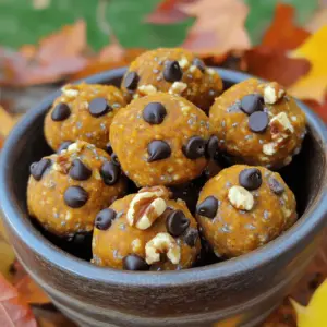 - Rolled Oats: These oats give the bites a great texture and energy boost. They fill you up and provide fiber, which is good for digestion. - Almond Butter: This nut butter adds healthy fats and a rich flavor. It helps bind the mixture together too. You can also use peanut or sunflower seed butter if you prefer. - Pumpkin Puree: Pumpkin adds moisture and a lovely fall taste. It’s packed with vitamins and gives these bites their cozy feel. - Mini Chocolate Chips: These little treats add a sweet touch. They’re fun and make each bite feel special. - Chopped Walnuts or Pecans: Nuts add crunch and a bit of protein. They also enhance the flavor and make each bite more satisfying. - Mixing Bowl: A large bowl is needed to mix all the ingredients together. - Parchment Paper: This paper helps to keep the bites from sticking to the baking sheet. It makes clean-up easy too. - Airtight Container: You’ll need one to store the bites after they chill. It keeps them fresh and tasty for later. If you want to make these yummy bites, check out the [Full Recipe]. - Combine the Dry and Wet Ingredients In a large mixing bowl, combine 1 cup of rolled oats, 1/2 cup of almond butter, and 1/4 cup of pure maple syrup. Add 1/2 cup of pumpkin puree and 1 teaspoon of pumpkin spice blend. Finally, sprinkle in 1/4 teaspoon of sea salt. Use a spatula to mix until everything is well blended. The mixture should feel thick and sticky. - Achieving the Right Consistency You want a texture that holds together well. If it feels too dry, add a bit more pumpkin puree or almond butter. If it’s too wet, sprinkle in a bit more rolled oats. The mix should form easily into balls without falling apart. - Rolling Into Balls With clean hands, take small amounts of the mixture. Roll them into bite-sized balls, about 1 inch in diameter. Place each ball on a parchment-lined baking sheet. Make sure they sit apart to avoid sticking together. - Tips for Even Sizing To keep all your bites the same size, use a small cookie scoop or a tablespoon. This way, every bite is uniform and looks great on the plate. - Importance of Refrigeration After shaping all the bites, transfer the baking sheet to the refrigerator. Chill them for at least 30 minutes. This helps the bites firm up, making them easier to handle and eat. - Preparing for Storage Once chilled, place the energy bites in an airtight container. They will stay fresh in the fridge for up to one week. For longer storage, freeze them. This makes a great snack for busy days. Enjoy these delightful pumpkin energy bites as a tasty treat! For the full recipe, check the details above. Adjusting Sweetness Levels If you want your energy bites less sweet, reduce the maple syrup. Start with 2 tablespoons and mix. Taste the mix. You can always add more if needed. This keeps the bites tasty but not too sugary. Substitutions for Allergies For nut allergies, use sunflower seed butter instead of almond butter. This keeps the bites creamy and safe. If you need a grain-free option, try using ground oats instead of rolled oats. You can also use honey instead of maple syrup if you prefer. Rustic Serving Ideas To make your bites look great, use a wooden bowl. Place the bites in the bowl and arrange them nicely. This gives a warm, fall feel. You can also use a slate board for a modern touch. Garnishing with Fall Accents Sprinkle some chopped nuts or pumpkin spice on top. This adds color and a special touch. You could also add small leaves or pinecones around the bowl for a fun fall vibe. Freezing Instructions To freeze your bites, place them in a single layer on a baking sheet. Freeze for about an hour. Then, transfer them to an airtight container. They will stay fresh for up to three months. Best Storage Practices Store your bites in the fridge in an airtight container. They will last up to a week. For on-the-go snacks, pack them in small bags. This makes it easy to grab one anytime. {{image_4}} Vegan Options These pumpkin energy bites are already vegan-friendly. The main ingredients are plant-based. You can swap almond butter for any nut or seed butter. Maple syrup is a perfect natural sweetener for your bites. Gluten-Free Alternatives This recipe is also gluten-free. The rolled oats you use should be certified gluten-free. This ensures no cross-contamination occurs. You can enjoy these bites without worry. Adding Different Spices Want to kick up the flavor? Try adding cinnamon, nutmeg, or ginger. These spices pair well with pumpkin. They give your energy bites a warm, cozy taste. You can even try a pinch of cayenne for a spicy twist! Incorporating Dried Fruits Adding dried fruits can give your bites a sweet burst. Chopped dates or cranberries work great. They add natural sweetness and chewiness. Just mix them in during the preparation step. Using Different Squash Purees While pumpkin is classic, other squashes can be fun too. Try using butternut squash or acorn squash. They offer a sweet, rich flavor. Each type will give your bites a unique twist. Chocolate Coating Ideas Want to add some extra sweetness? Dip your energy bites in melted dark chocolate. This adds a nice layer of flavor and makes them look fancy. You can also drizzle chocolate on top for a fun touch. Feel free to explore these variations for your cozy pumpkin spice energy bites. For the complete recipe, check out the [Full Recipe]. These pumpkin energy bites are best fresh, but they can last a while. In the fridge, they stay good for up to a week. Just make sure to keep them in an airtight container. This helps keep them from drying out. If you want to keep them longer, freezing is a great option. You can freeze the bites for up to three months. Just place them in a freezer-safe bag or container. When you're ready to eat them, take them out and let them thaw in the fridge or at room temperature. For the best storage, use airtight containers. Glass or BPA-free plastic works well. These containers help keep air out, which keeps your bites fresh. If you want a greener choice, look for eco-friendly options. There are many brands that make containers from recycled materials. These not only help the environment but also keep your snacks safe. To tell if your energy bites have gone bad, keep an eye out for changes. Look for off smells, changes in color, or a slimy texture. If you notice any of these signs, it's best to throw them away. Safe removal of old treats is important. Use a clean spoon or your hands to take out any spoiled bites. This keeps your other snacks safe and tasty. Yes, you can use other nut butters. If you have allergies, try sunflower seed butter or soy nut butter. These options work well and keep the bites tasty. Each nut butter adds its own flavor, so feel free to experiment. Peanut butter brings a rich taste, while cashew butter is smooth and mild. To cut down on sweetness, use less maple syrup. You can also leave out the chocolate chips. If you want to keep some sweetness, try adding more pumpkin puree. The puree adds moisture and flavor without making it too sweet. You can also use unsweetened nut butter for a different taste. You can mix in fun flavors easily. Try adding cinnamon for extra warmth. Chopped dried fruits like cranberries or raisins can add a nice chew. You could also add a splash of vanilla extract for a sweet touch. Experiment with different spices like nutmeg or ginger to create your own special bites. For the full recipe, check out Cozy Pumpkin Spice Energy Bites. This blog post covered how to make tasty energy bites. We explored key ingredients like rolled oats, almond butter, and pumpkin puree. I shared step-by-step instructions and tips for perfecting your recipe. You can customize these bites with optional add-ins, flavor variations, and storage advice. Final thoughts: Enjoy experimenting with ingredients and flavors. These bites are great for any season and perfect for quick snacks. Remember to store them well to keep them fresh!