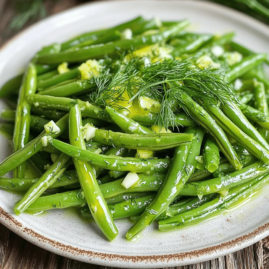 To make dilled string beans, you need these key items: - 1 pound fresh string beans, trimmed - 2 tablespoons extra virgin olive oil - 2 cloves garlic, finely minced - Zest and juice of 1 medium lemon - 1 tablespoon fresh dill, finely chopped (reserve additional for garnish) - 1 teaspoon Dijon mustard - Sea salt and freshly cracked pepper to taste These ingredients come together to create a bright and zesty dish. Each component plays a vital role in delivering flavor and texture. While the main ingredients shine, you can enhance the dish with these options: - Red pepper flakes for heat - Toasted nuts for crunch - Lemon slices for garnish Adding these items can give your dilled string beans a unique twist. String beans are low in calories and high in vitamins A and C. They support healthy vision and skin. Dill adds a fresh taste and contains antioxidants. It may also aid digestion and reduce inflammation. Together, they create a dish that is not only delicious but also nutritious. First, you want to get your string beans ready. Start by trimming the ends off each bean. I like to hold the beans in one hand and cut the ends with the other. This makes it quick and easy. Next, bring a large pot of water to a rolling boil. Add a good amount of salt to the water. This helps to enhance the flavor of the beans. Once the water is boiling, add your trimmed string beans. Blanch them for about 3 to 4 minutes. You want them to be bright green and slightly tender. After blanching, drain the beans right away. Transfer them to a bowl of ice water. This stops the cooking and keeps them crisp. Let them sit for a few minutes. Then, drain them again and set aside. Now it’s time to sauté! Heat a large skillet over medium heat. Add the extra virgin olive oil and let it warm up. Once hot, add your minced garlic. Sauté for about 1 minute, stirring often. You want the garlic to be fragrant and golden, not brown. Next, add your cooled string beans to the skillet. Toss them in the garlic-infused oil. Sauté for another 2 to 3 minutes. You want them heated through and a bit blistered for extra flavor. While the string beans cook, it's time to whip up the dressing. In a small bowl, combine the lemon zest, lemon juice, chopped dill, and Dijon mustard. Add a pinch of sea salt and freshly cracked pepper to taste. Whisk it all together until smooth. Pour this bright dressing over the sautéed string beans. Toss gently to coat each bean well. Allow them to cook for one extra minute so the flavors mix nicely. Now, taste your beans. If they need more salt or pepper, add some to your liking. Transfer your dilled string beans to a serving dish, and sprinkle with more fresh dill for a nice touch. For the full recipe, check the details above. When choosing string beans, look for bright green color. The beans should feel firm and crisp. Avoid any that are limp or have dark spots. Fresh beans snap easily when bent. This snap shows they are fresh and tasty. You can change the taste of your dilled string beans by adding more herbs. Try using parsley, tarragon, or mint. If you like spice, a pinch of red pepper flakes works well too. You can also tweak the lemon juice for more zing or add a touch of honey for sweetness. Blanching string beans is key for bright color and a crisp bite. After blanching, cool them in ice water. This stops cooking right away. When sautéing, keep the heat moderate to avoid burning the garlic. Toss the beans gently to coat them evenly with the dressing. For a detailed recipe, check the Full Recipe. {{image_4}} You can change the flavor of dilled string beans by using other herbs. Thyme or parsley adds a fresh taste. You might also try tarragon for a sweet note. If you want heat, add red pepper flakes. These small changes can make a big difference. Adding nuts or seeds gives a nice crunch. Toasted almonds or walnuts work well. You can also try pumpkin seeds or sunflower seeds. Just sprinkle them on before serving. This adds texture and flavor to your dish. Feel free to mix in other vegetables. Carrots, bell peppers, or zucchini can add color and taste. Chop them into small pieces and blanch them with the string beans. This way, they all cook evenly. Mixing veggies makes your dish more fun and nutritious. For the full recipe on how to make these delicious dilled string beans, check out the [Full Recipe]. To keep your dilled string beans fresh, store them in an airtight container. Place them in the fridge. They will stay good for about 3 to 5 days. Make sure they are completely cool before you put them away. If you have extra dressing, store it separately to keep the beans crisp. When you're ready to enjoy leftovers, reheat them gently. You can use a skillet over low heat. This way, they warm up without getting mushy. Stir them often to heat evenly. You can also microwave them for about 30 seconds. Just cover them to keep the moisture in. If you want to save your dilled string beans for later, freezing is a great option. First, blanch them for 2 minutes and cool them in ice water. Drain well and pack them in freezer bags. Try to remove as much air as possible. They can last up to 3 months in the freezer. When you’re ready to eat them, thaw in the fridge overnight and reheat as needed. This method preserves their bright color and flavor. For the full recipe, check out the details above. You can tell when string beans are done by their bright green color. Boil them for about 3-4 minutes. They should be tender but still crisp. A quick taste test helps too. Just take one out and try it. If it feels soft but not mushy, they are ready. Yes, you can use dried dill if fresh is not available. Use about one teaspoon of dried dill for each tablespoon of fresh dill. Remember, dried herbs are stronger, so adjust to your taste. Fresh dill adds a bright flavor and aroma. If you can, try to use fresh for the best taste. Dilled string beans pair well with many dishes. They complement grilled chicken or fish perfectly. You can also serve them with roasted meats or a hearty grain salad. For a vegetarian option, try them with quinoa or rice dishes. They add a crisp, fresh flavor to any meal. Dilled string beans offer a tasty and healthy dish you can enjoy any time. We covered the main ingredients, preparation steps, and flavor tips. Plus, we explored ways to use other herbs, nuts, or vegetables for added taste. Remember to store them right and check the cooking tips for the best result. Enjoy your dilled string beans as a side or a snack. With these tips, you can impress everyone with your cooking skills!