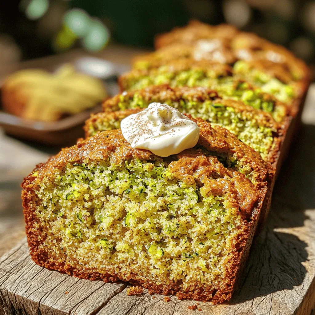 To make the best zucchini bread, you need simple ingredients. Here’s what you’ll need: - 2 cups freshly grated zucchini (about 2 medium zucchinis) - 1 cup granulated sugar - 1/2 cup packed light brown sugar - 3 large eggs, room temperature - 1/2 cup vegetable oil - 1/2 cup unsweetened applesauce - 2 teaspoons pure vanilla extract - 2 cups all-purpose flour - 1 teaspoon baking soda - 1/2 teaspoon baking powder - 1 teaspoon ground cinnamon - 1/2 teaspoon ground nutmeg - 1/4 teaspoon fine sea salt - 1/2 cup chopped walnuts (optional) - 1/2 cup semi-sweet chocolate chips (optional) These ingredients come together to create a moist and sweet bread that you will love. Using fresh, high-quality ingredients makes a big difference. Always choose firm zucchinis, as they have better flavor. Opt for natural sugars like granulated and brown sugar for a rich taste. Room temperature eggs blend better, making your batter smooth. For oil, a light vegetable oil works well, but you can also use coconut oil for added flavor. You can take your zucchini bread to the next level with fun add-ins. Here are some options: - Chopped nuts like walnuts or pecans add great crunch. - Semi-sweet chocolate chips make the bread sweet and rich. - Dried fruits such as raisins or cranberries give a fruity twist. - Spices like ginger or cloves can add warmth and depth. Feel free to mix and match these add-ins to find your perfect flavor! For the full recipe, check out the complete instructions. Start by gathering all your ingredients. You will need: - 2 cups freshly grated zucchini (about 2 medium zucchinis) - 1 cup granulated sugar - 1/2 cup packed light brown sugar - 3 large eggs, room temperature - 1/2 cup vegetable oil - 1/2 cup unsweetened applesauce - 2 teaspoons pure vanilla extract - 2 cups all-purpose flour - 1 teaspoon baking soda - 1/2 teaspoon baking powder - 1 teaspoon ground cinnamon - 1/2 teaspoon ground nutmeg - 1/4 teaspoon fine sea salt - 1/2 cup chopped walnuts (optional) - 1/2 cup semi-sweet chocolate chips (optional) Grate the zucchini using a box grater. Make sure to remove excess water by squeezing it lightly in a clean kitchen towel. This keeps your bread from becoming soggy. Measure all the ingredients before you start. It makes mixing easier and faster. In a large bowl, combine the grated zucchini, granulated sugar, brown sugar, and eggs. Add the vegetable oil, applesauce, and vanilla extract. Whisk everything together until smooth and creamy. This step is important because it blends the sugars and eggs, giving your bread a nice texture. You can use a hand whisk or an electric mixer. I prefer a whisk for better control. Just make sure everything is mixed well. In another bowl, sift together the all-purpose flour, baking soda, baking powder, cinnamon, nutmeg, and sea salt. Sifting helps mix the dry ingredients evenly. You want to avoid clumps in your batter. Next, gently fold the dry ingredients into the wet mixture. Use a spatula or wooden spoon. Stir until just combined. Overmixing can make the bread tough, which we want to avoid. If you are adding walnuts or chocolate chips, now is the time to fold those in gently. Carefully pour the batter into your greased loaf pan. Smooth the top with a spatula. This helps it bake evenly. For the full recipe, check the full recipe section. To get the best texture in your zucchini bread, start with fresh zucchini. Grate it finely to help it blend well into the batter. Remove excess moisture by squeezing the grated zucchini in a clean kitchen towel. This step keeps your bread light and fluffy. Remember, overmixing can lead to a dense loaf. Stir gently until just combined for a tender crumb. Set your oven to 350°F (175°C) for even baking. Bake the bread for 55 to 60 minutes. Keep an eye on it toward the end. Insert a toothpick into the center. If it comes out clean, your bread is ready. If it’s not baked through, give it a few more minutes. Every oven is a bit different, so adjust as needed. Mix the dry ingredients and wet ingredients separately before combining. This ensures even spice and flavor in every slice. When adding optional ingredients like nuts or chocolate chips, fold them in lightly. This helps spread them throughout the batter without overmixing. For a flavor boost, consider adding a bit of vanilla extract. This small addition can brighten the overall taste of your bread. For the full recipe, refer to the complete instructions above. {{image_4}} You can easily swap all-purpose flour for whole wheat flour. This change adds fiber and nutrients. Whole wheat flour gives a nuttier taste and denser texture, making it heartier. If you prefer gluten-free options, try almond flour or a gluten-free blend. These flours may change the texture but still yield a delicious bread. To elevate the flavor, consider adding spices. Ground ginger or cloves can bring warmth and depth. You can also play with vanilla extract. A splash of almond extract can add a unique twist. Don’t hesitate to experiment with spices you love. Each one can make your zucchini bread special. Mix-ins can truly personalize your zucchini bread. Chopped walnuts add crunch, while semi-sweet chocolate chips boost sweetness. Dried fruits like raisins or cranberries add a chewy texture. You can combine different mix-ins too. Just make sure they complement the bread and enhance the overall taste. For the full recipe, check the earlier section! To keep your zucchini bread fresh, let it cool completely. Wrap it tightly in plastic wrap or aluminum foil. You can also place it in an airtight container. This way, it stays moist for up to four days at room temperature. Avoid direct sunlight and heat, as they can dry it out. For long-term storage, freezing is best. Slice the zucchini bread first. Wrap each slice in plastic wrap, then place them in a freezer-safe bag. This protects against freezer burn. You can freeze it for up to three months. Label the bag with the date for easy tracking. When you're ready to eat, just thaw overnight in the fridge. Reheating zucchini bread is simple. For the best taste, preheat your oven to 350°F (175°C). Place the bread or slices on a baking sheet. Heat for about 10 to 15 minutes, until warm. If you want to use a microwave, heat for just 10 to 15 seconds. This works well for individual slices. Enjoy your warm zucchini bread! Yes, you can use frozen zucchini. Just make sure to thaw and drain it first. This step removes extra water. Too much moisture can make your bread soggy. Check your bread at about 55 minutes. Insert a toothpick into the center. If it comes out clean, your bread is ready. If it’s wet, bake for a few more minutes. For neat slices, use a sharp bread knife. Slice when the bread is cool. This helps keep the shape intact. If you want warm slices, let it cool for a short time. Add more applesauce or oil to the batter. You can also use very fresh zucchini. Another tip is to not overmix the batter. This keeps it light and fluffy. You can find the full recipe in the article. It has all the steps and tips you need to make the best zucchini bread. Zucchini bread is a simple and rewarding treat. We explored key ingredients, from quality choices to tasty add-ins. Next, I shared step-by-step instructions for making it perfectly. Tips and tricks helped enhance texture and flavor. We also discussed healthy swaps and fun variations, plus ways to store your bread. Remember, baking is a journey. Enjoy the process and have fun experimenting. Your ideal zucchini bread awaits!