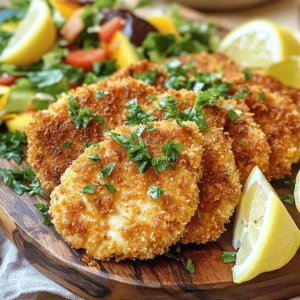 To make delicious fried chicken cutlets, you need a few key items: - 2 boneless, skinless chicken breasts - 1 cup all-purpose flour - 2 large eggs - 1 cup breadcrumbs (panko works best) - 1 teaspoon garlic powder - 1 teaspoon onion powder - 1 teaspoon paprika - ½ teaspoon salt - ½ teaspoon black pepper - ½ teaspoon dried oregano - ½ cup buttermilk (or almond milk with lemon juice) - Vegetable oil for frying - Fresh parsley, chopped (for garnish) These ingredients create the perfect balance of flavor and crunch. If you want to amp up the taste, consider adding these: - ½ teaspoon cayenne pepper for heat - 1 tablespoon Dijon mustard in the egg mix - Fresh herbs like thyme or rosemary These additions can bring a new twist to your cutlets. You can easily adapt this recipe for different diets: - For gluten-free, replace flour and breadcrumbs with gluten-free options. - Use almond milk or coconut milk instead of buttermilk for dairy-free. - Swap chicken for eggplant or tofu for a vegetarian option. These substitutions keep the dish tasty while meeting dietary needs. For the full recipe, check out the earlier section. Start with two boneless, skinless chicken breasts. Place one breast between two sheets of plastic wrap. Use a meat mallet to pound it to about ½ inch thick. This makes sure the chicken cooks evenly. Repeat this with the second breast. This step is vital for juicy cutlets. Now, set up three bowls for breading. In the first bowl, combine 1 cup of flour, 1 teaspoon of garlic powder, 1 teaspoon of onion powder, 1 teaspoon of paprika, ½ teaspoon of salt, ½ teaspoon of black pepper, and ½ teaspoon of dried oregano. Mix well. In the second bowl, whisk together 2 large eggs and ½ cup of buttermilk until smooth. In the third bowl, add 1 cup of breadcrumbs. I prefer panko for extra crunch. Take a chicken cutlet and dip it in the flour mixture. Make sure it’s fully coated. Gently shake off any extra flour. Next, dip the floured cutlet in the egg mixture, letting the excess drip back into the bowl. Finally, coat it with breadcrumbs. Press lightly so they stick well. Repeat this for all the cutlets. In a large skillet, pour about ¼ inch of vegetable oil and heat it over medium heat. To check if the oil is hot enough, drop in a small piece of bread. If it sizzles, the oil is ready. Place the breaded cutlets in the skillet, but do not overcrowd them. Fry for 4-5 minutes on each side until they are golden brown and crispy. Adjust the heat if needed to avoid burning. When cooked, remove the cutlets and place them on a paper towel-lined plate to soak up extra oil. Just before serving, sprinkle fresh parsley on top for a nice touch. Enjoy your crispy delight chicken cutlets! For the complete recipe, check the [Full Recipe]. To achieve crispy cutlets, use panko breadcrumbs. They give a great crunch. Make sure your chicken is dry before breading. Excess moisture can lead to soggy cutlets. Another tip is to let breaded cutlets rest for about 10 minutes before frying. This helps the coating stick better. One mistake is overcrowding the pan while frying. This can lower the oil temperature and lead to greasy cutlets. Always fry in batches. Another mistake is not seasoning the flour. The flour needs flavor, so mix in salt and spices well. Lastly, don't skip the buttermilk. It helps tenderize the chicken and adds flavor. To test if your oil is hot enough, drop a small piece of bread into the oil. If it bubbles and sizzles, the oil is ready. You can also use a thermometer. Aim for around 350°F (175°C). If the oil is too hot, it can burn the cutlets. If it's too cool, they will absorb oil and become greasy. {{image_4}} You can mix up the flavors in fried chicken cutlets easily. Try marinating the chicken in different seasonings. For a tangy kick, use lemon juice, garlic, and herbs. For a spicy twist, add hot sauce, cayenne pepper, or chili powder. A sweet marinade with honey and soy sauce gives a nice contrast. Let the chicken soak for at least 30 minutes, or overnight for more flavor. Breading can change the whole dish. If you want a gluten-free option, use crushed cornflakes or gluten-free breadcrumbs. For a spicy version, mix chili powder into your breadcrumbs. You could also add grated Parmesan cheese for a rich, cheesy crust. Experimenting with different breading keeps things fun and tasty. Serving fried chicken cutlets with dips makes meals more exciting. Try ranch dressing, honey mustard, or spicy mayo for a creamy touch. For sides, serve with coleslaw, mashed potatoes, or a fresh salad. Adding roasted vegetables or fries gives a nice crunch. You can always pair the cutlets with a zesty lemon wedge for a refreshing finish. For the full recipe, check out the details, and let your creativity shine! To store leftover fried chicken cutlets, let them cool to room temperature. Place them in an airtight container. Make sure to separate layers with parchment paper to prevent sticking. Store in the fridge for up to three days. If you want them to stay fresh longer, freezing is a great option. Reheating fried chicken cutlets can be tricky. You want to keep them crispy. The best way is to use an oven. Preheat your oven to 375°F (190°C). Place the cutlets on a baking sheet. Bake for about 10 to 15 minutes. This keeps them crispy on the outside and warm on the inside. You can also use an air fryer for a quick option. Cook at 350°F (175°C) for around 5 to 7 minutes. Freezing fried chicken cutlets is simple. First, let the cutlets cool completely. Wrap each one tightly in plastic wrap. Then, place them in a freezer-safe bag. Remove as much air as possible before sealing. They can last up to three months in the freezer. When you're ready to eat, thaw them in the fridge overnight before reheating. For a quick meal, you can also cook from frozen. Just add a few extra minutes to your cooking time. Enjoy your crispy delight whenever you want! For the full recipe, check out the Crispy Delight Chicken Cutlets. The best chicken for cutlets is boneless, skinless chicken breasts. They are lean and cook evenly. Choose fresh breasts for the best taste. You can also use chicken thighs if you prefer a richer flavor. Thighs offer more fat, making them juicy and tender. To make fried chicken cutlets healthier, try these tips: - Use whole wheat flour instead of all-purpose flour. - Swap buttermilk for a low-fat or dairy-free option. - Bake instead of frying to reduce oil usage. - Add herbs and spices for flavor without extra calories. Using these methods keeps the taste while cutting down on fat and calories. Yes, you can bake the cutlets instead of frying. Here’s how: 1. Preheat your oven to 400°F (200°C). 2. Place the breaded cutlets on a baking sheet lined with parchment paper. 3. Spray or brush them lightly with oil to help with browning. 4. Bake for about 20-25 minutes or until golden and cooked through. Baking gives you a crispy texture with less oil. For the full recipe, check out the detailed instructions to guide you through the process. In this post, we covered key ingredients for fried chicken cutlets and step-by-step methods to prepare them. I shared tips for crispy results and ways to avoid common mistakes. We also explored tasty variations and how to store left overs. Remember, trying different flavors can elevate your dish. Fried chicken cutlets can be fun and easy to make. Enjoy experimenting with this classic meal. Great food brings joy, so get cooking!