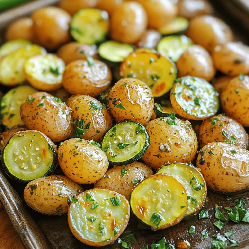 - 1 lb baby potatoes, halved - 2 medium zucchinis, sliced into half-moons - 4 cloves fresh garlic, minced - 3 tablespoons extra virgin olive oil - 1 teaspoon dried oregano - 1 teaspoon dried thyme - 1 teaspoon smoked paprika - Sea salt and freshly cracked black pepper, to taste - Fresh parsley, finely chopped (for garnish) To make Garlic Herb Roasted Potatoes and Zucchini, you need simple, fresh ingredients. The baby potatoes add a nice bite and creaminess. Zucchini gives a mild taste and a lovely texture. Fresh garlic packs the punch, while olive oil adds richness. - Baking sheet - Large mixing bowl - Spatula - Knife and cutting board Gathering the right tools makes cooking easier. A baking sheet allows even roasting. A large mixing bowl helps combine all ingredients without a mess. A spatula is great for stirring. A knife and cutting board are essential for prepping your veggies. Want to dive deeper? Check the Full Recipe for detailed instructions! - Preheat the oven to 425°F (220°C). - Halve the baby potatoes and slice the zucchinis into half-moons. Next, it’s time to get the vegetables ready. I love using baby potatoes because they roast perfectly. Halving them helps them cook through. For the zucchinis, slicing them into half-moons gives a great texture. Make sure to cut them evenly. This way, they all cook at the same time. - Combine the vegetables with garlic and olive oil. - Add the spices and seasonings. Now, let’s bring everything together. In a big bowl, toss the halved potatoes and sliced zucchinis. Add the fresh minced garlic next. It adds a wonderful aroma. Drizzle in the extra virgin olive oil to coat the veggies well. This helps them roast beautifully. Then, sprinkle in the oregano, thyme, smoked paprika, sea salt, and black pepper. Mix everything up with your hands. It’s fun to get your hands involved! Each piece should be coated with flavor. - Spread the mixture on a baking sheet and roast. - Stir halfway for even cooking. Once mixed, transfer the veggies to a baking sheet. Spread them out in a single layer. This is key for even roasting. Place them in the preheated oven and roast for 25-30 minutes. Halfway through, stir them gently. This helps them brown evenly. When they are done, they will be tender and golden brown. You know they are ready when a fork goes in easily. Don’t forget to garnish with freshly chopped parsley before serving for a colorful touch. You can find the full recipe for Garlic Herb Roasted Potatoes and Zucchini in the earlier sections! To get the best roasted potatoes and zucchini, lay them out in a single layer on your baking sheet. This helps them cook evenly. If they are piled up, some will steam instead of roast. Toss the vegetables well with olive oil and seasonings. This ensures every piece gets flavor. You can switch up herbs to try new tastes. For example, use rosemary or basil instead of oregano and thyme. Each herb brings its unique touch. Before serving, add a splash of lemon juice. This brightens the dish and adds a fresh kick. It makes the flavors pop and enhances the meal. For the full recipe, check back to earlier sections! {{image_4}} You can switch up the potatoes for sweet potatoes. Sweet potatoes add a lovely sweetness. They also bring extra nutrients. You can also mix in other veggies. Bell peppers add color, while carrots add crunch. This gives you many options for flavor and looks. These garlic herb roasted potatoes and zucchini go well with grilled chicken or fish. They make a great side dish for barbecues or summer gatherings. You can serve them warm or at room temperature. Both ways, they taste great. For the full recipe, check out the detailed instructions above. After you enjoy your Garlic Herb Roasted Potatoes and Zucchini, store any leftovers in airtight containers. This keeps them fresh longer. Make sure to cool the veggies first. Place them in the fridge. Leftovers can last for up to three days. If you want to keep them longer, consider freezing them. They will stay good for about two months in the freezer. To reheat roasted vegetables, the oven works best. Set it to 350°F (175°C). Spread the leftovers on a baking sheet. Heat for about 10-15 minutes. This method keeps the texture and flavor intact. You could also use the microwave. However, be careful, as it may make them a bit soggy. If you choose this method, heat in short bursts and stir in between to maintain even warmth. Yes, you can use frozen vegetables. However, fresh veggies give better flavor. If using frozen, thaw them first. Drain any extra water to avoid sogginess. Adjust cooking time since frozen veggies may cook faster. To make this dish vegan, replace the olive oil with a plant-based oil. You can also use vegetable broth for added flavor. Just make sure to keep the spices the same. This keeps the dish tasty and satisfying without animal products. You can serve these roasted veggies with grilled chicken or fish. They also pair well with a fresh salad. Try adding them to tacos or wraps for a fun twist. They make a great side for barbecues or family gatherings too. Yes, this recipe can be made ahead of time. You can prepare the veggies and spices a day in advance. Just store them in the fridge until you are ready to roast. Roast them just before serving for the best taste. Check out the Full Recipe for more tips! You learned how to make delicious Garlic Herb Roasted Potatoes and Zucchini. We covered the right ingredients, tools, and step-by-step cooking. You also got tips for perfect roasting and tasty variations. Remember, you can use different veggies or pair this dish with grilled meat. Store leftovers well to keep them fresh. Try using frozen vegetables too if needed. This recipe is easy to adapt and perfect for any meal. Enjoy crafting this dish and impressing your family and friends!