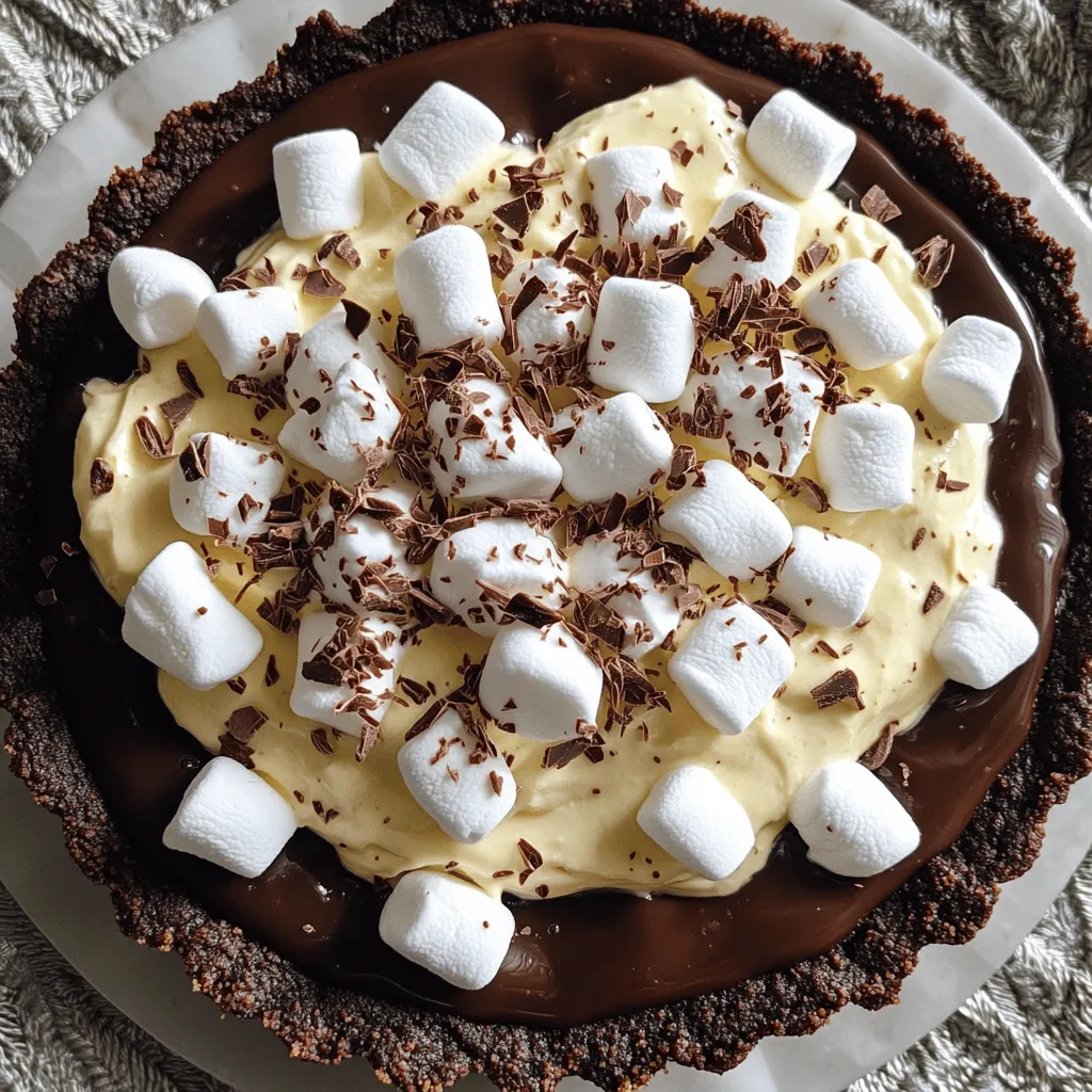 To make Mississippi Mud Pie, gather these ingredients: - For the crust: - 1 ½ cups chocolate cookie crumbs - ½ cup unsalted butter, melted - 1 tablespoon granulated sugar - For the filling: - 1 cup granulated sugar - 1 cup packed brown sugar - ½ cup unsweetened cocoa powder - 4 large eggs - 1 teaspoon vanilla extract - ½ cup unsalted butter, melted - For the topping: - 2 cups whipped cream (store-bought or homemade) - ½ cup mini marshmallows - ¼ cup chocolate shavings or chocolate chips You can customize this pie. Try these swaps: - Use graham cracker crumbs for the crust. - Swap unsweetened cocoa with dark cocoa for a richer taste. - Replace granulated sugar with coconut sugar for a healthier option. - Use egg substitutes like applesauce or flaxseed meal for a vegan version. When choosing ingredients, quality matters. Here are my tips: - Pick chocolate cookie crumbs with real cocoa for better flavor. - Ensure your butter is unsalted. This helps control the pie's saltiness. - For the filling, use fresh eggs for the best rise and texture. - Choose pure vanilla extract over imitation for a richer taste. - Use heavy cream for whipped cream. It will hold up better on top. These choices make your Mississippi Mud Pie stand out! For the complete recipe, check out the Full Recipe. To start, preheat your oven to 350°F (175°C). Grab a mixing bowl and add 1 ½ cups of chocolate cookie crumbs. Then, pour in ½ cup of melted unsalted butter and 1 tablespoon of granulated sugar. Mix these ingredients until they blend well. Now, take this mixture and press it firmly into a 9-inch pie dish. Make sure it covers the bottom and sides evenly. Bake your crust for 10 minutes, then take it out and let it cool completely. In a large mixing bowl, whisk together 1 cup of granulated sugar, 1 cup of packed brown sugar, and ½ cup of unsweetened cocoa powder. Once they are mixed, add 4 large eggs, 1 teaspoon of vanilla extract, and ½ cup of melted unsalted butter. Whisk these together until your mixture is smooth and free of lumps. This is your rich filling that will make the pie so tasty. Next, pour the chocolate filling into your cooled crust. Spread it out evenly. Place the pie back in the oven and bake for 30-35 minutes. Your filling should be set but still soft in the center. This gives it that fudgy texture we love. After baking, let the pie cool on a wire rack. Once cool, refrigerate it for at least 2 hours to firm up. This chilling step is key for the best flavor and texture. To get the best crust, start with fresh chocolate cookie crumbs. I recommend using a food processor for a fine texture. Mix the crumbs with melted butter and sugar. This blend should feel like wet sand. Press it firmly into your pie dish. Make sure it covers the bottom and sides evenly. Bake the crust for 10 minutes at 350°F. This step helps it hold together well. Let it cool completely before adding the filling. For a fudgy filling, use high-quality cocoa powder. Mix the sugars and cocoa well before adding eggs and butter. Whisk until smooth; no lumps should remain. When you pour the filling into the crust, spread it evenly. Bake it for 30-35 minutes. The center should be soft but set. This will give you that perfect fudgy texture. Allow the pie to cool on a wire rack before chilling it in the fridge. Presentation matters, especially for a dessert like this. Once chilled, spread whipped cream evenly over the top. This adds a light texture. Scatter mini marshmallows for a fun touch. For a final flourish, add chocolate shavings or chips. Use a sharp knife to slice the pie cleanly. Serve each slice chilled for the best taste. This will impress your guests and make the pie even more irresistible. Enjoy your slice of heaven! For the complete recipe, check the Full Recipe. {{image_4}} You can play with the chocolate in Mississippi Mud Pie. Try dark chocolate for a rich taste. It adds a deep flavor that many love. If you seek something sweet, white chocolate is a great choice. It makes the pie creamy and sweet. Want a gluten-free pie? You can swap regular cookie crumbs for gluten-free ones. Look for gluten-free chocolate cookies at your store. This small change keeps the pie tasty without gluten. Toppings can change the pie’s look and taste. You might add fresh fruit, like strawberries or raspberries, for a bright twist. They add a nice tartness. Flavored whipped cream is another fun idea. Try vanilla or mint for a unique touch. These options keep the dessert fresh and exciting. For the full experience, check out the Full Recipe and create your own version! To keep your leftover Mississippi Mud Pie fresh, cover it tightly. You can use plastic wrap or an airtight container. Store it in the fridge for up to four days. This keeps the pie cool and safe to eat. You can freeze Mississippi Mud Pie if you want to save it for later. First, let it cool completely. Then, slice the pie into individual pieces. Wrap each piece in plastic wrap, then foil. This helps prevent freezer burn. You can freeze it for up to three months. To enjoy, thaw it overnight in the fridge before serving. Mississippi Mud Pie lasts about four days in the fridge. After that, it may lose its taste and texture. If you freeze it, you can enjoy it for months. Just remember to check for any signs of freezer burn before you eat it. This pie is perfect for parties or a sweet treat at home. Enjoy a slice whenever you crave something rich and chocolatey. For the full recipe, check out the rest of the article! Mississippi Mud Pie is a rich chocolate dessert. It has a creamy filling that sits on a crunchy crust. This pie is famous for its layers of chocolate flavor. It often features whipped cream, marshmallows, and chocolate shavings on top. The pie is named after the dark, muddy waters of the Mississippi River. Each bite is a sweet treat that feels like pure indulgence. Yes, you can make Mississippi Mud Pie ahead of time. This dessert is great for prepping in advance. Just bake the pie and let it cool. Then, chill it in the fridge for at least two hours. You can add the whipped cream topping later. This way, the pie stays fresh and looks nice when you serve it. If your filling turns out runny, don’t worry. You can bake it a bit longer. Check the pie after 30 minutes. If it still looks soft, return it to the oven. Bake for an extra 5 to 10 minutes. Let it cool completely before serving. This should help it firm up nicely. Always remember to follow the baking times in the Full Recipe for best results. You now have a clear path to making the perfect Mississippi Mud Pie. This blog covered key ingredients, preparation steps, and helpful tips for baking. Plus, I shared neat variations and storage advice that will keep your pie fresh. Whether you stick to the classic style, go gluten-free, or try different chocolates, you can impress your friends and family. Enjoy the sweet results of your hard work, and don’t hesitate to experiment. Happy baking!