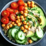 - 1 cup quinoa, thoroughly rinsed - 2 cups vegetable broth - 1 (15 oz) can chickpeas, drained and rinsed - 1 cup cherry tomatoes, halved - 1 medium cucumber, diced - 1 bell pepper, diced - 1 small red onion, finely chopped - 1 ripe avocado, sliced - 1/4 cup fresh parsley, finely chopped - 3 tablespoons tahini - 2 tablespoons fresh lemon juice - 1 tablespoon extra virgin olive oil - Sea salt and freshly cracked black pepper to taste This bowl is packed with nutrients. Quinoa is a complete protein, which means it has all nine essential amino acids. Chickpeas add fiber and protein, keeping you full longer. Cherry tomatoes give you vitamins A and C, plus antioxidants. Cucumbers keep you hydrated, while bell peppers add vitamins and crunch. Onions provide flavor and may help reduce heart disease risk. Avocado brings healthy fats, which are great for your heart. Parsley adds more vitamins and a fresh taste. Tahini offers calcium and healthy fats, while lemon juice brightens the dish with vitamin C. Olive oil is rich in healthy fats and antioxidants. While this bowl is mostly safe, some people may have allergies. Quinoa is gluten-free, but some may react if cross-contaminated. Chickpeas can cause issues for those with legume allergies. Tahini is made from sesame seeds, which are common allergens. Always check labels for potential cross-contamination. If you or someone you serve has allergies, talk to a doctor or allergist. This will help you enjoy your meal worry-free. To cook quinoa, start by rinsing it well. This step removes any bitter taste. In a medium saucepan, mix 1 cup of quinoa with 2 cups of vegetable broth. Heat it on medium-high until it boils. Once boiling, lower the heat and cover the pot. Let it simmer for 15 minutes. The quinoa will absorb all the liquid. After cooking, remove it from the heat and let it rest, covered, for another 5 minutes. This makes it fluffy and light. Making tahini dressing is simple and fast. In a small bowl, whisk together 3 tablespoons of tahini, 2 tablespoons of fresh lemon juice, and 1 tablespoon of extra virgin olive oil. Then, add a pinch of sea salt and a few cracks of black pepper. If the dressing feels too thick, add a little water. Whisk until smooth and creamy. This dressing adds a rich flavor to your bowl. Now, it’s time to combine everything. In a large mixing bowl, add the cooked quinoa, drained chickpeas, halved cherry tomatoes, diced cucumber, diced bell pepper, finely chopped red onion, and fresh parsley. Use a wooden spoon to gently mix everything. Be sure all ingredients are evenly spread. Next, drizzle the tahini dressing over the mixture. Toss carefully to coat every piece evenly. Finally, top the bowl with sliced avocado for a colorful finish. For the full recipe, click here. To save time, I like to prep my meals ahead. Cook a big batch of quinoa early in the week. Store it in the fridge for easy use. You can also chop veggies and keep them in containers. This way, you can mix and match for fun lunches. Make sure to prepare the tahini dressing in advance. It stays fresh in the fridge for about a week. Store any leftovers in airtight containers. This keeps your food fresh and tasty. Quinoa and chickpea bowls last about three days in the fridge. If you want to store them longer, freeze the quinoa and chickpeas separately. Just remember to cool them before freezing. Thaw them overnight in the fridge when you need them again. To make your meal pop, use wide and shallow bowls. This gives a nice view of all the colors. Layer your ingredients for a beautiful look. Add fresh parsley and a sprinkle of sesame seeds right before serving. The sliced avocado on top will make it even more appealing. For more fun, try using colorful veggies. This will make your bowl look as good as it tastes! Check out the Full Recipe for more details. {{image_4}} You can easily adjust the Vibrant Quinoa & Chickpea Bowl for different diets. For a vegan option, this bowl is already perfect as it contains no animal products. If you need it gluten-free, make sure to check that your vegetable broth is gluten-free. You can also swap quinoa for rice or another whole grain if you prefer. For a low-carb option, try using cauliflower rice. This bowl is flexible and can fit many dietary needs. While chickpeas are a great source of protein, you might want more variety. Here are some ideas: - Black beans: These add a rich taste and extra fiber. - Lentils: They cook fast and pack a protein punch. - Edamame: These young soybeans bring a nutty flavor. - Grilled chicken or tofu: Both options boost protein and add texture. Consider mixing different proteins to keep your meals exciting. Toppings can elevate your bowl from good to great. Here are some fun ideas to try: - Nuts or seeds: Sprinkle some almonds, walnuts, or pumpkin seeds for crunch. - Feta cheese: Adds creaminess and a salty kick. - Salsa or hot sauce: These can give your bowl a spicy twist. - Fresh herbs: Cilantro, basil, or mint can brighten up the flavors. Feel free to experiment and find your perfect combination. Enjoy making this bowl your own with the [Full Recipe]. To store cooked quinoa, let it cool first. Once cool, place it in an airtight container. Keep it in the fridge for up to five days. You can also freeze quinoa for up to three months. Just thaw it in the fridge overnight when you are ready to use it. To keep your ingredients fresh, follow these tips: - Store leafy greens in a damp paper towel inside a plastic bag. - Keep cucumbers in a separate bag, away from ethylene-producing fruits like apples. - Place cherry tomatoes on the counter, not in the fridge. Cold can ruin their flavor. - Use airtight containers for chopped veggies to minimize moisture loss. These methods help your ingredients stay crisp and tasty longer. The quinoa and chickpea bowl can last in the fridge for about four days. Make sure to store it in an airtight container. If you notice any off smells or mold, discard it. For best flavor, eat it within the first few days. This way, you enjoy the full taste and nutrition of the bowl. For the full recipe of the Vibrant Quinoa & Chickpea Bowl, check out the earlier sections. Yes, you can make this bowl ahead of time. Cook the quinoa and chickpeas in advance. Store them in the fridge for up to three days. Prepare the veggies and dressing too. Keep them separate until you are ready to eat. This keeps everything fresh and crunchy. If you can't find tahini, you have options. You can use peanut butter or almond butter as a substitute. These nut butters give a creamy texture. You can also mix yogurt with a bit of olive oil for a lighter dressing. Just remember that each option changes the flavor a bit. To make the bowl more appealing for kids, try these tips. Use fun shapes for the veggies; a cookie cutter works great! Add fruits like diced apples or grapes for sweetness. Serve the dressing on the side to let them dip. Kids love to play with their food, and this makes it fun! For the full recipe, check out the Vibrant Quinoa & Chickpea Bowl! This blog post covered how to create a vibrant quinoa and chickpea bowl. We explored crucial ingredients and their benefits, plus allergen warnings. I shared step-by-step cooking tips and flavorful dressing ideas. You learned meal prep tricks and how to store leftovers well. We also discussed fun variations to suit your diet and make it Instagram-ready. Remember, this dish is not just healthy; it’s also customizable to your taste. Enjoy making this dish your own!