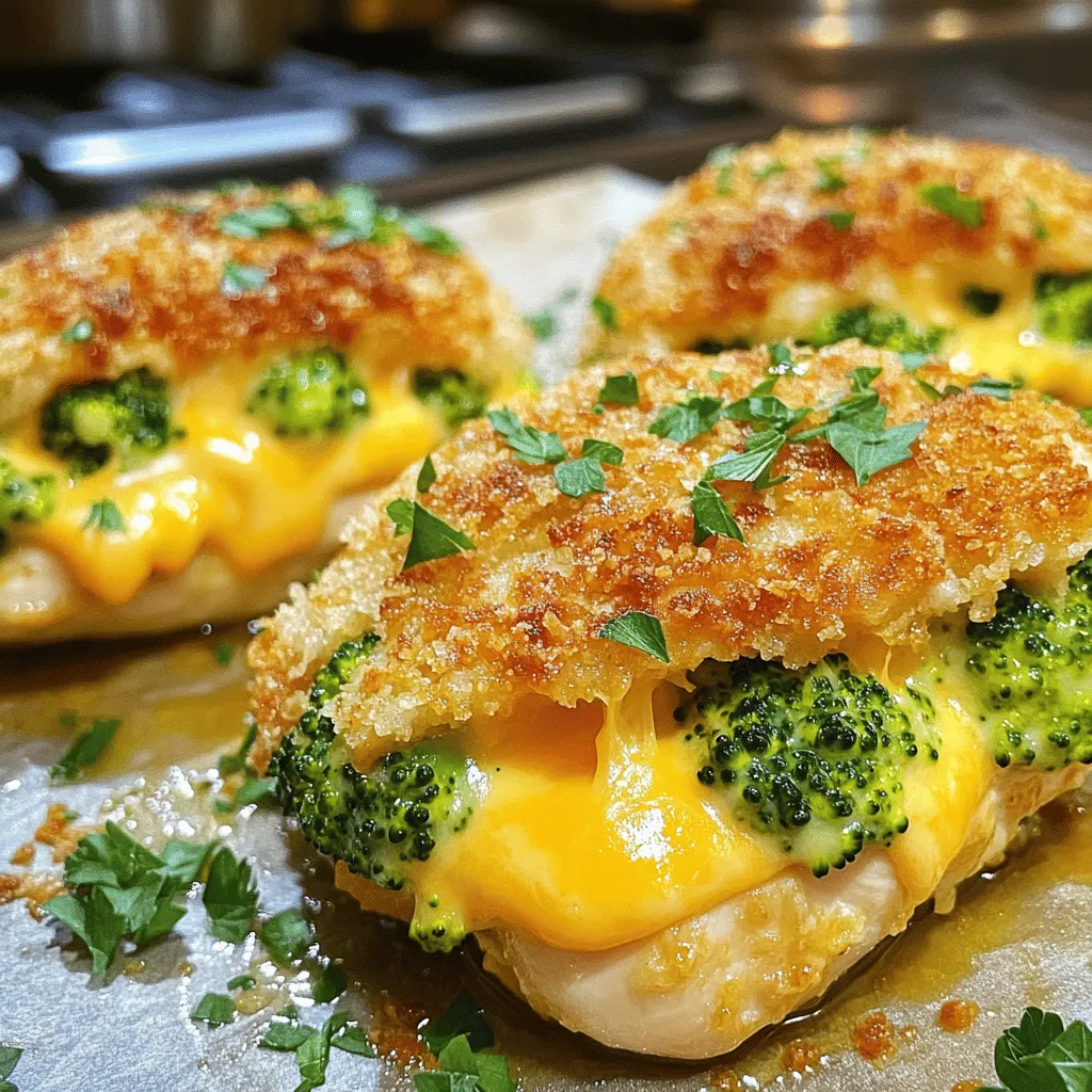 - 2 large chicken breasts - 1 cup fresh broccoli florets, steamed and finely chopped - 1 cup sharp cheddar cheese, shredded - 1/2 cup cream cheese, softened to room temperature - 1/4 cup seasoned breadcrumbs - 2 cloves garlic, minced - 1 teaspoon onion powder - 1 teaspoon smoked paprika - Salt and freshly cracked black pepper, to taste - 1 tablespoon extra-virgin olive oil - Fresh parsley, finely chopped (for garnish) To make broccoli cheese stuffed chicken, you need fresh and quality ingredients. Start with large chicken breasts. These will form the base for your dish. For the filling, choose fresh broccoli florets. Steaming them first makes them tender and flavorful. Next, grab sharp cheddar cheese for a strong flavor. Cream cheese adds creaminess to the filling. Seasoned breadcrumbs give it a nice crunch, while garlic, onion powder, and smoked paprika add depth. Don't forget about salt and pepper. They enhance all the flavors in your dish. Finally, a bit of olive oil helps with cooking and adds richness. For garnish, fresh parsley looks great and adds a fresh taste. This combo creates a delightful stuffed chicken. You can find the full recipe to guide you through the steps. 1. Preheat the oven: Start by preheating your oven to 375°F (190°C). This step ensures the oven is ready when your chicken is stuffed and ready to bake. 2. Butterfly the chicken: Take your large chicken breasts and place them on a cutting board. Carefully slice them horizontally, but don’t cut all the way through. This creates a pocket, making it easy to fill with your tasty mixture. 3. Prepare the filling: In a mixing bowl, combine the steamed and finely chopped broccoli, sharp cheddar cheese, softened cream cheese, seasoned breadcrumbs, minced garlic, onion powder, smoked paprika, salt, and pepper. Mix everything well until the filling holds together. 1. Searing the chicken: Heat a large oven-safe skillet over medium heat and add the extra-virgin olive oil. Once hot, place the stuffed chicken breasts in the skillet. Sear each side for about 3-4 minutes, or until you see a nice golden brown crust. 2. Baking in the oven: After searing, transfer the skillet to your preheated oven. Bake the chicken for 20-25 minutes, or until the internal temperature reaches 165°F (75°C). This ensures your chicken is safe to eat and juicy inside. 3. Resting and serving: Once done, take the skillet out of the oven and let the chicken rest for a few minutes. This helps the juices stay inside. Remove any toothpicks used to seal the pockets. Garnish with freshly chopped parsley for a touch of color and freshness. Serve hot and enjoy your delicious broccoli cheese stuffed chicken! For a full recipe, check the section above! How to achieve the perfect sear To get a nice sear, heat your skillet over medium heat. Add olive oil and let it get hot. Place the stuffed chicken in the skillet without crowding it. Cook for 3-4 minutes per side until golden brown. This step locks in flavor and moisture. Don't rush it; let the chicken form a crust before flipping. Cooking time based on chicken thickness Cooking time can vary. Thicker chicken breasts take longer to cook. A good rule is to bake for 20-25 minutes at 375°F (190°C). Use a meat thermometer to check. The internal temperature should reach 165°F (75°C). This ensures your chicken is juicy and safe to eat. Adding spices for extra flavor Spices can take your dish to the next level. Consider adding a pinch of red pepper flakes for heat. You can also use Italian seasoning for a herby touch. Experimenting with flavors makes your broccoli cheese stuffed chicken unique. Don’t forget to season with salt and pepper for balance. Serving suggestions to elevate the dish Presentation matters. Serve the chicken on a warm plate for a nice touch. Pair it with a fresh side salad or roasted veggies to add color. A drizzle of balsamic glaze can also enhance the look and taste. It makes the dish feel special, perfect for family dinners or gatherings. For more ideas, check out the Full Recipe for broccoli cheese stuffed chicken. {{image_4}} You can easily switch up the cheeses in this dish. Instead of sharp cheddar, try mozzarella for a milder taste. Pepper Jack adds a nice kick. You could also use a blend of cheeses for more depth. For vegetables, broccoli is great, but you can use spinach or bell peppers too. Both add color and flavor. Zucchini or even mushrooms can work well. Just ensure they are finely chopped and cooked if needed, for a smooth filling. If you're looking for gluten-free options, skip the breadcrumbs. Use crushed gluten-free crackers instead. Another choice is to leave them out entirely. This keeps the dish tasty and safe for those with gluten issues. For a low-carb variation, replace the cream cheese with ricotta. This swap cuts down on carbs while keeping the dish creamy. Also, consider using chicken thighs instead of breasts. They tend to have more flavor and moisture. For the full recipe, check out the details above! After enjoying your broccoli cheese stuffed chicken, store any leftovers properly. First, let the chicken cool down to room temperature. This step helps avoid condensation in the container. Place the chicken in an airtight container. This keeps it fresh and tasty. If you don’t have an airtight container, wrap the chicken tightly in plastic wrap. Make sure to store it in the fridge. Leftover chicken stays good for up to three days. When you’re ready to enjoy your leftovers, reheating is key. You want to keep the chicken juicy and warm. The best way is to use the oven. Preheat the oven to 350°F (175°C). Place the chicken in an oven-safe dish. Add a splash of chicken broth or water to keep it moist. Cover the dish with foil to trap steam. Heat for about 15-20 minutes, or until the chicken is hot throughout. If you prefer the microwave, use a microwave-safe plate. Cover it with a damp paper towel to prevent drying. Heat in short bursts of 30 seconds until warm. This way, you’ll have a delicious meal ready to enjoy again! How do I know when the chicken is cooked? You can check if the chicken is cooked by using a meat thermometer. Insert the thermometer into the thickest part of the chicken. It should read 165°F (75°C) for safe eating. If you don't have a thermometer, cut into the chicken. The meat should be white, and the juices should run clear. Can I use frozen broccoli for the filling? Yes, you can use frozen broccoli! Just make sure to thaw it and drain any excess water. Chop it finely to mix well with the other filling ingredients. This option saves time and still gives you great flavor. What sides pair well with broccoli cheese stuffed chicken? Some tasty sides include a fresh salad, roasted vegetables, or mashed potatoes. You can also serve it with rice or quinoa for a hearty meal. These sides add color and balance to your dinner plate. For more ideas, check the Full Recipe section. We covered how to make delicious broccoli cheese stuffed chicken. You learned about the key ingredients, step-by-step instructions, and cooking tips. I shared ideas for variations and how to store leftovers correctly. By following these steps, you can create a tasty dish that impresses everyone. Remember to experiment with flavors and enjoy the cooking process. Happy cooking!