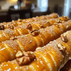 - 1 cup warm water (approximately 110°F / 43°C) - 1 packet active dry yeast (2 ¼ teaspoons) - 3 tablespoons packed brown sugar - 2 ½ cups all-purpose flour - 1 teaspoon salt - ½ cup baking soda (for boiling) - Toppings: - ½ cup granulated sugar - 1 tablespoon ground cinnamon - ½ cup chopped pecans or walnuts (optional) - ½ cup caramel sauce (for drizzling) When measuring, use dry measuring cups for flour and sugar. Use a liquid measuring cup for water. Make sure your water is warm, not hot. This helps activate the yeast. If the water is too hot, it can kill the yeast. You can add chopped nuts for texture. Use pecans or walnuts for a nice crunch. If you love chocolate, consider a chocolate drizzle. Sprinkles also add color and fun! Use your favorite fall flavors, like pumpkin spice or apple cinnamon, to make these pretzel rods even more festive. Check out the Full Recipe for more details on this creative treat! To start, grab a large mixing bowl. Pour in 1 cup of warm water. Add 1 packet of active dry yeast and 3 tablespoons of brown sugar. Stir the mix gently. Let it sit for about 5 minutes. You want to see bubbles forming; this means the yeast is working. Now it’s time to add ingredients. Pour in 2 ½ cups of all-purpose flour and 1 teaspoon of salt. Use a spatula or your hands to mix. You want a shaggy dough. If it feels too sticky, add a bit more flour. Once it comes together, turn it onto a floured surface. Knead the dough for about 5 minutes until it feels smooth and elastic. Next, lightly grease a bowl with oil. Put the kneaded dough inside, then cover it with a kitchen towel. Let it rise in a warm spot for 1 hour. It should double in size. Once risen, punch it down to release air. Divide the dough into 12 pieces. Roll each piece into a long rod, about 6-8 inches. Preheat your oven to 425°F (220°C). Line a baking sheet with parchment paper. In a large pot, mix 8 cups of water with ½ cup of baking soda. Bring this to a gentle boil. Carefully drop each rod into the water for 30 seconds. Use a slotted spoon to remove them, letting excess water drip off. Place the rods on the baking sheet. In a small bowl, mix ½ cup of granulated sugar with 1 tablespoon of ground cinnamon. Sprinkle this on each rod. If you like, add chopped nuts too. Bake for 12-15 minutes until golden brown. Once out of the oven, drizzle warm caramel sauce on top. Enjoy your Fall Pretzel Rods! For detailed measurements and more, check the Full Recipe. To make your pretzel rods just right, focus on the dough. Knead it for about 5 minutes. This helps develop gluten. The dough should feel smooth and elastic. If it’s too sticky, add more flour slowly. When you boil the rods, this step gives them that classic chewy texture. Make sure your water is boiling well. This seals in the dough's moisture. You can boost the taste of your pretzel rods. Try mixing in spices like nutmeg or ginger. You can also use different toppings. Consider adding shredded coconut or various nuts for crunch. Caramel sauce adds sweetness, but you can use dark chocolate too. For a fall twist, sprinkle some pumpkin spice on top. The options are endless! When serving, think about presentation. Use a nice platter to display your pretzel rods. Arrange them in a fun pattern to catch the eye. Drizzling extra caramel sauce adds a special touch. You can also serve them with a side of warm chocolate for dipping. This makes it fun for guests. Plus, it gives them more ways to enjoy the treat. For the complete recipe, check out the Full Recipe. {{image_4}} You can choose sweet or savory pretzel rods. Sweet rods work well for fall. Use cinnamon, sugar, and maybe caramel. Savory rods can include cheese or herbs. Each choice gives a unique taste. Fall is perfect for seasonal flavors. Pumpkin spice adds warmth and richness. Mix pumpkin puree into the dough for great flavor. Apple cinnamon is another fun option. You can add apple pie spice for a cozy touch. Toppings make pretzel rods fun. Try a chocolate drizzle for a sweet touch. Melt dark or white chocolate and drizzle it on top. Sprinkles add color and joy. Use festive colors for a fun fall vibe. You can find many options to make your pretzel rods special. Check the Full Recipe for more ideas! To keep your Fall Pretzel Rods fresh, store them in an airtight container. They stay good at room temperature for 2-3 days. If you live in a humid area, the fridge may be a better option. Just remember to let them cool completely before sealing them up. This helps keep them crisp. For longer storage, you can freeze the pretzel rods. Wrap each rod in plastic wrap and place them in a freezer-safe bag. They can last for up to 3 months. To reheat, preheat your oven to 350°F (175°C). Remove the plastic wrap and bake the pretzel rods for about 10 minutes. This warms them up and keeps them crunchy. These pretzel rods taste best when served warm. The caramel sauce is gooey and delicious when heated. If you want to serve them later, warm them briefly in the oven. Serve them fresh from the oven or at room temperature, but avoid leaving them out too long. Enjoying them with a hot drink makes for a cozy snack! Yes, you can use whole wheat flour. It adds a nutty flavor and more fiber. Just note that the texture may be denser. You might need a bit more water to adjust the dough. Start with the same amount of warm water. If the dough feels too dry, add more little by little. To make these pretzel rods vegan, swap the brown sugar for coconut sugar. This will keep the sweetness. Use a plant-based butter or oil instead of regular butter if you choose to add any fat. The rest of the recipe stays the same. Your family won’t know the difference! Reheating pretzel rods is easy! Preheat your oven to 350°F (175°C). Place the pretzel rods on a baking sheet. Heat for about 5-8 minutes until warm. This will keep them soft and tasty. You can also microwave them for a quick fix. Just wrap them in a damp paper towel to keep them from drying out. Enjoy the flavors again! For the [Full Recipe], check the top of the article. You’ve learned how to make tasty pretzel rods from scratch. We covered ingredients, step-by-step instructions, and helpful tips. You can customize flavors and choose fun toppings. Don't forget about storage and reheating options to keep them fresh. Now, you’re ready to create great pretzel rods at home. Enjoy your baking adventure and share these with family and friends!