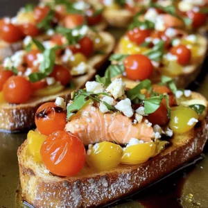 For this dish, you need 1 lb of fresh salmon fillets. I like to use wild-caught salmon. It has better flavor and is healthier. Look for fillets that are bright and shiny. The flesh should be firm to the touch. You will want to prepare some tasty toppings. Here's what you need: - 1 cup cherry tomatoes, finely diced - 1/4 cup fresh basil leaves, coarsely chopped - 2 cloves garlic, minced - 1 tablespoon balsamic vinegar - 1 tablespoon extra virgin olive oil - Salt and freshly ground black pepper, to taste These toppings add a fresh burst of flavor. The cherry tomatoes bring sweetness. The basil adds a lovely aroma. Garlic gives a nice kick, and balsamic vinegar ties everything together. For the base, use 1 French baguette. Slice it into 1/2-inch thick pieces. This bread crisps up nicely when toasted. You will also need salt and freshly ground black pepper to season the salmon. Seasoning enhances the natural taste of the fish. This full recipe creates a stunning and delicious appetizer. Enjoy the process of making this bruschetta salmon! First, preheat your oven to 375°F (190°C). This heat will help bake the salmon and toast the bread. Next, gather your ingredients. You will need fresh salmon fillets, cherry tomatoes, basil, garlic, balsamic vinegar, olive oil, salt, pepper, a French baguette, and feta cheese if you like. Having everything ready makes cooking smoother. In a medium bowl, mix together the finely diced cherry tomatoes, coarsely chopped basil leaves, and minced garlic. Add in balsamic vinegar and olive oil. Season this mixture with salt and pepper to taste. Stir it well until the flavors mix. Let this sit while you prepare the salmon. This resting time helps the flavors deepen and blend beautifully. Now, take the salmon fillets and place them skin-side down on a lined baking sheet. Season them with salt and pepper. Bake the salmon for about 15-18 minutes. It will be done when it flakes easily with a fork. While the salmon bakes, arrange the sliced baguette on another baking sheet. Toast the bread in the oven for 5-7 minutes, or until golden and crispy. Once everything is ready, flake the salmon into bite-sized pieces. Now, assemble your bruschetta. Take a toasted slice of baguette and spoon the tomato basil mixture on top. Add a layer of flaked salmon. If you want, sprinkle some crumbled feta cheese for added flavor. Serve your bruschetta while warm and enjoy this easy and tasty appetizer. For a full recipe, check out Bruschetta Salmon Delight. To get that perfect flakiness in your salmon, start with fresh fillets. Look for bright, moist fish with no strong smell. Season with salt and pepper before baking. Bake at 375°F for 15-18 minutes. Check if it flakes easily with a fork; that’s your sign it's ready. If you want a little extra flavor, drizzle lemon juice on top just before serving. This adds brightness! For crispy, golden-brown baguette slices, cut them about 1/2 inch thick. Lay them on a baking sheet in a single layer. Toast them in the oven at the same time as the salmon. Watch them closely. They usually take about 5-7 minutes. You want them golden, not burnt. For extra flavor, brush the slices lightly with olive oil before toasting. When plating your bruschetta, arrange the pieces on a nice platter. You can add a few extra basil leaves for color. A drizzle of balsamic glaze adds a nice finish and a pop of flavor. Try to serve them warm, right after making. This keeps the bread crunchy and toppings fresh. If you’re feeling fancy, sprinkle some feta cheese on top for a gourmet touch. For the full recipe, check out the complete instructions in the document. {{image_4}} You can change up your bruschetta salmon with fun toppings. Here are some ideas: - Avocado slices: Add creamy avocado for richness. - Arugula: A handful of arugula gives a peppery bite. - Pesto: Swirl some pesto on top for a fresh twist. - Pickled red onions: These add a tangy crunch. - Capers: A few capers can bring extra flavor. Feel free to mix and match these toppings. Each adds a unique taste. If you need gluten-free choices, use gluten-free bread. Many brands offer tasty gluten-free baguettes. You can also use: - Cucumber slices: These make a refreshing base. - Polenta rounds: Cooked and grilled polenta works well too. These options keep your dish flavorful while meeting dietary needs. You can cook salmon in different ways for bruschetta. Here are some methods: - Grilling: This gives a smoky flavor. Just grill fillets for about 5-7 minutes per side. - Pan-searing: Cook salmon in a hot skillet for a crispy skin. This takes about 4-5 minutes per side. - Poaching: For a gentle method, poach salmon in water or broth. This takes about 10-12 minutes. Each method adds its own touch to the dish. Try them out to find your favorite! For the full recipe, check out the Bruschetta Salmon Delight. If you have leftover salmon, store it right away. Place it in an airtight container. It stays fresh for up to three days in the fridge. Make sure to let it cool before sealing. This keeps the moisture in and prevents spoilage. If you want to keep it longer, freeze the salmon. Wrap it tightly in plastic wrap, then place it in a freezer bag. Frozen salmon can last for about two months. Remember to label the bag with the date. The bruschetta mixture is tasty, but it can lose its crunch. Store it in a separate airtight container. Keep it in the fridge and use it within two days. This is key for keeping the tomatoes and basil fresh. If you want to make it ahead, prepare it without adding salt. The salt can draw out moisture and make it soggy. Add salt just before serving for the best taste. Reheat salmon gently to keep it moist. Place the salmon on a plate and cover it with a damp paper towel. Microwave it on low power for 20-30 seconds. Check often to avoid overcooking. You can also reheat it in an oven. Preheat the oven to 250°F (120°C) and place the salmon on a baking sheet. Heat for about 10 minutes. This method keeps the salmon flaky and tender. Enjoy your Bruschetta Salmon by adding the fresh mixture just before serving. Check the [Full Recipe] for more details! For Bruschetta Salmon, I recommend using fresh, wild-caught salmon. Sockeye or king salmon works best. These types have rich flavors and firm textures, making them perfect for this dish. They hold up well during cooking and pair nicely with the tomato basil topping. Farmed salmon can work too, but it may have a milder taste. Always choose salmon that looks bright and smells fresh. Yes, you can prepare parts of Bruschetta Salmon ahead of time. You can make the tomato basil mixture a few hours in advance. Just store it in the fridge until you're ready to assemble. For the salmon, I suggest cooking it fresh for the best taste. You can also toast the baguette slices ahead of time. Just keep them in an airtight container. This way, your appetizer stays crisp and delicious. Bruschetta Salmon pairs well with a variety of sides. A simple green salad with lemon vinaigrette adds freshness. Grilled veggies make a tasty complement too. You could also serve it with a light pasta dish. For drinks, a crisp white wine or sparkling water works great. These options enhance the flavors without overpowering your delicious bruschetta. You can find the full recipe for this delightful dish in the earlier sections. This blog post covered how to make a tasty bruschetta salmon dish. We discussed fresh salmon fillets and flavorful bruschetta toppings. I shared step-by-step instructions to help you prepare, bake, and toast your meal. Tips for perfecting texture and presentation added extra flair. Don't forget to explore variations and storage options for leftovers. With this guide, you'll impress your friends and family with a simple yet delicious recipe. Get cooking and enjoy every bite!