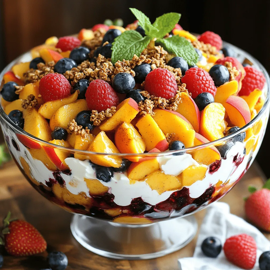 - Ripe peaches - Fresh strawberries - Plump blueberries - Juicy raspberries - Cream cheese - Plain Greek yogurt - Powdered sugar - Pure vanilla extract - Ground cinnamon - Granola - Fresh mint leaves for garnish To make the Peach Cobbler Cheesecake Fruit Salad, gather the right ingredients. The fresh fruit brings bright flavors. I love using ripe peaches, fresh strawberries, plump blueberries, and juicy raspberries. These fruits create a colorful and tasty mix. Next, the cream ingredients add richness. You need cream cheese, plain Greek yogurt, powdered sugar, and pure vanilla extract. These create a smooth and creamy base. The cream cheese gives a nice tang, while yogurt adds a healthy twist. You can also add some optional ingredients for extra flavor. A sprinkle of ground cinnamon can enhance the dish. For a crunchy touch, include granola. Fresh mint leaves make a lovely garnish that adds color and freshness. Check the Full Recipe for exact measurements and instructions. This salad is easy to prepare, and it always impresses! Start by making the creamy base. In a large bowl, combine cream cheese, Greek yogurt, powdered sugar, and vanilla. Mix well until smooth. This creamy layer is key to the salad's taste. Next, fold in the diced peaches along with the fresh strawberries, blueberries, and raspberries. Be gentle to keep the berries intact. After mixing, cover the bowl with plastic wrap. Refrigerate the salad for at least 30 minutes. This chilling time lets the flavors come together beautifully. When you’re ready to serve, give the fruit salad a gentle stir. This helps mix any settled juices. Spoon the salad into individual bowls or a large serving dish. For a fun crunch, add granola on top just before serving. It adds a nice texture. Finally, garnish each bowl with fresh mint leaves. They add color and a fresh taste. Make sure your cream cheese is softened before mixing. This helps it blend smoothly. For the best flavor, use seasonal fruits. They are always tastier. Remember to mix gently to avoid mashing the berries. You want each fruit to shine in this delightful salad. For the full recipe, check the earlier section. To boost flavor, think about adding spices. A pinch of nutmeg or a splash of almond extract can elevate your salad. You can also mix in other fruits for more zest. Try adding diced mango or chopped kiwi. These fruits bring unique flavors and colors that make your dish pop. For crunch, adjust the granola. Use a coarser granola for a bigger bite or choose a flavored one for extra taste. If you want a smooth texture, try alternatives to cream cheese. Silken tofu or coconut cream can work well. These options keep the dish creamy while adding different flavors. Make your servings look stunning. Use clear bowls to show off the colorful fruits. Arrange the salad in layers for a beautiful effect. A sprinkle of granola on top adds a nice touch. Also, consider using colorful plates to brighten up the table. This little effort makes your Peach Cobbler Cheesecake Fruit Salad delightful and inviting. {{image_4}} You can switch up the peaches for nectarines. Nectarines add a nice twist. They have a sweet and juicy taste. You can also mix in other fruits. Consider using mangoes, cherries, or kiwi. These fruits can bring new flavors and colors to your salad. If you want a dairy-free version, use coconut cream. This will make it rich and smooth. You can also try dairy-free yogurt. For gluten-free options, check your granola. Many brands offer gluten-free granola, which works well in this recipe. Adding citrus zest can brighten the flavors. Try zesting a lemon or orange into the mix. It adds a fresh and zingy taste. You can also include nuts or seeds for crunch. Chopped almonds or sunflower seeds can boost the texture and nutrition. To keep your peach cobbler cheesecake fruit salad fresh, store leftovers in a container. Use an airtight container to avoid any odors from the fridge. You can also cover the bowl with plastic wrap. This keeps the salad moist and tasty. Can it be frozen? Yes, but it’s best to freeze the fruit separately. Cream cheese and yogurt may change in texture when frozen. If you freeze it, use a freezer-safe container. For safe defrosting, place it in the fridge overnight. This keeps the flavors intact and ensures safety. In the fridge, the fruit salad lasts about three days. After that, the fruits may become mushy. Signs of spoilage include a sour smell or discoloration. If you notice any of these signs, it’s best to toss it out. Always trust your senses when it comes to food safety. What kind of peaches work best for this recipe? I recommend using ripe, juicy peaches. They add the best flavor and sweetness. Look for peaches that yield slightly when you press them. This means they are perfect for your salad. Can I use frozen fruits? Yes, you can use frozen fruits. Just thaw them first and drain any extra liquid. Fresh fruits are best, but frozen can still taste great in a pinch. How long should I chill the fruit salad? Chill the fruit salad for at least 30 minutes. This allows the flavors to blend well. If you can chill it longer, that’s even better! Can I use other types of yogurt? Absolutely! You can use any yogurt you like. Flavored yogurts can add a nice twist. Try vanilla or even peach-flavored yogurt for extra taste. What can I use instead of granola? If you don’t want granola, try crushed nuts or seeds. They give a nice crunch too. You can also use toasted oats for a different texture. Is this a make-ahead dessert? Yes, you can make this fruit salad ahead of time. Just keep it in the fridge. It tastes even better after resting for a while. How to bring to a potluck or BBQ? For potlucks or BBQs, keep it chilled in a cooler. Use a nice bowl to serve it. Cover it with plastic wrap or a lid for easy transport. This blog post explored a delicious fruit salad made with ripe peaches, strawberries, and more. We discussed cream ingredients like cream cheese and yogurt that create a tasty base. You learned steps to prepare, serve, and customize this salad to your liking. Enhancements and variations helped you see how versatile this dish can be. In the end, this fruit salad is perfect for any occasion. Enjoy it fresh and share it with friends!