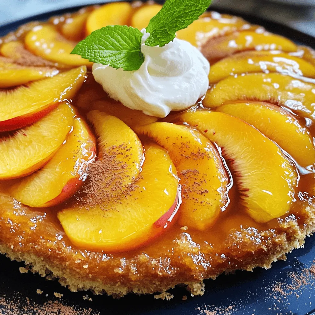 - Peaches: Use 4 ripe peaches. Choose peaches that are soft but not mushy. They should smell sweet and fragrant. Fresh peaches add the best flavor. - Dry Ingredients: Gather these: - 1 cup all-purpose flour, sifted - 1 teaspoon baking powder - 1/2 teaspoon baking soda - 1/4 teaspoon salt - 1 teaspoon ground cinnamon - 1/2 cup granulated sugar These ingredients help the cake rise and give it a warm flavor. - Wet Ingredients: You will need: - 1/4 cup unsalted butter, melted and slightly cooled - 1/2 cup plain Greek yogurt, at room temperature - 2 large eggs, at room temperature - 1 teaspoon pure vanilla extract These keep the cake moist and rich. - Whipped cream or vanilla ice cream: These add a creamy touch and balance the sweetness of the cake. - Fresh mint for garnish: This adds a pop of color and a fresh taste. For the complete guide, check the Full Recipe. 1. First, preheat your oven to 350°F (175°C). This helps the cake cook evenly. 2. Next, take a 9-inch round cake pan. Lightly grease it with butter or use parchment paper. This makes it easy to remove the cake later. 3. In a small bowl, combine 1/4 cup melted butter and 1/2 cup packed brown sugar. Stir until smooth. 4. Pour this mixture into your prepared pan. Spread it evenly with a spatula or spoon. 1. Now, take 4 ripe peaches. Remove the pits and slice them into wedges. 2. Arrange the peach slices in a circular pattern on top of the butter and sugar mix. 3. Make it pretty! This will look great when you flip the cake over. 1. In a medium bowl, whisk together 1 cup of all-purpose flour, 1 teaspoon baking powder, 1/2 teaspoon baking soda, 1/4 teaspoon salt, and 1 teaspoon ground cinnamon. This is your dry mix. 2. In a large bowl, beat together 1/2 cup granulated sugar and 1/2 cup plain Greek yogurt. Mix until smooth. 3. Add 2 large eggs, one at a time. Mix well after each addition. Then, stir in 1 teaspoon of pure vanilla extract. 4. Gradually fold the dry mix into the wet mix. Use a spatula or wooden spoon. Be gentle to keep the batter light and fluffy. 5. Carefully pour the batter over the peaches in the cake pan. Smooth the top with a spatula for an even surface. Follow the [Full Recipe] for baking and serving instructions! How to check for doneness To check if your cake is done, use a toothpick. Insert it in the center. If it comes out clean or with a few crumbs, the cake is ready. If it has wet batter, bake it a bit longer. This simple test helps ensure your cake has the right texture. Tips for avoiding overmixing Mix the batter gently. Overmixing can make the cake tough. After adding dry ingredients, stir until just combined. A few lumps are okay. This keeps your cake light and fluffy, which is what we want. Serving suggestions to enhance flavor Serve your cake warm or at room temp. A dollop of whipped cream or a scoop of vanilla ice cream pairs well. This adds creaminess and richness that complements the sweet peaches. You can also drizzle some caramel sauce for extra flavor. Using garnishes for visual appeal Fresh mint leaves add a pop of color. Place them on top of the cake for a fresh look. You can also sprinkle some cinnamon or powdered sugar to enhance the visual appeal. Each garnish adds an extra touch that makes the cake stand out. {{image_4}} You can change the fruit in this recipe. Try using pears or apples instead of peaches. Each fruit gives a new taste. If you want a gluten-free option, use almond flour or coconut flour. These flours work well in cakes, making them light and tasty. Want to make your cake stand out? Add spices like nutmeg or ginger. These spices add warmth and depth to every bite. You can also mix in nuts like walnuts or pecans. They add a nice crunch and pair well with the soft cake and fruit. For the full recipe, check out the Peach Paradise Upside-Down Cake. After baking, let the Peach Upside-Down Cake cool in the pan for about 10 minutes. This step helps the cake set and makes it easier to flip. To cool the cake completely, transfer it onto a wire rack. If you don’t have a wire rack, a plate will work just fine. For storing leftover cake, wrap it tightly in plastic wrap or place it in an airtight container. Store it in the fridge for up to five days. This keeps the cake moist and fresh. If you want to keep it longer, consider freezing. To freeze the cake, first make sure it is completely cool. Wrap it tightly in plastic wrap, and then wrap it again in aluminum foil. This double layer protects the cake from freezer burn. You can freeze the cake for up to three months. When you are ready to enjoy it, simply take it out of the freezer. Let it thaw in the fridge overnight. For quicker thawing, leave it at room temperature for a few hours. After thawing, you can warm it in the oven for a few minutes at 350°F (175°C) to restore its fresh taste. For the full recipe, check out the [Full Recipe]. Can I use canned peaches for this recipe? Yes, you can use canned peaches. Drain them well to remove excess syrup. This helps keep the cake from getting too wet. Fresh peaches are best if you can find them. They add more flavor and texture. How can I make the cake less sweet? To make the cake less sweet, reduce the brown and granulated sugar. You can cut each by a third. You may also swap some sugar for unsweetened applesauce. This keeps the cake moist while lowering the sweetness. What to do if the cake sticks to the pan? If your cake sticks, let it cool longer before trying to remove it. Run a knife around the edges to loosen it. If it still sticks, try placing a damp cloth on the bottom for a few minutes. The steam helps release the cake. How to avoid a soggy bottom in the cake? To prevent a soggy bottom, use ripe but firm peaches. Avoid over-pouring the butter and brown sugar mix. Make sure to bake the cake until it’s done. A toothpick should come out clean or with a few crumbs. Best methods to warm up leftover cake To reheat leftover cake, place a slice in the microwave for about 10-15 seconds. If you prefer the oven, wrap the cake in foil and heat at 350°F for 10 minutes. This keeps it soft and delicious. Enjoy with a scoop of vanilla ice cream for an extra treat! You now have all the details to make a delicious peach cake. We covered ingredients like ripe peaches and key dry and wet elements. I shared step-by-step instructions on mixing and baking. Don’t forget the tips for perfect texture and fancy presentation. Explore variations to customize your cake with different fruits or flavors. Finally, know how to store and reheat leftovers to keep them fresh. Baking is fun, and with these steps, you’ll impress everyone with your skills. Enjoy your peach cake and get creative!
