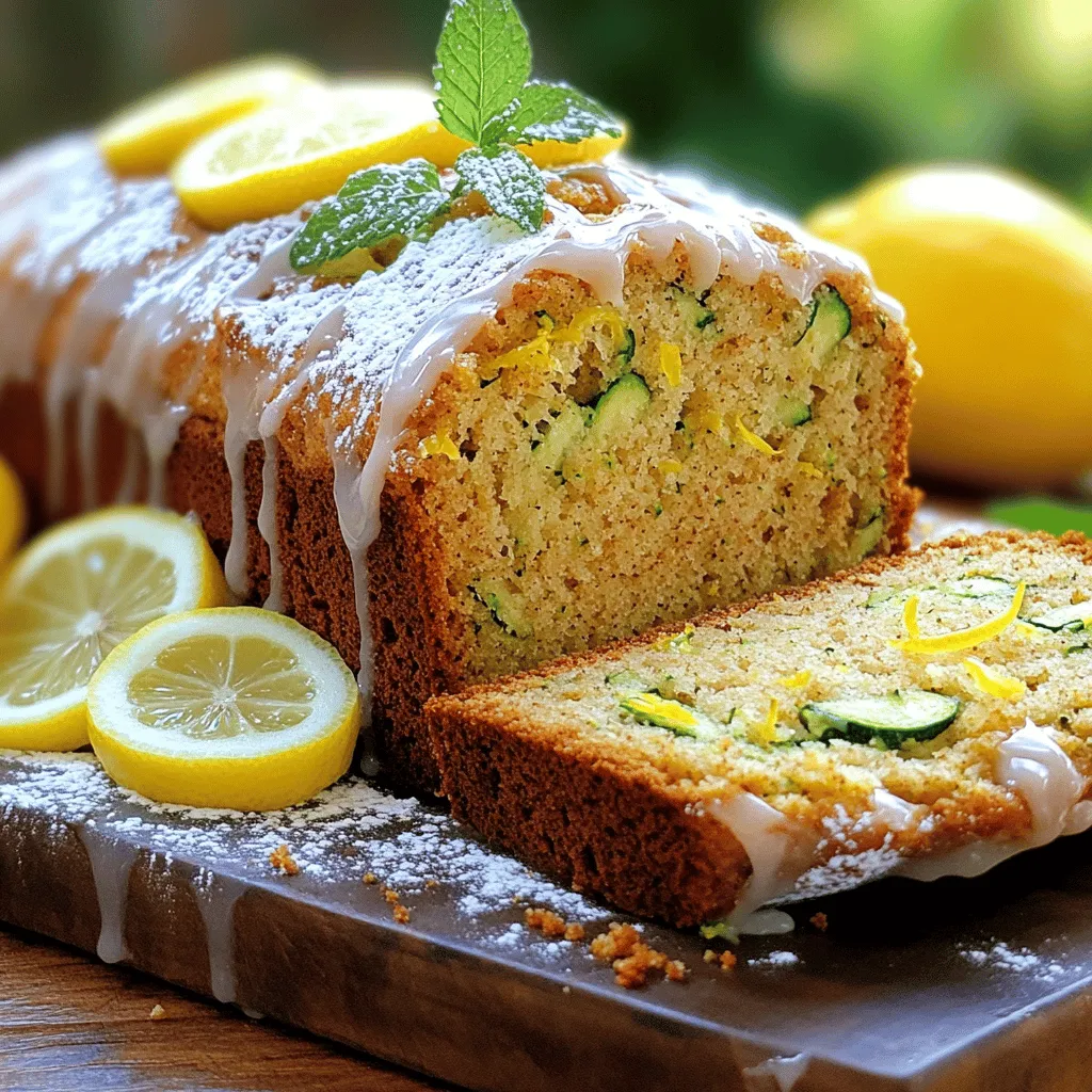 - 1 medium zucchini, finely grated - 1 cup all-purpose flour - 1 cup whole wheat flour - 1 teaspoon baking powder - 1/2 teaspoon baking soda - 1/2 teaspoon sea salt - 1 teaspoon ground cinnamon - 1/2 cup granulated sugar - 1/2 cup firmly packed brown sugar - 1/2 cup vegetable oil - 3 large eggs - Zest of 1 lemon (about 1 tablespoon) - 1/4 cup freshly squeezed lemon juice - 1 teaspoon pure vanilla extract The main ingredients make this lemon zucchini bread special. Zucchini adds moisture and keeps the bread soft. The mix of all-purpose and whole wheat flour gives a nice texture. Using both granulated and brown sugar balances sweetness, creating a rich flavor. The lemon zest and juice brighten the bread, making each bite refreshing. - 1/2 cup chopped walnuts or pecans (optional) - 1/2 cup powdered sugar (for optional glaze) - 1 tablespoon milk (for optional glaze) You can add nuts for crunch and flavor. Walnuts or pecans work great. If you want a sweet glaze, mix powdered sugar with milk. Drizzle it on top after cooling for a nice touch. - Gluten-free options: Replace flours with a gluten-free blend. - Vegan variations: Use flax eggs instead of regular eggs. If you need a gluten-free bread, just swap the flours. There are many good blends available. For vegan options, mix 1 tablespoon of ground flaxseed with 3 tablespoons of water for each egg. This makes a great egg substitute. Check out the Full Recipe for detailed steps! To start, you need to prepare the zucchini. Take one medium zucchini and finely grate it. Use a box grater or a food processor for this task. Once grated, place the zucchini in a clean kitchen towel. Squeeze out excess moisture. This step helps keep the bread from becoming soggy. Set the prepared zucchini aside. Now, let’s mix the wet ingredients. In a medium bowl, combine the grated zucchini, granulated sugar, brown sugar, vegetable oil, eggs, lemon zest, lemon juice, and vanilla extract. Whisk everything together until it is smooth. Make sure the sugars dissolve well. Next, we will mix the dry ingredients. In a large bowl, whisk together the all-purpose flour, whole wheat flour, baking powder, baking soda, sea salt, and ground cinnamon. Ensure everything is evenly mixed. This step adds air to the flour, making the bread light. Now, it’s time to combine the wet and dry ingredients. Gradually pour the wet mixture into the dry mix. Use a spatula or a wooden spoon to stir. Be gentle and stop mixing as soon as you see no dry flour. If you want, fold in the chopped nuts for some added crunch. Before baking, preheat your oven to 350°F (175°C). Grease and flour a 9x5-inch loaf pan. This prevents the bread from sticking. Pour the batter into the pan. Smooth the top with a spatula. Now, bake the bread for 50-60 minutes. Check for doneness using a toothpick. Insert it into the center; it should come out clean or with just a few moist crumbs. Once done, remove the pan from the oven. Let it cool for about 10 minutes. Then, transfer the bread to a wire rack to cool completely. Enjoy the delightful flavors of this Lemon Zucchini Bread by following the full recipe! To get the best texture, avoid overmixing your batter. When you mix just until combined, the bread stays light and fluffy. Overmixing makes the bread dense and tough. To keep the bread moist, use fresh zucchini. Grate it finely and squeeze out excess water. This adds great moisture without making the batter too wet. You can boost the flavor by adding spices like nutmeg or ginger. A pinch makes the bread more interesting. Adding more lemon zest gives a bright taste. You can also play with flavors by mixing in herbs or citrus zest. This adds depth to the flavor profile. Pair your lemon zucchini bread with tea or coffee. The sweet and tart flavors work great together. For a lovely presentation, slice the bread and arrange it on a platter. Drizzle with the optional glaze for a sweet touch. Garnish with lemon slices and mint leaves for a fresh look. You can find the full recipe for this delicious bread above. {{image_4}} To make your lemon zucchini bread stand out, try adding some savory flavors. You can mix in herbs like rosemary or thyme. These herbs enhance the taste and add a fresh twist. You can also swap in different fruits. Consider adding blueberries or cranberries for a fruity burst. These fruits pair well with the lemon and zucchini. If you need a gluten-free option, use almond flour or coconut flour instead of regular flour. These flours work well and keep the bread moist. For a vegan version, replace the eggs with applesauce or flaxseed meal. Use a mix of 1 tablespoon of flaxseed and 2.5 tablespoons of water for each egg. These substitutions make a tasty and friendly option for all diets. You can adapt the recipe for holidays or seasons. For instance, add pumpkin spice in the fall to warm up the flavors. In summer, mix in fresh berries or peaches for a fruity delight. These seasonal changes keep the bread exciting and fresh. For a festive touch, add a sprinkle of cinnamon or nutmeg during winter. Your family will love these fun variations! For the full recipe, refer to the [Full Recipe]. To keep your lemon zucchini bread fresh, wrap it tightly in plastic wrap. You can also place it in an airtight container. This will help it stay moist. Keep it at room temperature for up to three days. If you want it to last longer, store it in the fridge. Just make sure to wrap it well to avoid drying out. Freezing is a great way to keep your bread. First, let the bread cool completely. Once cooled, wrap it in plastic wrap. Then, place it in a freezer bag or container. Squeeze out as much air as you can. This helps prevent freezer burn. You can freeze it for up to three months. To thaw, take it out and let it sit at room temperature. You can also warm it in the oven for a few minutes. Lemon zucchini bread lasts about three days at room temperature. In the fridge, it can stay fresh for about a week. Look for signs of spoilage. If you see mold or smell something off, it’s time to throw it away. Keeping an eye on its appearance and smell helps ensure you enjoy every slice. Can I use frozen zucchini? Yes, you can use frozen zucchini. Just thaw it first and drain excess water. This keeps the bread from being too wet. Frozen zucchini works well and saves time. How to adjust for high altitude? If you bake at high altitude, reduce sugar by 1-2 tablespoons. Increase flour by 2-4 tablespoons. Also, add a bit more liquid, like lemon juice. These changes help your bread rise better. Caloric content per slice Each slice has about 180 calories. This can change based on added ingredients, like nuts or glaze. Keep this in mind when you serve it. Health benefits of zucchini Zucchini is low in calories and high in fiber. It also has vitamins A and C. These nutrients support good health. Adding zucchini to your diet can help with digestion and hydration. Influence of oven types Different ovens heat differently. If your oven runs hot, check the bread early. If it runs cool, it may need extra time. Using an oven thermometer can help with this. Factors affecting baking duration The size of the loaf pan matters, too. A smaller pan needs less time to bake. Also, the batter’s temperature can change baking time. Always use the toothpick test to check doneness. This guide covered everything you need to make great zucchini bread. We explored the main ingredients, optional additions, and helpful substitutions. I shared step-by-step instructions to simplify the process. You learned tips for perfecting texture and adding exciting flavors. Seasonal variations let you mix it up, while storage tips ensure freshness. With the FAQs, you can address any concerns while baking. Enjoy your tasty creation, and don’t hesitate to experiment! Your zucchini bread journey starts now.
