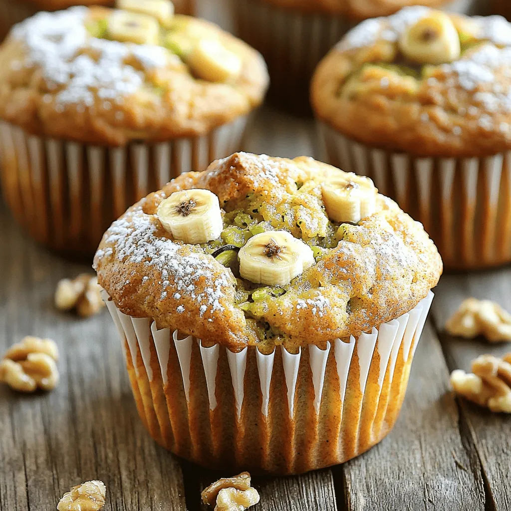 To make these tasty muffins, you will need the following ingredients: - 1 cup ripe bananas, mashed (about 2-3 medium bananas) - 1 cup grated zucchini (1 medium zucchini) - 1/2 cup vegetable oil or melted coconut oil - 3/4 cup packed brown sugar - 1/4 cup honey (or maple syrup for a vegan option) - 2 large eggs, at room temperature - 1 teaspoon pure vanilla extract - 1 1/2 cups all-purpose flour - 1 teaspoon baking soda - 1/2 teaspoon baking powder - 1/2 teaspoon fine salt - 1 teaspoon ground cinnamon These ingredients give the muffins their moist texture and rich flavor. The bananas and zucchini work together for a sweet base. You might not have every ingredient on hand. Here are some easy swaps: - Oil: Use applesauce for a lighter option. - Brown sugar: White sugar works too, but taste may change. - Honey: Maple syrup or agave syrup can replace it easily. - Eggs: Use flax eggs for a vegan option (1 tablespoon ground flaxseed + 2.5 tablespoons water). These substitutes help keep the recipe flexible and fun. For a twist, try adding these ingredients to boost taste: - Chopped walnuts: They add a nice crunch. - Dark chocolate chips: Sweet and rich, they complement the flavors. - Dried fruit: Raisins or cranberries can add a chewy texture. - Spices: Nutmeg or ginger can give a warm kick. Feel free to mix and match these add-ins to make the muffins your own. Start by gathering all your ingredients. This makes the process smooth and fun. First, preheat your oven to 350°F (175°C). This step is key for even baking. Get your muffin tin ready by lining it with paper liners or greasing it. This will help the muffins pop out easily. In a large bowl, mash the ripe bananas until smooth. You need about two to three medium bananas for one cup. Next, grate a medium zucchini to get one cup. Add the zucchini to the mashed bananas. Pour in the vegetable or coconut oil, which makes the muffins moist. Mix these ingredients well until they are fully combined. Now, add the brown sugar, honey, eggs, and vanilla extract to the bowl. Stir everything together until the mixture is smooth. In another bowl, whisk the dry ingredients: flour, baking soda, baking powder, salt, and cinnamon. It’s important to ensure there are no lumps in this mixture. Slowly mix the dry ingredients with the wet mixture. Stir gently until just combined. You want to see no dry flour but don’t overmix. Overmixing can make the muffins tough. If you like, fold in chopped walnuts or dark chocolate chips for extra flavor. Once your batter is ready, use a spoon or cookie scoop to fill each muffin cup about three-quarters full. This allows room for the muffins to rise. Place the muffin tin in the oven and bake for 18 to 20 minutes. Keep an eye on them as they bake. The muffins are done when a toothpick inserted into the center comes out clean or with a few moist crumbs attached. This shows that they are cooked through but still moist. Once baked, take the tin out of the oven and let the muffins cool for about five minutes. After that, carefully transfer them to a wire rack to cool completely. To check if your muffins are done, use a toothpick. Insert it into the center of one muffin. If it comes out clean or with a few moist crumbs, they are ready. If the toothpick has wet batter, bake them for a few more minutes. Another way to tell is by looking at the tops. They should be golden brown and spring back when gently pressed. Muffins that are done will feel light and fluffy. Trust your senses; they will help you bake perfect muffins every time! To keep your muffins moist and fluffy, use ripe bananas. Ripe bananas are sweeter and add moisture. Grating the zucchini helps it blend in better. Always measure the oil correctly; it adds richness. Don't overmix the batter; mix until just combined. This helps create a light texture. You can also add a bit of yogurt or applesauce for extra moisture. Accurate measurements make a big difference in baking. Use a kitchen scale when possible for precision. If using cups, spoon flour into the cup gently. Avoid packing the flour down. Always level off the top with a knife for accuracy. When measuring sticky ingredients like honey, spray the measuring cup with oil first. This helps it pour out easily and keeps it clean. One common mistake is not preheating the oven. Always preheat for even baking. Another mistake is using cold eggs. Room temperature eggs mix better. Make sure to check the freshness of your baking powder and soda; expired ingredients won't rise well. Lastly, resist the urge to open the oven door too soon. This can cause your muffins to sink. For more guidance, check the Full Recipe for Banana Zucchini Muffins! {{image_4}} To make gluten-free banana zucchini muffins, swap all-purpose flour for a gluten-free blend. Many blends work well, but look for one that includes xanthan gum. This helps with the texture. You may need to adjust the liquid slightly. Start with the same amount of oil and add more if needed. For a vegan version, use flax eggs instead of real eggs. Mix one tablespoon of ground flaxseed with three tablespoons of water per egg. Let this sit for about five minutes. Replace honey with maple syrup for sweetness. Coconut oil can add a nice flavor. Feel free to get creative! Adding spices like nutmeg or cardamom can bring warmth. You can mix in fresh fruits like blueberries or chopped apples for added sweetness. Dried fruits, such as raisins or cranberries, also work well. Nuts and dark chocolate chips add crunch and richness. Adjust the amounts to fit your taste. With these variations, you can enjoy banana zucchini muffins in a way that fits your diet and flavor preference. For the full recipe, check the section above. To keep your banana zucchini muffins fresh, store them in an airtight container. This helps lock in moisture and flavor. You can place them at room temperature for up to three days. If you want to keep them longer, the fridge is a good option. Just make sure to seal them well. Freezing these muffins works great for longer storage. First, let the muffins cool completely. Then, wrap each muffin in plastic wrap. After that, place them in a freezer-safe bag or container. You can freeze them for up to three months. Just remember to date the bag for reference. When you're ready to enjoy a muffin, you can easily reheat it. For the oven, preheat it to 350°F (175°C). Place the muffin on a baking sheet and warm for about 10 minutes. If you're in a hurry, you can use the microwave. Heat it for about 15-20 seconds. Check to see if it's warm enough. This method keeps the muffin soft and tasty. For the Full Recipe, check the earlier section in this article. Enjoy your baking! Yes, you can. Carrots or yellow squash work well. Both add moisture and flavor. They also keep the texture light. Grated carrots will give a slight sweetness. Yellow squash has a mild taste that blends nicely. Baking soda is a base that needs an acid to activate. It gives a quick rise. Baking powder contains both an acid and a base. It works on its own when mixed with liquid. Use baking soda for recipes with acidic ingredients. Use baking powder for recipes without acid. Check with a toothpick. Insert it into the center of a muffin. If it comes out clean, they are done. A few moist crumbs are okay, but no wet batter. You can also gently press the top. If it springs back, the muffins are ready. For the complete recipe, check out the details. You’ll find all the ingredients and steps to make these tasty muffins. Banana zucchini muffins are tasty and fun to make. We’ve covered key ingredients, baking steps, and helpful tips. You now know how to whip up variations, store them, and answer common questions. Remember, baking is a joy and a science. Mistakes help you learn. So, enjoy the cooking process and experiment as you go. Delicious muffins await you!