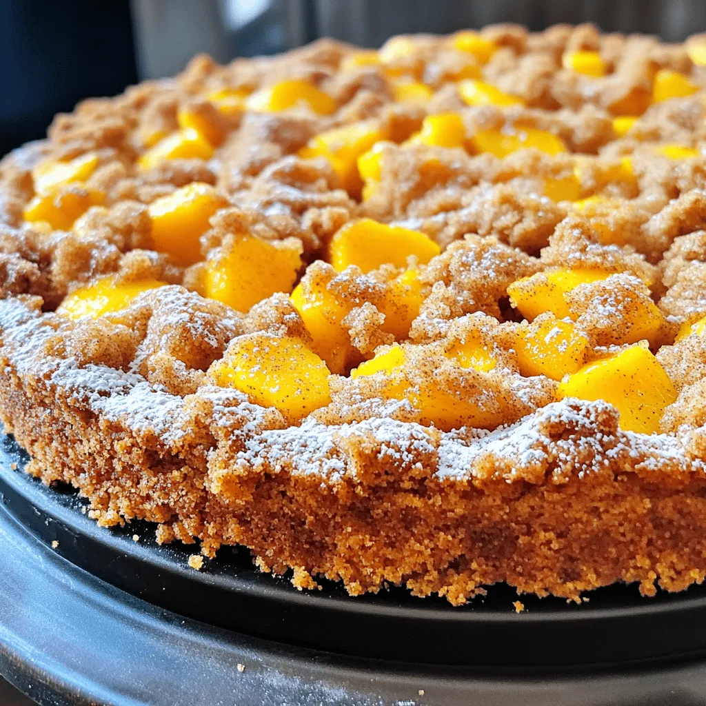 - 2 cups all-purpose flour - 1 cup granulated sugar - 1/2 cup unsalted butter, softened - 1 cup sour cream - 2 large eggs - 1 teaspoon pure vanilla extract - 1 1/2 teaspoons baking powder - 1 teaspoon baking soda - 1/2 teaspoon salt - 2-3 ripe peaches - 1 tablespoon fresh lemon juice - 1/2 teaspoon ground cinnamon - 1 cup all-purpose flour - 1/2 cup brown sugar - 1/4 cup unsalted butter, melted - 1/2 teaspoon ground cinnamon - Powdered sugar for dusting - Vanilla ice cream for serving To make Southern Peach Crumb Cake, you need fresh and quality ingredients. The main ingredients create a moist and rich base. The peaches add sweetness and flavor. Using ripe peaches ensures the cake tastes great. The crumb topping adds a crunchy layer on top. It contrasts nicely with the soft cake. You can also dust the cake with powdered sugar. This gives it a nice look. Serving it with vanilla ice cream is a treat. For the full recipe, check out the details above. Enjoy making this delicious cake! - Preheat the oven to 350°F (175°C). - Grease and flour a 9x13 inch baking dish. - Cream together butter and granulated sugar. - Add eggs and vanilla; mix until smooth. - Fold in sour cream and dry ingredients. To make the batter, start by creaming butter and sugar. This means mixing until it's light and fluffy. It usually takes about 3-4 minutes. You want to be sure the sugar is well blended with the butter. Next, add the eggs one at a time. Make sure to mix well after each egg. This helps the batter become smooth. After that, pour in the vanilla extract. Now, it’s time to add the sour cream. Use a spatula to fold it in gently. This keeps the batter light. In another bowl, whisk together the flour, baking powder, baking soda, and salt. Slowly add this dry mix to your wet ingredients. Stir gently until combined. Be careful not to overmix. - Toss diced peaches with lemon juice. - Fold peaches into the batter evenly. For the peaches, start by chopping them into small pieces. Toss the diced peaches with lemon juice. This step adds flavor and prevents browning. Next, fold the peaches into the batter. Make sure they are evenly spread throughout. You want each bite to have peach goodness. Once the peaches are in the batter, you’re ready to pour it into your prepared dish. This is where the magic happens. You can find the full recipe for more detailed steps. To make your cake moist, always use room temperature ingredients. This helps the batter blend well. Also, be careful not to overmix the batter. Overmixing can make your cake tough instead of light and fluffy. Your crumb topping should look like coarse crumbs. This texture adds a nice crunch. To achieve this, use chilled butter. Chilled butter creates a better texture in the topping. Serve your Southern Peach Crumb Cake warm or at room temperature. It tastes great either way! For a special touch, dust it with powdered sugar. You can also enjoy it with a scoop of ice cream. This adds a delightful creaminess to each bite. For the full recipe, check the earlier section. {{image_4}} You can switch out peaches for other fruits. Try using blueberries for a tasty twist. You can also mix fruits for a colorful crumb cake. Strawberries, raspberries, and cherries are great choices. Each fruit brings its own flavor. This makes your cake fun and unique. Want to add some crunch? Toss in some nuts like walnuts or pecans. They give a great texture to the cake. You can also add spices like nutmeg or ginger. These spices add warmth and depth to the taste. Just a pinch can change the whole flavor! If you need a gluten-free cake, don’t worry! You can use gluten-free all-purpose flour instead. It works just like regular flour. This way, everyone can enjoy your Southern Peach Crumb Cake. Just follow the same recipe for best results. For the full recipe, you can check out the detailed instructions above. You can store this cake at room temperature for up to 2 days. Keep it in an airtight container to preserve its flavor and moisture. If it’s warm out, you might want to refrigerate it earlier. Refrigerate any leftovers for up to a week. This keeps the cake fresh and tasty. You can also freeze the cake for up to 3 months. Before serving, remember to thaw it completely. To enjoy a slice warm, heat it in the microwave for about 15 seconds. You can also warm it in the oven at 350°F for about 10 minutes. After reheating, add fresh toppings like whipped cream or a scoop of ice cream for extra delight. For the full recipe, check out the link provided. To boost flavor, add a dash of almond extract or a pinch of nutmeg. Almond extract brings out the peach's sweetness. Nutmeg adds warmth and depth. Try these small changes for big taste! Yes, you can use canned peaches. Just make sure to drain the excess liquid before adding them. This step keeps the cake from becoming too wet. Canned peaches can be just as tasty when used right. To avoid a soggy bottom, make sure the batter is well-mixed. Bake it until it turns golden brown. This ensures the cake cooks evenly and gets that perfect texture. Keep an eye on the bake time for best results. Yes, you can make this cake ahead of time. It stores well for several days. You can even freeze it for up to three months. Just thaw it before serving for a fresh taste. Check the Full Recipe for more details. This recipe for Southern Peach Crumb Cake blends sweet peaches with a rich crumb topping. You learned how to choose top ingredients, prepare the batter, and bake perfectly. Remember to mix well and avoid overbaking for a moist cake. You can also switch fruits or add nuts for variety. Enjoy storing and reheating leftovers to savor every last bite. Baking this delightful cake will impress anyone who tries it. Enjoy your baking adventure!