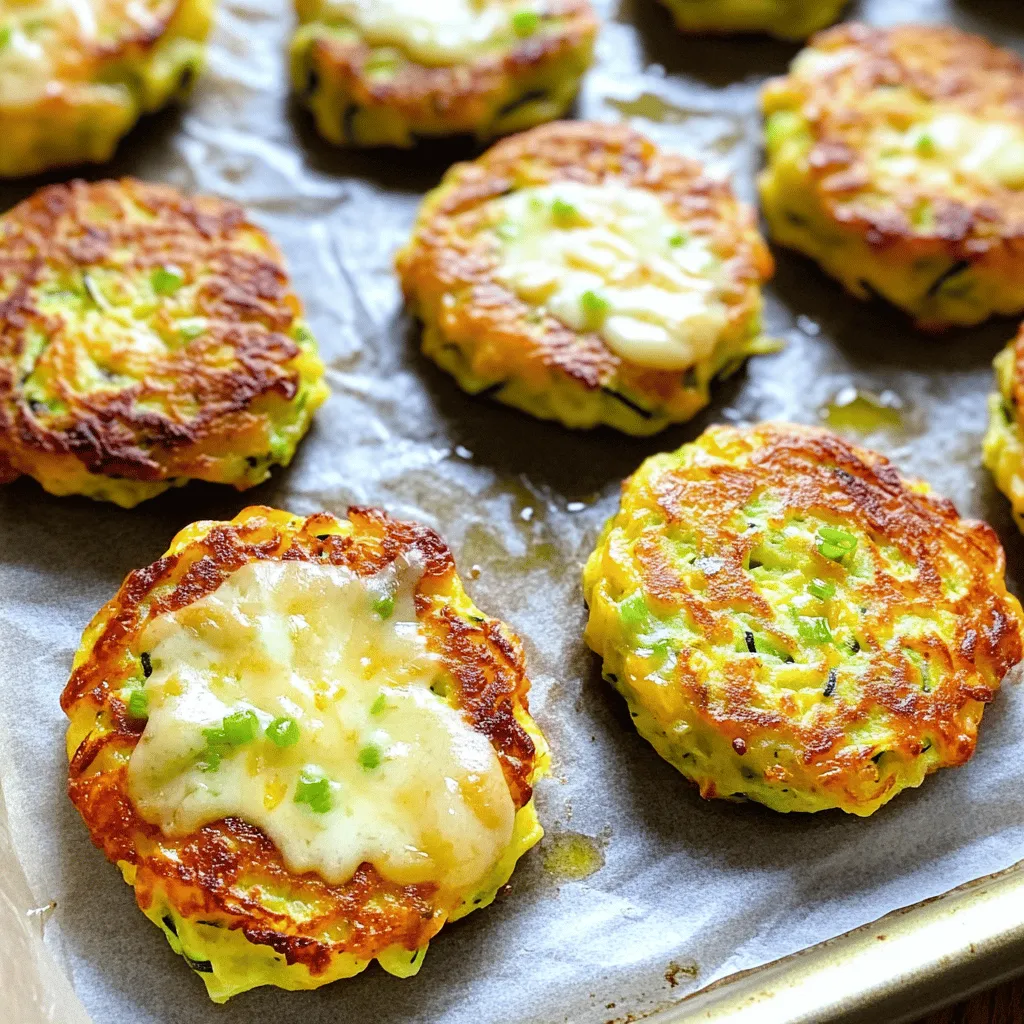 To make tasty baked zucchini fritters, you need fresh and simple ingredients. Here’s what you should gather: - 2 medium zucchini, coarsely grated - 1 teaspoon salt - 1/2 cup all-purpose flour - 1/2 cup freshly grated Parmesan cheese - 1/2 cup shredded mozzarella cheese - 2 large eggs, lightly beaten - 1/4 cup green onions, finely chopped - 1 teaspoon garlic powder - 1/2 teaspoon freshly ground black pepper - Olive oil cooking spray These ingredients work well together. The zucchini gives a fresh taste, while the cheeses add creaminess. You can add some extra ingredients to make your fritters even better. Here are some ideas: - Fresh herbs like parsley or dill - Chopped bell peppers for a bit of crunch - A pinch of cayenne pepper for heat - Corn kernels for sweetness Feel free to mix and match these options. Each one can change the flavor in a fun way. Pairing your fritters with a good sauce makes them shine. Here are some great options: - Greek yogurt with lemon juice and dill - Sour cream mixed with chives - Spicy sriracha mayo for a kick - Classic ranch dressing These sauces add a nice touch. They enhance the taste and make the meal more enjoyable. For the complete recipe, check out the Full Recipe link! Start by grating two medium zucchinis. Place the grated zucchini in a clean kitchen towel. Sprinkle with one teaspoon of salt. Allow it to sit for about 10 minutes. This step helps draw out extra moisture. After 10 minutes, twist the towel to wring out as much liquid as you can. This will keep the fritters from becoming soggy. In a large bowl, combine the drained zucchini with other key ingredients. Add half a cup of all-purpose flour. Next, mix in half a cup of grated Parmesan cheese and half a cup of shredded mozzarella cheese. Don’t forget the two large eggs, lightly beaten. Then, stir in a quarter cup of finely chopped green onions, one teaspoon of garlic powder, and half a teaspoon of black pepper. Use a spatula to mix everything until you have a thick batter. Preheat the oven to 400°F (200°C). Line a baking sheet with parchment paper to prevent sticking. Shape the zucchini mixture into patties, about half an inch thick. Place them on the baking sheet, leaving about two inches between each. Lightly spray the tops with olive oil cooking spray. Bake for 20-25 minutes. Halfway through, flip each fritter for even browning. They are done when golden brown and firm. Enjoy them warm or at room temperature. For the full recipe, check out the detailed steps above. To keep your fritters crispy, start by draining the zucchini. Grate the zucchini and add salt. Let it sit for ten minutes. This pulls out extra moisture. After, use a clean towel to squeeze out water. The drier the zucchini, the better your fritters will be. You can change the taste of your fritters easily. Add herbs like dill or parsley for a fresh kick. For spice, try red pepper flakes or some cumin. You can even swap cheeses. Use feta for a tangy touch or cheddar for a stronger flavor. This way, every bite can be a new adventure! Using the right tools helps make cooking easier. A large mixing bowl is key for blending your ingredients. You need a baking sheet lined with parchment paper. This helps avoid sticking. A spatula is great for flipping the fritters halfway through baking. Invest in a good grater too; it makes prep time quick and fun. For the full recipe, check out the details above. {{image_4}} To make gluten-free zucchini fritters, swap the all-purpose flour for almond flour or coconut flour. These options work well and keep the fritters tasty. You can also use gluten-free breadcrumbs for added texture. Just be sure to check labels to ensure all ingredients are gluten-free. Adding fresh herbs elevates your fritters. I love using chopped basil, parsley, or dill. These herbs enhance the flavor and add a fresh touch. You can also add spices like paprika or cumin for a warm, rich taste. Feel free to experiment to find what you love best. Cheese can change the flavor of your fritters. Try feta for a tangy twist, or add cheddar for a sharper note. Mixing different cheeses can create a delightful blend. Just remember to keep the total amount of cheese the same as in the full recipe to maintain the right texture. To keep your baked zucchini fritters fresh, let them cool first. Place them in an airtight container. You can stack them but add parchment paper between layers. Store the fritters in the fridge for up to three days. This way, they stay tasty and ready to eat. When you’re ready to enjoy your leftovers, reheating is easy. Preheat your oven to 350°F (175°C). Place the fritters on a baking sheet. Heat them for about 10-15 minutes or until warm. This method keeps them crisp. You can also use a microwave for quick reheating. Just heat in short bursts to avoid sogginess. If you want to save fritters for later, freezing works well. Once they cool, place the fritters in a single layer on a baking sheet. Freeze them for about an hour. After that, transfer them to a freezer-safe bag. Try to remove as much air as possible. They can stay in the freezer for up to three months. When you’re ready to eat, bake from frozen at 400°F (200°C) for about 25-30 minutes. Enjoy that fresh taste anytime! For the complete process, check out the Full Recipe. To make baked zucchini fritters crispy, you must remove excess moisture. Start by salting the zucchini and letting it rest for ten minutes. This step is key. After that, wring out the moisture in a clean towel. The less water in the fritters, the crispier they will be. Also, use olive oil cooking spray before baking. This helps them brown nicely. Using frozen zucchini is not the best choice. Frozen zucchini often has too much water. When thawed, it can make the fritters soggy. If you decide to use frozen zucchini, remember to drain and squeeze out as much moisture as possible. But fresh zucchini gives the best result. Baked zucchini fritters pair well with various dips. Some popular choices are sour cream, yogurt, or marinara sauce. They also go great with a simple salad or as a side dish. Feel free to get creative! You can even stack them on a burger for added flavor. For the full recipe, check out the details above. Baked zucchini fritters offer a tasty and healthy snack option. We covered key ingredients and shared step-by-step instructions for a simple bake. I provided tips to avoid sogginess and ways to add new flavors. You can customize them with gluten-free options or different cheeses. Be sure to store your leftovers right for the best taste later. With these ideas and answers to common questions, you can whip up delicious fritters with ease. Enjoy your cooking and savor each bite!
