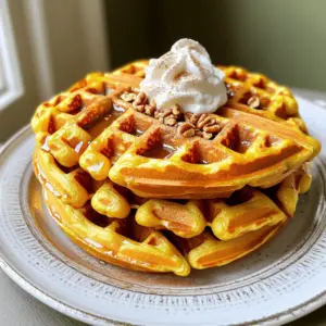 To make these spiced pumpkin waffles, gather the following ingredients: - 1 cup all-purpose flour - 1 tablespoon baking powder - 1 teaspoon ground cinnamon - 1/2 teaspoon ground nutmeg - 1/2 teaspoon ground ginger - 1/4 teaspoon salt - 1 cup pumpkin puree - 2 large eggs - 1/4 cup brown sugar - 1/2 cup milk (or plant-based milk of your choice) - 1/4 cup melted butter (plus extra for greasing the waffle iron) For the Brown Butter Syrup: - 1/2 cup unsalted butter - 1/2 cup maple syrup - 1/4 teaspoon ground cinnamon When measuring ingredients, use dry measuring cups for flour. A kitchen scale can help for accuracy too. If you need substitutions: - Use whole wheat flour for a heartier option. - Swap brown sugar with coconut sugar for a lower-glycemic choice. - For a dairy-free version, choose almond milk or oat milk. - You can use vegetable oil if you don’t have melted butter. Choosing quality ingredients can enhance your waffles. Look for: - Fresh spices for a more vibrant flavor. - Pure pumpkin puree, not pumpkin pie filling, for the best taste. - Real maple syrup over imitation syrup for true sweetness. - High-quality butter for the brown butter syrup, as this affects the overall flavor. These choices will elevate your spiced pumpkin waffles and make each bite delightful. For a detailed guide, check the Full Recipe. - Preheating the Waffle Iron: Start by preheating your waffle iron. Follow the manufacturer's guide. Grease it lightly with melted butter to prevent sticking. - Combining Dry Ingredients: In a large bowl, whisk together the flour, baking powder, cinnamon, nutmeg, ginger, and salt. Mix well until everything is blended. - Mixing Wet Ingredients: In another bowl, add the pumpkin puree, eggs, brown sugar, milk, and melted butter. Whisk until the mixture is smooth and all parts are combined. - Merging Wet and Dry Mixtures: Pour the wet mixture into the bowl of dry ingredients. Gently fold them together with a spatula. Mix until just combined. A few lumps are okay; don’t overmix. - Cooking the Waffles: Measure about 1/2 cup of batter and pour it onto the preheated waffle iron. Close the lid and cook for about 4-5 minutes. The waffles should be golden brown and crispy. Repeat until you finish all the batter. - Melting the Butter: In a medium saucepan, melt the unsalted butter over medium heat. - Achieving the Perfect Brown Color: Keep cooking the butter, swirling the pan often. Watch closely as it turns golden brown and gives off a nutty smell. This takes about 3-5 minutes. - Mixing in Maple Syrup: Once the butter is brown, take the pan off the heat. Stir in the maple syrup and ground cinnamon right away. Mix well and let it cool a little. - Serving Suggestions: Place warm pumpkin waffles on plates. Drizzle with the brown butter syrup generously. You can stack them for a nice look. - Optimal Serving Temperature: Serve the waffles warm for the best taste. They pair well with whipped cream or chopped pecans for added flavor and texture. Enjoy your delicious creation! For the Full Recipe, check out the detailed instructions above. To get the best waffles, you need the right batter. Start with the right thickness. If the batter is too thick, add a bit more milk. If it’s too thin, add a small amount of flour. You want it to pour easily but not run everywhere. Cooking time is also key. Every waffle iron is different. Check your waffles after about four minutes. They should be golden brown and crispy. If they’re not, close the lid and check again in a minute. Want to take your waffles up a notch? Try adding more spices! Cloves or allspice can give a warm kick. You can also mix in some vanilla extract for a nice touch. For serving, consider adding fresh fruit. Sliced bananas or berries pair well with the pumpkin flavor. A dollop of whipped cream or a sprinkle of nuts can add crunch and creaminess. One common mistake is overmixing the batter. This can make your waffles tough. Mix just until combined; it’s okay if it’s a bit lumpy. Another mistake is not preheating the waffle iron. This can lead to soggy waffles. Always preheat it first! Lastly, don’t rush the cooking time. Give each waffle enough time to crisp up for the best texture. For the full recipe, visit the section above! {{image_4}} You can make these waffles gluten-free easily. Start by substituting all-purpose flour with a gluten-free blend. Look for blends that include xanthan gum for better texture. You may need to adjust the liquid ingredients too. Gluten-free flours often absorb more moisture. Add a bit more milk to get the right batter consistency. For a vegan version, you can replace eggs with flaxseed meal. Mix one tablespoon of flaxseed meal with three tablespoons of water. Let it sit for a few minutes to thicken. For milk, use almond or oat milk. To sweeten, try maple syrup or agave. This keeps the waffles soft and tasty without any dairy. You can easily add a personal touch with seasonal twists. For a holiday flavor, mix in ground cloves or allspice. These spices really enhance the pumpkin taste. You can also add chocolate chips for a sweet surprise. Just fold them into the batter before cooking. These tweaks make the waffles even more exciting. For the complete recipe, check out the Full Recipe section. To keep leftover waffles fresh, store them in the fridge. Place them in an airtight container. This will help maintain their texture. They can last up to three days. If you have more than a few, consider freezing them. To freeze, stack the waffles with parchment paper between each one. This prevents them from sticking together. Then, place the stack in a freezer bag or container. They can stay good for up to two months. When you are ready to eat them, just pop them in the toaster or oven. Store the brown butter syrup in a glass jar with a lid. Keep it in the fridge for up to a week. Make sure it cools before sealing the jar. This helps preserve its rich flavor. When you want to use it again, reheat the syrup gently. You can warm it in a small pot over low heat. Stir it often to avoid burning. You can also use the microwave. Just heat it in short bursts. This will bring back its deliciousness. For the complete recipe, check out the Full Recipe link. To make sure your waffles are crispy, follow these tips: - Preheat your waffle iron properly. - Use enough batter, but don’t overfill. - Cook until golden brown and steam stops rising. - Let them rest for a minute before serving. By following these steps, you’ll get waffles that are crispy on the outside and soft inside. Yes, you can make the batter ahead of time. Just mix the dry and wet ingredients separately. When you are ready to cook, combine them. This method keeps your waffles fresh and fluffy. Store the batter in the fridge. Use it within 24 hours for the best results. Spiced pumpkin waffles pair well with many toppings. Here are some ideas: - Whipped cream for a sweet touch. - Chopped pecans for crunch. - Fresh fruits like bananas or berries. - A dusting of powdered sugar for sweetness. - Extra maple syrup or honey for drizzling. These toppings will enhance the flavor and make your meal more fun. For the full recipe, including ingredients and instructions, check out the complete guide. This recipe gives you a warm and cozy meal that’s perfect for any day. You learned about the key ingredients and steps to make spiced pumpkin waffles. We explored tips for perfect texture, flavor, and common mistakes to avoid. You also discovered gluten-free, vegan, and seasonal variations to suit your needs. Don’t forget about storage tips for leftovers and the delicious brown butter syrup. These waffles can be a fun treat for any meal. Enjoy experimenting and make them your own!