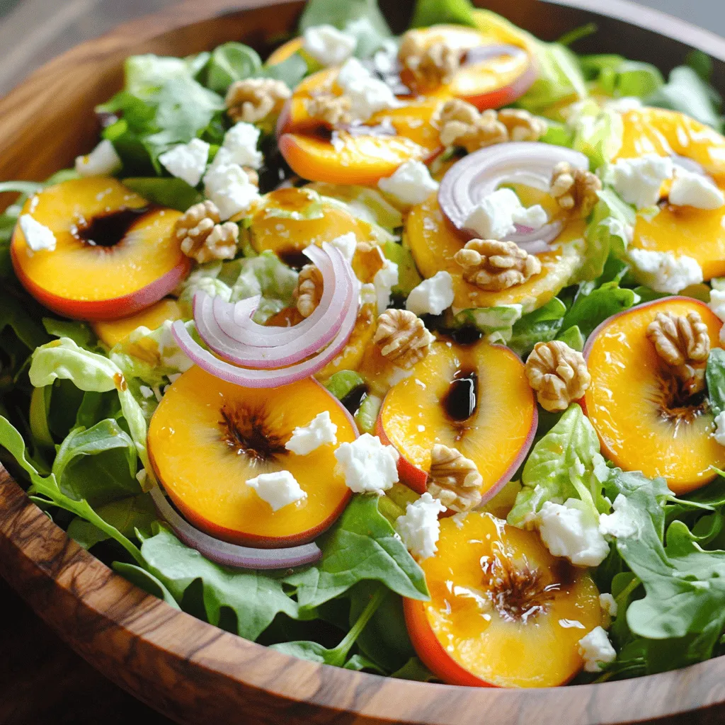 - Ripe peaches - Feta cheese - Mixed greens - Red onion - Walnuts - Balsamic glaze - Olive oil The Simple Peach Feta Salad shines with its fresh and vibrant ingredients. Each component plays a key role in creating a delightful mix of flavors. Ripe peaches add a sweet touch, while feta cheese brings a creamy and salty balance. Mixed greens offer a crisp base that keeps the salad light. - Alternative cheeses: Try goat cheese or ricotta for a different taste. - Other nuts: Almonds or pecans can replace walnuts for added crunch. - Seasonal greens: Use kale or spinach for a twist in flavor and texture. Feel free to play with these substitutions. This way, you can personalize the salad based on what you enjoy. When selecting ripe peaches, look for fruit that feels slightly soft to the touch. The skin should have a warm golden hue. Smell the peach; it should have a sweet aroma. Fresh ingredients make a big difference in taste. Ripe peaches enhance the salad's sweetness, while fresh greens keep it crisp and refreshing. Using quality ingredients means your salad will taste its absolute best. 1. First, wash the mixed greens. Place them under cold running water. Make sure to remove any dirt. 2. After washing, use a salad spinner to dry the greens. This step is key for a crisp salad. 3. Now, slice the ripe peaches into thin wedges. Ensure they are firm yet sweet. 4. Carefully add the peach slices to the bowl with mixed greens. This combination is fresh and colorful. 1. Next, crumble the feta cheese over the salad. This cheese adds a nice creamy texture. 2. Add the finely sliced red onion to the salad. The onion gives a sharp flavor that contrasts with the sweet peaches. 3. In a small skillet, heat over medium. Add the walnuts for toasting. This step enhances their flavor. 4. Toast the walnuts for about 3-5 minutes. Stir them often until they smell great and turn golden brown. 5. Once toasted, take the walnuts off the heat. Let them cool for a minute before adding them to the salad. 1. Drizzle high-quality olive oil over the salad. This adds richness and depth to the flavors. 2. Next, add the balsamic glaze. This sweet tang balances the dish perfectly. 3. Use salad tongs to gently toss the salad. Be careful not to crush the delicate ingredients. 4. Finally, season with freshly cracked salt and pepper. Adjust the seasoning to your taste. 5. Serve immediately for the best flavor and freshness. For a beautiful presentation, use individual bowls or a large platter. For more details, check the Full Recipe. For a lovely presentation, serve your salad in individual bowls. This adds a nice touch for guests. You can also use a large platter if you prefer a family-style meal. Garnish the top with extra peach slices and a drizzle of balsamic glaze. For a full meal, pair this salad with grilled chicken or shrimp. They add protein and balance the sweet and salty flavors. Add fresh herbs like basil or mint for a bright taste. These herbs bring a burst of freshness that complements peaches well. You can also try different dressings. A honey mustard vinaigrette or a yogurt-based dressing gives a new twist to the salad. Each option enhances the flavor in its own way. Make this salad just before serving. The ingredients taste best fresh. If you prep ahead, keep the peaches and feta separate from the greens. This keeps everything crisp and delicious. To keep your ingredients fresh longer, store them in airtight containers. This helps maintain their flavor and texture. {{image_4}} In summer, fresh peaches shine in this salad. They add a sweet and juicy flavor. In fall, try using apples instead. They provide a crisp texture and nice tartness. You can also swap in pears for a softer bite. Each fruit brings its unique taste and charm. You can mix in other fruits too. Berries like strawberries and blueberries add color and sweetness. For a tropical twist, consider mango. These swaps keep the salad fresh and exciting all year round. If you need gluten-free options, this salad is already a great choice. All the ingredients are naturally gluten-free. Just ensure your balsamic glaze doesn’t contain gluten. For a vegan version, skip the feta cheese. Use avocado for creamy texture and healthy fats. You can also try a vegan feta made from nuts. This keeps the salad flavorful while meeting dietary needs. To give your salad a Mediterranean flair, add olives or cherry tomatoes. These ingredients enhance the flavor and bring a new depth. You might also consider using herbs like basil or mint. They brighten the dish and add a fresh taste. For an Asian-inspired twist, try adding sesame seeds and a splash of soy sauce. Thinly sliced cucumbers can also add a crisp bite. These small changes can create a new flavor experience in your salad. Try these variations to keep your Simple Peach Feta Salad exciting and delicious. You can find the full recipe and tips in the recipe section. To keep your Simple Peach Feta Salad fresh, store it in an airtight container. Make sure to place the salad in the fridge right after serving. This helps preserve the taste and texture. It’s best to keep the dressing separate until you're ready to eat. This way, the greens stay crisp. You cannot freeze a salad like this one. Freezing can make the peaches mushy and the greens wilted. If you have leftovers, refrigerate them. To refresh stored salad, add a splash of olive oil or balsamic glaze. Toss gently to revive the flavors before serving. Feta cheese lasts about one week in the fridge once opened. Store it in its brine or a sealed container. Walnuts can last for up to six months in a cool, dark place. Peaches, on the other hand, should be eaten within a few days of slicing. Watch for signs of spoilage, such as brown spots or a sour smell. If you notice these, it’s best to discard them. Enjoy your Simple Peach Feta Salad fresh with these tips! For the full recipe, check out the details above. To make this salad, follow these steps: 1. Wash the greens. Use cold water to clean your mixed greens well. 2. Spin dry the greens. A salad spinner works great to remove excess water. 3. Slice the peaches. Cut two ripe peaches into thin wedges. 4. Combine the peaches and greens. Add the peach slices to the greens in your bowl. 5. Crumble the feta. Sprinkle 100g of feta cheese over the salad for a salty kick. 6. Add red onion. Finely slice 1/4 cup of red onion and mix it in. 7. Toast walnuts. Lightly toast 1/4 cup of walnuts in a skillet for 3-5 minutes. 8. Mix in the walnuts. Add the toasted walnuts to the salad for crunch. 9. Drizzle dressing. Pour 1 tablespoon of olive oil and 2 tablespoons of balsamic glaze over the salad. 10. Season to taste. Add salt and pepper, mixing gently to combine. 11. Serve immediately. Enjoy the salad right away for the best flavor! Yes, you can prepare the salad ahead of time, but with some tips: - Prepare greens and toppings separately. Keep the mixed greens, peaches, and toppings apart until serving. - Store in airtight containers. This keeps the ingredients fresh and crunchy. - Add dressing just before serving. This prevents the salad from getting soggy. Several dressings pair well with this salad: - Balsamic vinaigrette. It enhances the sweet and savory notes of the dish. - Honey mustard dressing. This adds a sweet tang that complements the peaches. - Lemon olive oil dressing. A bright and fresh option to lighten the flavors. For the full recipe, check out the detailed steps above! This article covered how to make a fresh and tasty Peach Feta Salad. We talked about choosing ripe peaches, preparing the ingredients, and combining them perfectly. You learned simple storage tips and fun variations to keep things interesting. Remember, fresh ingredients make a big difference in flavor. Try different nuts or seasonal fruits to suit your taste. You'll create a dish that's not just good, but delightful. Enjoy your cooking journey!