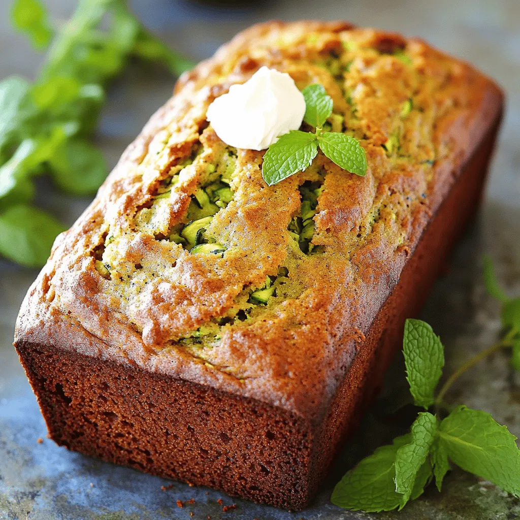 To make this fantastic zucchini bread, you need some basic ingredients. Here’s what you will need: - 2 cups grated zucchini (about 2 medium zucchinis, excess moisture removed) - 1 cup all-purpose flour - 1/2 cup whole wheat flour - 1 teaspoon baking soda - 1/2 teaspoon baking powder - 1/2 teaspoon salt - 1 teaspoon ground cinnamon - 1/4 teaspoon nutmeg - 1/2 cup packed brown sugar - 1/2 cup granulated sugar - 2 large eggs - 1/2 cup vegetable oil (or melted coconut oil) - 1 teaspoon vanilla extract - 1/2 cup chopped walnuts or pecans (optional) - 1/2 cup chocolate chips (optional) These ingredients come together to create a moist, tasty loaf. While the basic recipe is great, you can make it even better! Here are some fun add-ins: - Chopped nuts: Walnuts or pecans add a nice crunch. - Chocolate chips: For a sweet touch, mix in chocolate chips. - Dried fruit: Raisins or cranberries can add a chewy texture. - Coconut: Shredded coconut gives a tropical vibe. Feel free to mix and match these add-ins based on your taste. Using fresh zucchini is key for this recipe. Fresh zucchini gives moisture and flavor. When you grate it, make sure to squeeze out the excess water. This prevents the bread from becoming too soggy. You want it to have a nice, soft texture without being wet. Fresh zucchini also has a bright taste that enhances the overall flavor of the bread. Always choose zucchinis that are firm and shiny for the best results. For the full recipe, you can refer back to the beginning. Start by preheating your oven to 350°F (175°C). Grab a 9x5-inch loaf pan. Grease it well with oil, or line it with parchment paper. This helps the bread come out easily after baking. Next, take two medium zucchinis. Grate them and squeeze out any extra moisture using a clean dish towel. This step is key to keep your bread from being soggy. Set the drained zucchini aside; it will be a star in your bread. In a separate mixing bowl, gather your dry ingredients. Combine 1 cup of all-purpose flour and 1/2 cup of whole wheat flour. Next, add 1 teaspoon of baking soda, 1/2 teaspoon of baking powder, and 1/2 teaspoon of salt. Sprinkle in 1 teaspoon of ground cinnamon and 1/4 teaspoon of nutmeg. Whisk these together until they are evenly mixed. This will help create a light and fluffy texture in your zucchini bread. Now, move to a large mixing bowl to combine wet ingredients. Mix together 1/2 cup of packed brown sugar and 1/2 cup of granulated sugar with 2 large eggs. Whisk this mix until it looks smooth. Then, add 1/2 cup of vegetable oil and 1 teaspoon of vanilla extract. Keep mixing until everything is well blended. This step ensures that your bread stays moist and flavorful. Time to bring everything together! Gradually add your dry ingredient mix to the wet mixture. Use a gentle folding motion with a spatula. Do not overmix; just blend until you see no dry flour. This will keep your bread light and airy. Then, fold in the grated zucchini. If you want to use nuts or chocolate chips, add them now and fold in gently. Finally, pour the batter into your prepared loaf pan and spread it evenly. This ensures even baking throughout. With these steps, you're on your way to making delicious zucchini bread. For a complete guide, check the Full Recipe. To keep your zucchini bread from getting soggy, remove excess moisture from the zucchini. After grating, place it in a clean dish towel or cheesecloth. Squeeze out as much liquid as you can. This simple step helps your bread stay light and fluffy. For the best results, bake your zucchini bread at 350°F (175°C). I suggest checking it after 50 minutes. Insert a toothpick into the center. If it comes out clean or with just a few crumbs, your bread is ready. If it needs more time, check every five minutes. Store leftover zucchini bread in an airtight container at room temperature. It will stay fresh for about three days. For longer storage, wrap it tightly in plastic wrap and freeze it. When you’re ready to enjoy it, thaw it overnight in the fridge. {{image_4}} You can make zucchini bread gluten-free. Replace all-purpose flour with a gluten-free blend. Use a mix that has xanthan gum to help with texture. Make sure to check the label for any allergens. This option keeps your bread nice and fluffy. If you want a vegan version, swap the eggs for flax eggs. Mix one tablespoon of ground flaxseed with three tablespoons of water. Let it sit for five minutes to thicken. You can also use unsweetened applesauce instead of oil. This keeps your bread moist and adds sweetness. Adding extra flavors makes your zucchini bread special. You can mix in fruits like raisins or dried cranberries. Nuts like walnuts or pecans add crunch. For a warm spice kick, add extra cinnamon or nutmeg. Chocolate chips are a favorite for a sweet treat. Experiment with different combinations to find your perfect mix. For the full recipe, check the detailed instructions above. To keep your zucchini bread fresh, wrap it well. Use plastic wrap or foil to cover the entire loaf. This protects it from air and moisture. You can also store it in an airtight container. Place it in a cool, dry spot like your kitchen counter. Your bread will stay good for about 3 to 4 days this way. If you want to keep it longer, consider freezing. Freezing is a great option for zucchini bread. First, let the bread cool completely. Then, wrap it tightly in plastic wrap. Make sure no air can get in. After that, place it in a freezer-safe bag or container. It can last up to 3 months in the freezer. When you’re ready to enjoy it, just thaw it in the fridge overnight. You will still have tasty zucchini bread! Reheating zucchini bread is easy. You can use the oven or microwave. For the oven, preheat it to 350°F (175°C). Slice the bread and place it on a baking sheet. Heat it for about 10 minutes. This method keeps it soft and warm. For the microwave, place a slice on a plate. Heat it for 10 to 15 seconds. This is quicker but may make it a bit moist. Enjoy your zucchini bread warm for the best taste! Yes, you can use yellow squash. It will work just as well in this recipe. The taste may change slightly, but the texture stays nice. Yellow squash gives a fun twist to the bread. Just make sure to remove excess moisture like with zucchini. Your zucchini bread is done when a toothpick comes out clean or with a few crumbs. This usually takes about 50-60 minutes in the oven. If the bread looks brown and firm on top, it’s a good sign. Always check it a few minutes before the timer goes off. You can serve zucchini bread warm or at room temperature. It tastes great with a dollop of cream cheese or butter. You can also sprinkle some cinnamon sugar on top for extra flavor. For a nice touch, add fresh mint leaves to the serving plate. Absolutely! Adding lemon or orange zest can brighten the flavor. Just mix in about a tablespoon with your wet ingredients. This will give your zucchini bread a fresh twist. You can also try adding spices like ginger or cardamom for extra zing. Zucchini bread is easy and fun to make. We covered key ingredients like fresh zucchini and exciting add-ins. You learned how to mix and fold for the best texture. I shared tips to prevent soggy bread and ensure perfect baking. Consider variations like gluten-free or vegan options to suit your taste. Proper storage and reheating help keep it fresh longer. Now, enjoy making zucchini bread your own!