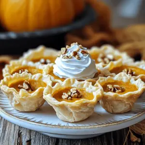 To make mini pumpkin pies, you will need the following ingredients: - 1 cup pumpkin puree - 1/2 cup sweetened condensed milk - 1/3 cup packed brown sugar - 1/2 teaspoon ground cinnamon - 1/4 teaspoon ground nutmeg - 1/4 teaspoon ground ginger - 1/8 teaspoon salt - 1 large egg - 1 package (15-20 count) pre-made mini phyllo pastry shells - Whipped cream for serving (optional) - Crushed pecans for garnish (optional) The essential ingredients are pumpkin puree, sweetened condensed milk, and the spices. These give your pies their flavor and creaminess. The egg helps bind everything together. The mini phyllo pastry shells are also a must for the crust. Optional ingredients include whipped cream and crushed pecans. Whipped cream adds a nice touch on top. Pecans give a bit of crunch and flavor. You can skip these if you want a simpler dessert. When choosing pumpkin puree, look for 100% pure pumpkin. Avoid products with added sugars or flavors. For sweetened condensed milk, pick a brand that uses real milk. Fresh spices provide better flavor than old ones. Always check the expiration dates on your ingredients. Quality ingredients make a big difference in taste. For the best results, use fresh eggs and high-quality pastry shells. Try to source local ingredients when possible. This supports local farmers and often yields better taste. Following these tips ensures your mini pumpkin pies will be tasty and satisfying. For the full recipe, check out the detailed instructions. Start by preheating your oven to 350°F (175°C). This makes sure it's hot when the pies go in. In a medium bowl, mix 1 cup of pumpkin puree, 1/2 cup of sweetened condensed milk, and 1/3 cup of packed brown sugar. Add 1/2 teaspoon of ground cinnamon, 1/4 teaspoon of ground nutmeg, 1/4 teaspoon of ground ginger, and 1/8 teaspoon of salt. Crack in 1 large egg. Whisk everything together until it is smooth and creamy. Next, gather your mini phyllo pastry shells. You will need about 15 to 20 shells, depending on how full you fill them. Place them on a baking sheet with some space between each shell. Carefully pour your pumpkin mix into each shell, filling them about three-quarters full. Do not overfill, or they might spill while baking. Slide the baking sheet into the preheated oven. Bake the mini pumpkin pies for 25 to 30 minutes. Keep an eye on them. They are done when the filling is set and the edges are golden brown. This step is key for a perfect texture. After baking, take the mini pumpkin pies out of the oven. Let them cool on the baking sheet for a few minutes. Then, move them to a wire rack to cool completely. For serving, you can enjoy them warm or at room temperature. Top them with whipped cream and crushed pecans if you like. This adds a nice touch and makes them look great. Find the full recipe for more details on making these tasty treats. To bake perfect mini pumpkin pies, follow these tips: - Preheat your oven to 350°F (175°C). This step is key for even baking. - Use fresh ingredients for the best flavor. Check for quality in your pumpkin puree and spices. - Fill each phyllo shell about three-quarters full. This prevents overflow while baking. - Bake until the edges are golden brown. This usually takes 25-30 minutes. Check for a firm filling. Here are some common mistakes to watch out for: - Overfilling the shells can cause a mess. Stick to the three-quarters rule. - Not whisking the filling enough may lead to lumps. Make sure it’s smooth. - Skipping the cooling period can affect taste and texture. Let them cool before serving. For the best flavor and texture in your mini pumpkin pies: - Use fresh spices instead of old ones. Fresh spices pack more flavor. - Let the mixture sit for a few minutes after mixing. This allows flavors to blend. - Top with whipped cream and crushed pecans for added crunch. This enhances both flavor and presentation. For the full recipe, check the section above! {{image_4}} To make vegan mini pumpkin pies, swap the egg and sweetened condensed milk. Use 1/4 cup of silken tofu blended until smooth. Replace sweetened condensed milk with coconut milk or almond milk. This keeps the filling creamy and delicious. Follow the same steps from the Full Recipe to assemble your mini pies. The flavors remain rich and festive. For gluten-free mini pumpkin pies, choose a gluten-free pre-made pastry shell. You can find these at many grocery stores. Make sure the ingredients do not contain any gluten. The filling from the Full Recipe is already gluten-free. This means you can enjoy these tasty pies without worry. You can easily add new flavors to your mini pumpkin pies. Try mixing in chocolate chips for a sweet twist. Just fold in 1/2 cup of mini chocolate chips after mixing in the pumpkin filling. For a caramel touch, drizzle caramel sauce over the tops before serving. These fun additions make your pies even more exciting. To store leftover mini pumpkin pies, let them cool completely. Place them in an airtight container. You can keep them in the fridge for up to four days. Make sure to layer parchment paper between the pies to avoid sticking. This keeps each pie fresh and intact. Freezing mini pumpkin pies is easy and great for later. First, let them cool fully. Then, wrap each pie in plastic wrap. Place the wrapped pies in a freezer-safe bag or container. They can last up to three months in the freezer. When you're ready to enjoy them, simply take out what you need. Reheating mini pumpkin pies is simple. Preheat your oven to 350°F (175°C). Place the pies on a baking sheet and cover them with foil. Heat them for about 10-15 minutes. This method keeps the crust crispy. You can also use the microwave, but the crust may become soft. Heat each pie for about 30 seconds to 1 minute, checking often. Enjoy your mini pumpkin pies warm, just like when they first came out of the oven! Yes, you can use fresh pumpkin! First, pick a sugar pumpkin or pie pumpkin. These types are sweeter and smoother than regular pumpkins. To prepare, cut the pumpkin, remove the seeds, and roast it until soft. Once cooked, scoop out the flesh and mash it well. Measure out one cup, and it's ready to use in your mini pumpkin pies. Fresh pumpkin gives a great taste and a lovely texture. Mini pumpkin pies can last up to four days in the fridge. Store them in an airtight container to keep them fresh. If you want to enjoy them later, you can freeze them. Just wrap each pie tightly in plastic wrap, then place them in a freezer bag. They can last for up to two months in the freezer. You can find pre-made mini pumpkin pies at many grocery stores. Check the frozen dessert aisle or the bakery section. Some stores may even have them during fall and holiday seasons. If you want a quick treat, look for local bakeries that specialize in seasonal desserts. They might have fresh options for you to enjoy. For a homemade touch, consider trying the full recipe! Mini pumpkin pies are fun and tasty. We explored the key ingredients you'll need, both essential and optional. You learned step-by-step how to prepare, bake, cool, and serve these treats. I shared tips for perfect pies and noted common mistakes. You can even try vegan and gluten-free options or add fun flavors. Finally, I provided storage tips to keep your pies fresh. With this knowledge, you're ready to make the best mini pumpkin pies. Enjoy each bite of your homemade delights!