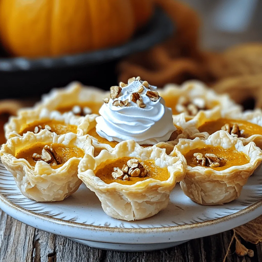 To make mini pumpkin pies, you will need the following ingredients: - 1 cup pumpkin puree - 1/2 cup sweetened condensed milk - 1/3 cup packed brown sugar - 1/2 teaspoon ground cinnamon - 1/4 teaspoon ground nutmeg - 1/4 teaspoon ground ginger - 1/8 teaspoon salt - 1 large egg - 1 package (15-20 count) pre-made mini phyllo pastry shells - Whipped cream for serving (optional) - Crushed pecans for garnish (optional) The essential ingredients are pumpkin puree, sweetened condensed milk, and the spices. These give your pies their flavor and creaminess. The egg helps bind everything together. The mini phyllo pastry shells are also a must for the crust. Optional ingredients include whipped cream and crushed pecans. Whipped cream adds a nice touch on top. Pecans give a bit of crunch and flavor. You can skip these if you want a simpler dessert. When choosing pumpkin puree, look for 100% pure pumpkin. Avoid products with added sugars or flavors. For sweetened condensed milk, pick a brand that uses real milk. Fresh spices provide better flavor than old ones. Always check the expiration dates on your ingredients. Quality ingredients make a big difference in taste. For the best results, use fresh eggs and high-quality pastry shells. Try to source local ingredients when possible. This supports local farmers and often yields better taste. Following these tips ensures your mini pumpkin pies will be tasty and satisfying. For the full recipe, check out the detailed instructions. Start by preheating your oven to 350°F (175°C). This makes sure it's hot when the pies go in. In a medium bowl, mix 1 cup of pumpkin puree, 1/2 cup of sweetened condensed milk, and 1/3 cup of packed brown sugar. Add 1/2 teaspoon of ground cinnamon, 1/4 teaspoon of ground nutmeg, 1/4 teaspoon of ground ginger, and 1/8 teaspoon of salt. Crack in 1 large egg. Whisk everything together until it is smooth and creamy. Next, gather your mini phyllo pastry shells. You will need about 15 to 20 shells, depending on how full you fill them. Place them on a baking sheet with some space between each shell. Carefully pour your pumpkin mix into each shell, filling them about three-quarters full. Do not overfill, or they might spill while baking. Slide the baking sheet into the preheated oven. Bake the mini pumpkin pies for 25 to 30 minutes. Keep an eye on them. They are done when the filling is set and the edges are golden brown. This step is key for a perfect texture. After baking, take the mini pumpkin pies out of the oven. Let them cool on the baking sheet for a few minutes. Then, move them to a wire rack to cool completely. For serving, you can enjoy them warm or at room temperature. Top them with whipped cream and crushed pecans if you like. This adds a nice touch and makes them look great. Find the full recipe for more details on making these tasty treats. To bake perfect mini pumpkin pies, follow these tips: - Preheat your oven to 350°F (175°C). This step is key for even baking. - Use fresh ingredients for the best flavor. Check for quality in your pumpkin puree and spices. - Fill each phyllo shell about three-quarters full. This prevents overflow while baking. - Bake until the edges are golden brown. This usually takes 25-30 minutes. Check for a firm filling. Here are some common mistakes to watch out for: - Overfilling the shells can cause a mess. Stick to the three-quarters rule. - Not whisking the filling enough may lead to lumps. Make sure it’s smooth. - Skipping the cooling period can affect taste and texture. Let them cool before serving. For the best flavor and texture in your mini pumpkin pies: - Use fresh spices instead of old ones. Fresh spices pack more flavor. - Let the mixture sit for a few minutes after mixing. This allows flavors to blend. - Top with whipped cream and crushed pecans for added crunch. This enhances both flavor and presentation. For the full recipe, check the section above! {{image_4}} To make vegan mini pumpkin pies, swap the egg and sweetened condensed milk. Use 1/4 cup of silken tofu blended until smooth. Replace sweetened condensed milk with coconut milk or almond milk. This keeps the filling creamy and delicious. Follow the same steps from the Full Recipe to assemble your mini pies. The flavors remain rich and festive. For gluten-free mini pumpkin pies, choose a gluten-free pre-made pastry shell. You can find these at many grocery stores. Make sure the ingredients do not contain any gluten. The filling from the Full Recipe is already gluten-free. This means you can enjoy these tasty pies without worry. You can easily add new flavors to your mini pumpkin pies. Try mixing in chocolate chips for a sweet twist. Just fold in 1/2 cup of mini chocolate chips after mixing in the pumpkin filling. For a caramel touch, drizzle caramel sauce over the tops before serving. These fun additions make your pies even more exciting. To store leftover mini pumpkin pies, let them cool completely. Place them in an airtight container. You can keep them in the fridge for up to four days. Make sure to layer parchment paper between the pies to avoid sticking. This keeps each pie fresh and intact. Freezing mini pumpkin pies is easy and great for later. First, let them cool fully. Then, wrap each pie in plastic wrap. Place the wrapped pies in a freezer-safe bag or container. They can last up to three months in the freezer. When you're ready to enjoy them, simply take out what you need. Reheating mini pumpkin pies is simple. Preheat your oven to 350°F (175°C). Place the pies on a baking sheet and cover them with foil. Heat them for about 10-15 minutes. This method keeps the crust crispy. You can also use the microwave, but the crust may become soft. Heat each pie for about 30 seconds to 1 minute, checking often. Enjoy your mini pumpkin pies warm, just like when they first came out of the oven! Yes, you can use fresh pumpkin! First, pick a sugar pumpkin or pie pumpkin. These types are sweeter and smoother than regular pumpkins. To prepare, cut the pumpkin, remove the seeds, and roast it until soft. Once cooked, scoop out the flesh and mash it well. Measure out one cup, and it's ready to use in your mini pumpkin pies. Fresh pumpkin gives a great taste and a lovely texture. Mini pumpkin pies can last up to four days in the fridge. Store them in an airtight container to keep them fresh. If you want to enjoy them later, you can freeze them. Just wrap each pie tightly in plastic wrap, then place them in a freezer bag. They can last for up to two months in the freezer. You can find pre-made mini pumpkin pies at many grocery stores. Check the frozen dessert aisle or the bakery section. Some stores may even have them during fall and holiday seasons. If you want a quick treat, look for local bakeries that specialize in seasonal desserts. They might have fresh options for you to enjoy. For a homemade touch, consider trying the full recipe! Mini pumpkin pies are fun and tasty. We explored the key ingredients you'll need, both essential and optional. You learned step-by-step how to prepare, bake, cool, and serve these treats. I shared tips for perfect pies and noted common mistakes. You can even try vegan and gluten-free options or add fun flavors. Finally, I provided storage tips to keep your pies fresh. With this knowledge, you're ready to make the best mini pumpkin pies. Enjoy each bite of your homemade delights!