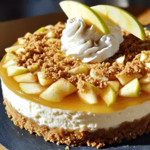 To make a delicious Apple Crumble Cheesecake, you will need the following ingredients: - 1 ½ cups graham cracker crumbs - ½ cup unsalted butter, melted - 1 cup cream cheese, softened at room temperature - 1 cup granulated sugar - 1 teaspoon pure vanilla extract - 3 large eggs, at room temperature - 2 cups apples, peeled and diced (preferably Granny Smith for tartness) - 1 teaspoon ground cinnamon - ½ teaspoon ground nutmeg - ¼ cup packed brown sugar - 1 cup old-fashioned oats - ½ cup all-purpose flour Gather these items to start your baking adventure. Each ingredient plays a key role in achieving the perfect balance of flavors and textures in your cheesecake. The graham cracker crumbs create a crunchy crust, while the cream cheese gives it that creamy richness. The Granny Smith apples add a lovely tartness that complements the sweet crumble topping perfectly. With these ingredients in hand, you are ready to create a dessert that will impress anyone at your table. If you want the full details on how to make this delicious treat, check out the Full Recipe! Set your oven to 325°F (160°C). Take a 9-inch springform pan and grease it well. Use cooking spray or softened butter to ensure easy release later. In a medium bowl, combine 1 ½ cups of graham cracker crumbs with ½ cup of melted butter. Mix until it looks like wet sand. Firmly press this mixture into the bottom of your springform pan. Bake it in the preheated oven for 10 minutes. After baking, let it cool completely. In a large bowl, beat 1 cup of softened cream cheese until smooth. Gradually add 1 cup of granulated sugar and 1 teaspoon of vanilla extract. Mix until it is all smooth and creamy. Then, add 3 large eggs one at a time. Beat well after each addition. Make sure there are no lumps. Next, gently fold in 2 cups of diced apples, 1 teaspoon of ground cinnamon, and ½ teaspoon of ground nutmeg. Pour the apple cheesecake filling over the cooled crust. Use a spatula to smooth the top and make it even. For the crumble topping, mix 1 cup of old-fashioned oats, ½ cup of all-purpose flour, and ¼ cup of packed brown sugar in a separate bowl. Add a pinch of cinnamon and a few tablespoons of melted butter. Stir until it looks crumbly. Sprinkle this topping over the cheesecake filling. Now, place the cheesecake in the oven. Bake for 50-60 minutes. The center should be set but still jiggle slightly. Check doneness by inserting a toothpick in the center. It should come out mostly clean with a few moist crumbs. Once baked, turn off the oven. Crack open the door and let the cheesecake cool inside for about an hour. After that, cover it and refrigerate for at least 4 hours. For best results, chill overnight. Now you have a delicious Apple Crumble Cheesecake! For the complete recipe, be sure to check [Full Recipe]. - Best apples to use for flavor: I love using Granny Smith apples. They are tart and balance the sweetness of the cheesecake. Their firm texture holds up well during baking, adding a nice bite to each slice. You can also try Honeycrisp for a sweeter taste or Fuji for a more aromatic flavor. - Importance of room temperature ingredients: Always use room temperature ingredients. Softened cream cheese blends better, creating a smooth filling. Eggs at room temperature mix in evenly, helping the cheesecake rise. This simple tip makes a big difference in texture. - Overmixing the batter: Be gentle when mixing the batter. Overmixing can introduce too much air, leading to cracks. Mix until just combined for a creamy, rich cheesecake. - Not allowing cheesecake to cool properly: Cooling is key. If you rush this step, your cheesecake may crack. Let it cool in the oven with the door ajar for an hour. Then, chill it in the fridge for at least four hours. This helps it set perfectly. - Serving suggestions with toppings: Serve each slice with a dollop of whipped cream or a scoop of vanilla ice cream. This adds creaminess and enhances the flavors. - Garnishing ideas for visual appeal: For a beautiful touch, garnish with thin apple slices and a sprinkle of cinnamon. This not only looks nice but also adds extra flavor. A drizzle of caramel can make it even more tempting! For the full recipe, check out the details above. Enjoy your baking! {{image_4}} You can easily change the flavor of your apple crumble cheesecake. One tasty option is adding a caramel drizzle. This sweet touch gives a rich flavor that pairs well with the apples. Simply warm some caramel sauce and drizzle it over each slice before serving. You can also use different fruits in the recipe. While apples are classic, try pears or peaches for a twist. Just remember to adjust the spices slightly. This keeps the flavor fresh and exciting. If you need a gluten-free option, use almond flour or gluten-free cookie crumbs for the crust. These options work well and still taste great. You can also find gluten-free oats for the crumble topping. Looking to cut back on sugar? Use natural sweeteners like honey or maple syrup instead of granulated sugar. Adjust the amount to taste. This will keep your cheesecake tasty while making it a bit healthier. Planning a smaller get-together? You can halve the recipe for fewer servings. Use a smaller pan, like a 6-inch springform pan, to bake. This way, you don’t waste any delicious cheesecake. For larger gatherings, double the recipe. Use a 10-inch pan and bake a bit longer. This makes sure everyone gets a slice of your amazing apple crumble cheesecake. For the full recipe, check the detailed steps and ingredients provided above. To keep your cheesecake fresh, store leftovers in the fridge. Place slices in an airtight container. This helps prevent drying out. If you don’t have a container, wrap slices tightly in plastic wrap. Your cheesecake will stay fresh for up to 5 days. Always check for any signs of spoilage before eating. Freezing your cheesecake is a great way to enjoy it later. First, cool the cheesecake completely. Once cool, wrap it tightly in plastic wrap. Then, add a layer of aluminum foil. This helps protect it from freezer burn. You can freeze it for up to 3 months. When you want to enjoy it again, take it out of the freezer. Place it in the fridge overnight to thaw slowly. If you're in a hurry, you can leave it at room temperature for a few hours. Avoid using a microwave, as it can change the texture. Enjoy your cheesecake just like fresh! To keep your cheesecake smooth, use room temperature ingredients. Cold cream cheese can lead to lumps, which may crack during baking. Mix slowly, and avoid overbeating the eggs. This helps keep the air from expanding too much. - Mix cream cheese first, then add sugar. - Add eggs one at a time. - Bake in a water bath for even heat. Yes, making this cheesecake a day ahead is a great idea! It allows the flavors to meld and improves the texture. Just cover it well and store it in the fridge. This helps keep it fresh. - Prepare the cheesecake and let it cool. - Cover tightly with plastic wrap. - Refrigerate for up to three days. You can serve this cheesecake with many tasty sides. Here are some ideas: - Whipped cream for added creaminess. - Vanilla ice cream for a classic pairing. - Fresh apple slices for a crunchy bite. - Caramel sauce for extra sweetness. These pairings will enhance your dessert experience. Enjoy your Apple Crumble Cheesecake! You now have a complete guide to making Apple Crumble Cheesecake. We covered key ingredients, simple steps, and helpful tips to ensure your success. From choosing the best apples to avoiding common mistakes, you’re ready to impress. Experiment with variations or try freezing leftovers to enjoy later. This dessert brings joy to any gathering. Happy baking, and enjoy each tasty bite of your masterpiece!