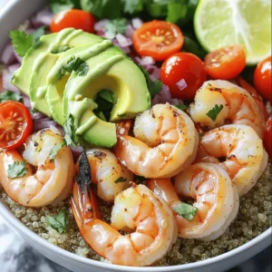 To make your Easy Grilled Shrimp Bowl with Avocado Delight, gather these fresh ingredients: - 1 pound large shrimp, peeled and deveined - 2 ripe avocados, sliced into wedges - 1 cup cooked quinoa, preferably chilled - 1 cup cherry tomatoes, halved for freshness - 1 small red onion, finely diced - 1 lime, juiced to brighten flavors - 2 tablespoons extra virgin olive oil for richness - 1 teaspoon ground cumin to add warmth - 1 teaspoon garlic powder for depth - Salt and freshly ground black pepper to taste - A handful of fresh cilantro leaves for garnish This shrimp bowl is not only tasty but also healthy. Each serving offers: - Approximately 400 calories - 25 grams of protein - 20 grams of healthy fats - 30 grams of carbs - High in vitamins from veggies like avocados and tomatoes This balance makes it a great meal for many diets. To keep your shrimp bowl fresh: - Buy shrimp that smells ocean-fresh, not fishy. - Choose ripe avocados that gently yield to pressure. - Use chilled quinoa for a refreshing touch. - Store any leftovers in an airtight container in the fridge. Enjoy your vibrant, nutrient-packed bowl! For the full recipe, check the earlier section. Start by making the marinade. In a medium bowl, mix olive oil, lime juice, ground cumin, garlic powder, salt, and pepper. Whisk until smooth. This marinade brings great flavor to the shrimp. Add the peeled and deveined shrimp to the bowl. Make sure they are well coated. Cover the bowl and let it sit for 15-20 minutes. This time allows the flavors to soak into the shrimp. While the shrimp marinate, heat your grill. Set it to medium-high heat. Once hot, add the marinated shrimp in a single layer. Grill each side for 2-3 minutes. You will know they are done when they turn pink and opaque. Be careful not to overcook them. Remove the shrimp from the grill and set them aside. To build your shrimp bowl, start with quinoa at the bottom. Use a generous scoop to create a base. Next, add a portion of grilled shrimp on top. Then, layer vibrant avocado wedges, halved cherry tomatoes, and diced red onion. Drizzle any leftover lime dressing over the top for extra flavor. Finally, finish with fresh cilantro leaves for color. For the full recipe, check out the Zesty Grilled Shrimp Bowl with Avocado Delight! Grilling shrimp is quick and easy. Preheat your grill to medium-high heat. Cook shrimp for 2-3 minutes on each side. They should turn pink and opaque when done. Watch them closely to avoid overcooking. Overcooked shrimp can be tough and chewy. Serve your shrimp bowl in a colorful dish to make it pop. Add lime wedges on the side for extra zest. You can also pair this bowl with a light salad or crispy tortilla chips. This adds variety and crunch to your meal. To boost flavors, consider adding spices. Smoked paprika or chili powder can add warmth. Fresh herbs like basil or parsley can brighten the dish. You can also use different oils, like avocado oil, for a unique taste. Try mixing in some diced mango or pineapple for a sweet twist. For a bit of heat, add sliced jalapeños. These small changes can transform your dish into a flavor-packed feast. For the complete recipe, check out the Full Recipe section. {{image_4}} If shrimp isn't your favorite, try chicken or tofu. Chicken thighs work well, too. Simply marinate them like shrimp. For tofu, press it first to remove water. Then, cut it into cubes and marinate. Grill it until crispy. Both options add great flavor to your bowl. Quinoa is great, but many grains can fit in this bowl. Brown rice is a hearty choice. It adds a nutty flavor. You can also use farro or barley for a chewy texture. If you want something lighter, try cauliflower rice. Each grain brings its own taste and texture. Feel free to mix up the flavors! Add some spice with chili powder or smoked paprika. You can also toss in nuts for crunch. Pine nuts or sliced almonds work well. Fresh herbs, like basil or mint, can add unique notes. Experiment to find your favorite combo! For the full recipe, check the complete details above. After enjoying your grilled shrimp bowl, store any leftovers in an airtight container. This helps keep the shrimp and veggies fresh. The bowl will stay good in the fridge for up to three days. Make sure to separate the quinoa and shrimp from the avocado to avoid browning. When you're ready to eat the leftovers, heat them gently. Use a microwave or a skillet on low heat. If you use a microwave, cover the bowl with a damp paper towel. This keeps the shrimp moist. Heat for about one to two minutes, checking often. Avoid overcooking, or the shrimp may turn rubbery. If you want to save the shrimp bowl for later, you can freeze it. However, I recommend freezing only the shrimp and quinoa. The avocado and tomatoes do not freeze well. Place the shrimp and quinoa in a freezer-safe bag and remove as much air as possible. They can stay in the freezer for about two months. When you're ready to eat, thaw them in the fridge overnight before reheating. For the full recipe, check the complete details mentioned above. To boost shrimp flavor, use a zesty marinade. I mix olive oil, lime juice, cumin, garlic powder, salt, and pepper. Let the shrimp soak in this mix for 15 to 20 minutes. This allows the flavors to soak in. You can also add chopped herbs or spices for extra zing. Fresh herbs like parsley or dill work great. Yes, you can prepare parts of this dish ahead. Cook the quinoa and store it in the fridge. You can also marinate the shrimp a few hours before grilling. Just remember to grill the shrimp right before serving for best taste. Avocados should be cut just before serving to keep them fresh. This shrimp bowl pairs well with many sides. You can add a fresh salad or grilled veggies for crunch. Serve with lime wedges for extra zing. If you want something heartier, consider adding black beans or corn. These sides balance the lightness of shrimp and avocado nicely. You now have all the tools to make a tasty shrimp bowl. We covered key ingredients, step-by-step cooking, and smart tips. Remember to marinate for flavor and grill just right. Don't forget about fun variations like different grains or proteins. Store leftovers properly to enjoy later. With these insights, you’ll create a delicious meal that impresses everyone. Enjoy your cooking adventure!