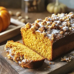 - 1 ½ cups all-purpose flour - 1 teaspoon baking powder - 1 teaspoon baking soda - ½ teaspoon salt - 1 teaspoon ground cinnamon - ½ teaspoon ground nutmeg - ½ teaspoon ground ginger - ¾ cup granulated sugar - ½ cup packed brown sugar - ½ cup vegetable oil - 2 large eggs - 1 cup pumpkin puree (canned or fresh) - 1 teaspoon vanilla extract - ½ cup chopped walnuts or pecans To make moist pumpkin bread, you need to balance the dry and wet ingredients. The dry ingredients create the base, while the wet ingredients add flavor and moisture. For the dry ingredients, I always use all-purpose flour, baking powder, and baking soda. Salt is key to enhance flavor. The spices—cinnamon, nutmeg, and ginger—give the bread its warm, cozy taste. For the wet ingredients, combine both sugars and oil. This mix adds sweetness and richness. Then, the eggs help bind everything together. Pumpkin puree is vital for that moist texture. Finally, vanilla extract rounds out the flavor. Optional add-ins like chopped walnuts or pecans can add a nice crunch. If you enjoy nuts, fold them in during the mixing stage. Check the Full Recipe for more details on preparation. - Preheat oven to 350°F (175°C). - Grease or line a standard loaf pan (9x5 inches). - In a bowl, combine 1 ½ cups all-purpose flour, 1 teaspoon baking powder, 1 teaspoon baking soda, ½ teaspoon salt, 1 teaspoon ground cinnamon, ½ teaspoon ground nutmeg, and ½ teaspoon ground ginger. This mix gives your bread flavor and lift. - In another bowl, blend ¾ cup granulated sugar, ½ cup packed brown sugar, and ½ cup vegetable oil. Mix well until smooth. - Gradually add the dry ingredients to the wet mix. Stir gently until just combined. Overmixing can make the bread tough. - If you want a crunch, fold in ½ cup chopped walnuts or pecans now. - Pour the batter into your greased or lined loaf pan. Use a spatula to smooth the surface. - For the streusel topping, in a small bowl, mix ½ cup all-purpose flour, ¼ cup packed brown sugar, and ¼ teaspoon ground cinnamon. Pour in ¼ cup melted butter and stir until crumbly. Evenly sprinkle this topping over the batter. Now you're ready to bake! For the full recipe, refer to the earlier section. To make your pumpkin bread moist, avoid overmixing. When you mix the batter, do it just enough to combine the wet and dry ingredients. Overmixing can make the bread dense. Another key tip is to add more pumpkin puree. This ingredient brings extra moisture and flavor to your bread. Aim for about 1 ¼ cups if you want it even moister. For the perfect streusel topping, aim for a crumbly texture. Mix the flour, brown sugar, and melted butter until it looks like coarse crumbs. If you want to mix things up, consider adding spices to your streusel. A pinch of nutmeg or ginger can add a nice twist to the flavor. To check if your bread is done, use a toothpick. Insert it into the center; if it comes out clean, the bread is ready. After baking, let it cool for about 10 minutes in the pan. This step helps the bread set. Then, transfer it to a wire rack for full cooling. Slicing too soon can lead to a messy loaf. {{image_4}} You can change the flavor of your pumpkin bread in fun ways. Adding chocolate chips makes it sweet and rich. Dried fruit like raisins or cranberries adds a chewy texture. You can also mix in spices like cloves or allspice. This will deepen the flavor and add warmth. If you need a gluten-free option, use a gluten-free flour blend. This swap works well and keeps the bread moist. For vegan pumpkin bread, replace eggs with flax eggs or applesauce. You can also use plant-based milk instead of dairy products. These simple swaps let everyone enjoy this delicious bread. Serve your pumpkin bread with cream cheese for a tasty treat. You can also spread butter or a fruit jam on top. For a festive touch, sprinkle some pumpkin seeds on the top. Adding a dusting of powdered sugar makes it look nice. This bread pairs well with coffee or tea for a cozy snack. Enjoy experimenting with these ideas! To keep your pumpkin bread fresh, use an airtight container. This prevents air from making it dry. Place the bread in the container after it cools. You can store it at room temperature for about three days. If you want to keep it longer, consider freezing it. Freezing pumpkin bread is simple. Wrap it tightly in plastic wrap or aluminum foil. Then, place it in a freezer-safe bag. Be sure to remove as much air as possible. This helps prevent freezer burn. When you're ready to eat it, thaw the bread in the fridge overnight. For quick thawing, you can leave it at room temperature for a few hours. In the fridge, pumpkin bread lasts up to a week. If you freeze it, it can last for three months. Just remember to label the bag with the date. This way, you know how long it has been stored. Always check for signs of spoilage before enjoying your pumpkin bread again. Yes, you can use fresh pumpkin. Fresh pumpkin gives a bright flavor. However, it requires more work. You must peel, seed, and cook it before pureeing. Canned pumpkin is easy and saves time. It also has a consistent texture. Both options are tasty, so choose what fits you best. To check if your bread is done, use a toothpick. Insert it in the center of the loaf. If it comes out clean, your bread is ready. If it has wet batter, bake a bit longer. You can also gently press the top of the loaf. If it springs back, it is done. Yes, you can replace eggs. Common substitutes include applesauce, mashed bananas, or flaxseed meal. Use 1/4 cup of applesauce or 1/4 cup of mashed banana per egg. If using flaxseed meal, mix 1 tablespoon with 2.5 tablespoons of water. Let it sit for a few minutes to thicken. These options may change the texture slightly. If your bread is dry, there are a few fixes. You can add more pumpkin puree next time. This adds moisture and flavor. Also, avoid overmixing the batter. This can dry out your bread. Lastly, try covering it with foil while baking to keep it moist. If it’s already baked, serve it with butter or cream cheese for added moisture. This blog post covered all the essential steps to make delicious pumpkin bread. We looked at the right mix of dry and wet ingredients, plus optional add-ins that enhance flavor. Tips on moisture and baking helped ensure great results. Remember to store your bread properly to keep it fresh. With so many variations and serving ideas, you can enjoy pumpkin bread your way. Dive into baking, and enjoy creating your own tasty version.